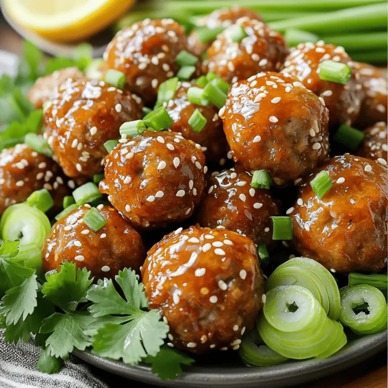- 1 lb ground beef (or turkey) - 1/2 cup breadcrumbs (seasoned preferred) - 1/4 cup grated Parmesan cheese - 1/4 cup fresh parsley, finely chopped - 1 large egg - 2 cloves garlic, minced - 1 teaspoon onion powder - 1/2 teaspoon salt - 1/2 teaspoon black pepper - 1/4 cup honey - 2 tablespoons soy sauce - 1 tablespoon sriracha (adjust to taste) - 1 tablespoon rice vinegar - 1 tablespoon sesame oil - Garnish options: green onions, sesame seeds Gather these ingredients for your sweet and spicy meatballs. You can easily change the meat to turkey for a lighter dish. The breadcrumbs add texture and flavor, while Parmesan gives a tasty kick. Don’t forget the parsley; it adds color and freshness. For the sauce, you mix honey, soy sauce, and sriracha. This combo gives the meatballs their sweet and spicy flavor. Rice vinegar and sesame oil round out the taste. You can use green onions or sesame seeds to make your dish look pretty. For the full recipe, refer to the section below. 1. Preheat your oven to 400°F (200°C). This helps cook the meatballs evenly. 2. Line a baking sheet with parchment paper. This makes cleanup easy and keeps the meatballs from sticking. 3. In a large bowl, mix the ground beef, breadcrumbs, grated Parmesan cheese, parsley, egg, minced garlic, onion powder, salt, and black pepper. Use your hands or a spoon. Be gentle; this keeps the meatballs tender. 1. Form the mixture into 1-inch meatballs. Place them on the baking sheet with space between each. 2. In a new bowl, whisk together honey, soy sauce, sriracha, rice vinegar, and sesame oil until smooth. Taste it! Adjust the spice as needed. 3. Bake the meatballs for 15-20 minutes. They should be golden brown and reach 160°F (70°C) inside. 4. In the last 5 minutes, drizzle the sweet and spicy glaze over the meatballs. Make sure they are well-coated. 1. Once the meatballs are done, take them out of the oven. Let them rest for a few minutes. This helps the flavors mix well. 2. Move the meatballs to a serving platter. Garnish with sliced green onions and sesame seeds for a pop of color and texture. Enjoy these tasty bites! - Avoid overworking the meat mixture: When you mix the meat, do it gently. Overworking can make meatballs tough. Just mix until all ingredients are blended and then stop. This keeps them soft and juicy. - Adjusting spice levels in the glaze: Want more heat? Add more sriracha. Prefer it mild? Cut back on the hot sauce. Always taste the glaze before using it. You can change it to fit your taste. - Presentation ideas for gatherings: Serve the meatballs on a bright platter. Drizzle extra glaze on top. Add sliced green onions and sesame seeds for a colorful look. Use toothpicks for easy serving. Guests will love the style. - Pairing options for a complete meal: These meatballs go great with rice or noodles. You could also serve them with a fresh salad. For a fun twist, use them in a sub sandwich. Each option makes for a tasty meal. You can check the Full Recipe for more details. {{image_4}} You can switch up the ground beef in this recipe. Try using ground turkey for a lighter meatball. Ground chicken also works well. If you're looking for a plant-based option, consider lentils or chickpeas. They offer a hearty texture and absorb flavors nicely. If you need gluten-free options, use gluten-free breadcrumbs instead. These can be found at most grocery stores. You can also make your own by processing gluten-free bread into crumbs. This keeps your meatballs tender and tasty. Adjust the heat level to suit your taste. Use different hot sauces like jalapeño or habanero sauce for a kick. You can also add more or less sriracha based on how spicy you want your meatballs. Just remember to taste the glaze before pouring it over the meatballs. Adding vegetables can create a fun twist. Grate carrots or zucchini into the meat mixture for added nutrition. You could also mix in finely chopped bell peppers for sweetness and color. These additions will keep your meatballs moist and flavorful. To store leftovers, let the meatballs cool first. Place them in an airtight container. Keep the container in the fridge. They will stay fresh for up to three days. When ready to eat, just reheat them in the microwave or on the stove. Make sure they are hot all the way through before serving. If you want to freeze the meatballs, let them cool completely first. Arrange them on a baking sheet in a single layer. Place them in the freezer for about 1-2 hours until they are firm. Then, transfer them to a freezer bag or airtight container. They can last in the freezer for up to three months. To thaw, move the meatballs to the fridge overnight. For quick thawing, place them in a microwave-safe dish. Reheat them in the microwave or on the stovetop. Ensure they reach an internal temperature of 165°F (74°C) before serving. Enjoy the tasty leftovers from your Sweet and Spicy Meatballs Full Recipe! You can adjust the spice by adding more hot sauce. Start with the sriracha in the glaze. If you want more heat, add an extra teaspoon. You can also use different hot sauces. Try chipotle for a smoky flavor. For extra spice, add red pepper flakes to the meat mixture. Remember to taste as you go. This way, you can find the perfect heat level for you. Yes, you can make these meatballs ahead. Prepare the meatballs and glaze, then store them separately in the fridge. This keeps them fresh. You can also bake the meatballs and cool them before storing. They last about three days in the fridge. For longer storage, freeze the meatballs. Just make sure they cool completely first. When ready to eat, thaw them in the fridge overnight. Reheat in the oven for best results. Sweet and spicy meatballs pair well with many sides. Here are some tasty options: - Steamed rice or jasmine rice - Roasted vegetables like broccoli or carrots - A fresh salad with a light vinaigrette - Noodles tossed in sesame oil - Toasted bread or garlic bread These sides balance the flavors, making your meal even better. For the full recipe, check the link above! In this blog post, we explored making delicious Sweet and Spicy Meatballs. We covered the main ingredients, step-by-step instructions, and helpful tips. You learned about variations and storage options to keep your meatballs fresh. Remember, you can customize spice levels and use different proteins. These meatballs are great for gatherings or meal prep. Enjoy making this dish and impress your friends and family with your cooking skills!