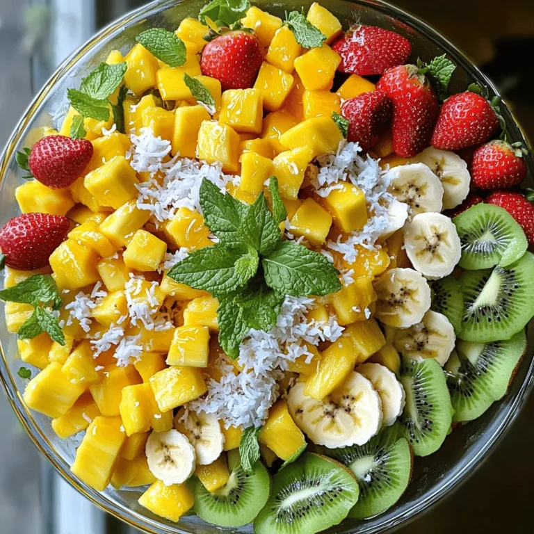 - 1 ripe pineapple, peeled and diced into bite-sized pieces - 2 ripe mangoes, peeled and diced into cubes - 2 bananas, sliced into rounds - 1 cup strawberries, hulled and cut in half - 1 cup kiwi, peeled and sliced into thin rounds - 1 cup unsweetened coconut flakes Each tropical fruit adds a burst of flavor. Pineapples bring sweetness and acidity. Mangoes add a rich, creamy taste. Bananas offer softness and mild sweetness. Strawberries introduce a juicy texture. Kiwis add a unique tartness. Coconut flakes give a nutty crunch. - Juice of 2 limes (freshly squeezed for maximum flavor) - 1 tablespoon honey (optional for sweetness) Fresh lime juice brightens the salad. It adds a zesty kick that balances the sweetness. Honey acts as a natural sweetener. You can skip it if you prefer less sweetness. - Fresh mint leaves Mint leaves not only look pretty, but they also add a refreshing flavor. They enhance the tropical vibe of your fruit salad. Just sprinkle them on top before serving for a beautiful finish. For the complete mix of these ingredients, check out the Full Recipe! To make the perfect tropical fruit salad, start with the pineapple. - Peeling and Dicing Pineapple: Place the pineapple upright. Cut off the top and base. Stand it on the flat base. Slice off the skin in strips, following the fruit’s curve. Cut the pineapple into slices, then into bite-sized cubes. - Peeling and Dicing Mangoes: Hold the mango upright. The pit runs in the center, so slice off each side. Peel the skin off with a knife or your hands. Dice the mango flesh into cubes. - Slicing Bananas: Simply peel the bananas. Use a knife to slice them into round pieces. Aim for about half an inch thick. - Preparing Kiwi: Cut off both ends of the kiwi. Use a spoon to scoop out the flesh. Slice the kiwi into thin rounds for a colorful touch. Now that you have all your fruits prepared, it’s time to mix. - Combining the Prepared Fruits in a Bowl: In a large bowl, gently add all the diced fruits. Use a spatula or a large spoon to mix them. Be gentle to keep the fruit intact. - Preparing the Lime Juice and Honey Dressing: In a small bowl, squeeze the juice of two limes. If you like it sweet, add a tablespoon of honey. Whisk them together until mixed. This is where your salad comes together. - Tossing the Salad and Adding Coconut Flakes: Drizzle your lime dressing over the fruit. Toss the salad carefully so every piece gets coated. Then sprinkle in the coconut flakes. Fold them in gently. - Tips for Refrigerating and Flavor Melding: Cover your bowl with plastic wrap. Place it in the fridge for about 30 minutes. This helps the flavors mix well and makes it extra refreshing! To boost the sweetness of your tropical fruit salad, you can use honey. Just add a tablespoon and mix it in. Honey gives a nice touch without overpowering the fruits. You can change the amount based on your taste. Fresh lime juice is key for flavor. It adds a tangy kick that brightens the salad. Use freshly squeezed juice from two limes for the best taste. It makes a big difference! For a stunning display, serve the salad in a large, clear glass bowl. This lets the bright colors shine through. You can also layer the fruits for a fun look. Add a sprig of fresh mint on top as a garnish. It gives a pop of green and adds freshness. You can use pretty bowls or jars for individual servings too. Picking ripe fruits is crucial. Look for pineapples that are golden and smell sweet. Mangoes should feel slightly soft to the touch. Bananas should be yellow with a few brown spots. For strawberries, choose bright red ones with green tops. Kiwi should be firm but give a little when pressed. Check for seasonal fruits too; they taste better and cost less! {{image_4}} When making a tropical fruit salad, you can mix in other fruits for fun flavors. Here are some options: - Passion fruit: This fruit adds a tangy and sweet taste. Its seeds give a nice crunch. - Papaya: Papaya has a soft texture and sweet flavor. It pairs well with other fruits. - Dragon fruit: With its bright color, dragon fruit adds visual appeal. It has a mild sweetness and a unique texture. Adding these fruits creates a more exciting salad. Feel free to experiment with different combinations. You can switch up the dressing for your tropical fruit salad. Here are two tasty options: - Yogurt-based dressing option: Mix yogurt with lime juice for a creamy addition. This adds a nice tang and richness. - Mint or basil-infused variations: Blend fresh mint or basil into your lime juice. This adds a refreshing and aromatic twist. These dressings can elevate your fruit salad, making it more special. How you serve the fruit salad can make a difference. Here are some fun serving ideas: - Tropical fruit salad skewers: Thread the fruits onto skewers for a fun, grab-and-go snack. This makes it easy to enjoy at parties. - Layered in jars for individual servings: Layer the fruits in small jars for a cute presentation. This also makes portion control easy. These serving styles can enhance the experience of your tropical fruit salad. Enjoy the flavors and colors of each bite! To keep your tropical fruit salad fresh, store leftovers in an airtight container. This prevents air from drying out the fruits. Use glass or plastic containers with tight lids for the best results. Always place the container in the refrigerator right after serving. This helps maintain the flavors and texture. In the refrigerator, tropical fruit salad lasts about 2 to 3 days. However, the fruits may start to lose their crunch and freshness after the first day. Signs of spoilage include a sour smell, discoloration, or mushy fruit. If you notice any of these signs, it's best to discard the salad. Yes, you can freeze tropical fruit salad, but some fruits may change texture. Pineapple and mango freeze well, while bananas and strawberries may become mushy. To freeze, place the salad in a freezer-safe container. Leave some space at the top, as the salad will expand when frozen. When you’re ready to enjoy it again, thaw the salad in the refrigerator overnight. This keeps the flavors intact. Serve it cold, and consider adding fresh lime juice for a zesty kick. Tropical fruit salad shines with bright, fresh flavors. Some of the best fruits are: - Pineapple - Mangoes - Bananas - Strawberries - Kiwi These fruits combine well and create a colorful mix. I often use ripe pineapple and juicy mangoes as a base. Bananas add creaminess, while strawberries offer a sweet burst. Kiwi brings a tart note that balances the sweetness perfectly. To make your tropical fruit salad more filling, add protein sources. Here are some ideas: - Greek yogurt - Chopped nuts like almonds or walnuts - Seeds such as chia or sunflower Greek yogurt adds creaminess and protein, making it more satisfying. Nuts or seeds add crunch and keep you full longer. Just sprinkle them on top or mix them in before serving. No, it is not necessary to use honey in your salad dressing. While honey adds sweetness, you can try these alternatives: - Maple syrup - Agave nectar - Stevia Each option offers a different flavor. If you want to skip sweeteners, just use lime juice alone. The natural sweetness from the fruits often shines through, making honey optional. This blog post covered how to make a vibrant tropical fruit salad. You learned about the best fruits, how to prepare them, and mix everything perfectly. We explored tips for enhancing flavor and serving ideas, plus fun variations to try. Remember, using fresh ingredients makes a big difference. With these steps, you can impress your family and friends. Enjoy creating a delicious, refreshing bowl of tropical goodness that brightens any meal.