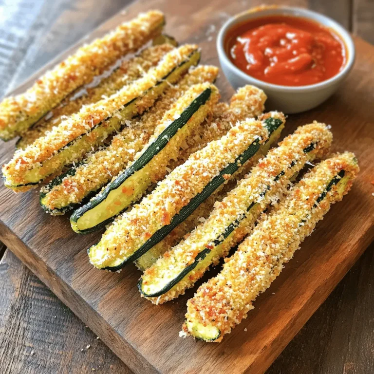 - 2 medium zucchinis - 1 cup panko breadcrumbs - ½ cup freshly grated Parmesan cheese - 1 teaspoon garlic powder - 1 teaspoon onion powder - ½ teaspoon paprika - ½ teaspoon salt - ½ teaspoon freshly ground black pepper - 2 large eggs, beaten - ¼ cup all-purpose flour - Cooking spray or olive oil The right ingredients make all the difference. Fresh zucchinis bring flavor and crunch. Panko breadcrumbs give the fries that extra crispy bite. Parmesan cheese adds a nice, salty kick. The spices—garlic powder, onion powder, and paprika—add depth to each fry. Don’t forget the salt and pepper for seasoning. The eggs help the coating stick, while flour gives a base for the breading. Using cooking spray or olive oil ensures the fries crisp up nicely in the oven. - Calories per serving: About 150 calories - Breakdown of macronutrients: - Protein: 6g - Carbohydrates: 15g - Fat: 7g Understanding the nutritional value helps you enjoy your snack guilt-free. Each serving has around 150 calories, making these fries a lighter option. With 6 grams of protein, they provide some muscle support. The carbs come mainly from zucchinis and breadcrumbs, giving you energy. The fat content is moderate, thanks to the olive oil or cooking spray. This balance makes these baked zucchini fries a tasty, healthy snack! For the full recipe, check out the detailed instructions to make these crispy delights. 1. Preheat your oven to 425°F (220°C). This will help cook the fries evenly. 2. Line a large baking sheet with parchment paper. This makes cleanup easy and keeps fries from sticking. 3. Wash the zucchinis under cool water. Trim off the ends using a sharp knife. 4. Slice the zucchinis into fry-shaped sticks, about 1/2 inch thick. This size helps them cook well. 1. Set up your breading station. Place flour in one shallow dish. In another dish, beat the eggs until combined. 2. In a third dish, mix the panko breadcrumbs, Parmesan cheese, garlic powder, onion powder, paprika, salt, and black pepper. Stir until mixed well. 3. Take a zucchini stick and dredge it in flour first. Shake off any extra flour. 4. Dip the floured zucchini into the beaten eggs. Let any extra egg drip off. 5. Roll the zucchini stick in the breadcrumb mixture. Press gently to make sure crumbs stick well. 1. Arrange the coated zucchini fries in a single layer on your baking sheet. Keep space between each fry for proper cooking. 2. For extra crunch, lightly spray with cooking spray or drizzle with olive oil. 3. Place the baking sheet in the oven. Bake for about 20-25 minutes. 4. Flip the fries halfway through the baking time. This helps them brown evenly. 5. Once golden brown and crispy, take the baking sheet out. Let the fries cool for a moment before serving. For the full recipe, check the section above. Enjoy your crispy zucchini fries! To get your zucchini fries nice and crispy, use panko breadcrumbs. They are lighter and crunchier than regular breadcrumbs. This makes a big difference in texture. Proper oiling also helps a lot. Lightly spray the fries with cooking spray or drizzle olive oil over them. This step helps the fries crisp up nicely in the oven. You can make your fries even tastier by adding spices or cheeses to the mix. Try adding cayenne pepper for heat or Italian herbs for a fresh kick. Grated Parmesan adds a rich flavor that pairs well with zucchini. For dipping, marinara sauce is a classic choice. You can also try garlic aioli or ranch dressing. These dips add extra flavor and make the snack more fun. One big mistake is overcrowding the baking sheet. If the fries touch, they won’t crisp up. Make sure to leave space between them. Another common error is not preheating the oven. Always preheat your oven to 425°F (220°C) before baking. This ensures even cooking and helps achieve that desirable crispiness. {{image_4}} You can make your Baked Zucchini Fries even healthier. Start by using whole wheat flour. Whole wheat flour adds fiber and nutrients. It also gives a nice nutty flavor. This small change makes your fries more nutritious. Another great swap is for the Parmesan cheese. You can use nutritional yeast instead of Parmesan. Nutritional yeast has a cheesy taste without the dairy. It's also rich in vitamins. This option is perfect for those who want a vegan snack. To boost the flavor, add fresh herbs. Oregano or thyme work well with zucchini. Just sprinkle some in the breadcrumb mix. The herbs will give your fries an aromatic touch. If you like heat, try cayenne pepper. Just a pinch can add a spicy kick. This twist will excite your taste buds. You can even create a spicy dipping sauce to match. You can serve these fries in many ways. They make a great side dish with any meal. Just pair them with your favorite main course. For a fun twist, use them as an appetizer. Serve with marinara or ranch for dipping. You can also add them to sandwiches or wraps. They can add crunch and flavor to your lunch. For the full recipe, check the earlier section. Enjoy these tasty variations! To keep your baked zucchini fries fresh, place them in an airtight container. This helps keep moisture out. You can store them in the fridge for up to three days. If you want them to last longer, freezing is a great option. To properly freeze your zucchini fries, let them cool completely. Lay them out in a single layer on a baking sheet. Freeze them for about an hour. Once firm, transfer them to a freezer bag. Make sure to remove as much air as you can. They can stay fresh for up to three months. When it comes to reheating, the oven is the best choice. It helps keep them crispy. Preheat your oven to 400°F (200°C). Place the fries on a baking sheet and heat for about 10-15 minutes. If using a microwave, they may get soggy. For best results, use the oven method. Enjoy your crispy fries again! Yes, you can prepare Baked Zucchini Fries in advance. Here’s how: - Slice the zucchinis: Cut them into fry-shaped sticks. - Prep the coating: Mix the breadcrumbs and spices. - Store separately: Keep the zucchini and coating in separate containers. - Refrigerate: This keeps them fresh until you are ready to bake. When you want to bake them, just follow the cooking steps. They will taste great even after some time in the fridge. Yes, you can make Baked Zucchini Fries gluten-free. Here are some options: - Use gluten-free breadcrumbs: Look for panko-style crumbs made without gluten. - Substitute flour: You can use almond flour or coconut flour instead of regular flour. These changes keep the dish crunchy and tasty without gluten. Soggy zucchini fries can be a letdown. Here are common reasons and fixes: - Too much moisture: Zucchini has a lot of water. Pat them dry before coating. - Not enough cooking time: Make sure to bake them long enough to crisp up. - Overcrowding the pan: Give them space on the baking sheet. This helps air flow. By fixing these issues, you can enjoy crispy, delicious fries every time. These baked zucchini fries are easy to make and delicious. We covered key ingredients and step-by-step instructions for perfect fries. I shared tips to enhance flavor and avoid common mistakes. You can try different variations and storage methods to suit your needs. In summary, you can enjoy these fries in many ways. They are a great snack or side dish. With the right steps, you can create a crunchy, tasty treat. Give these a try; your taste buds will thank you!