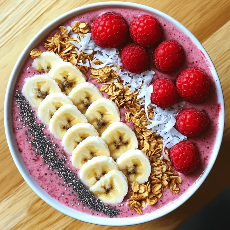 - 1 cup frozen raspberries - 1 ripe banana, sliced - 1/2 cup creamy coconut milk - 1/2 cup thick Greek yogurt The main ingredients create a creamy and fruity base. Frozen raspberries give a bright flavor and beautiful color. The ripe banana adds natural sweetness and creaminess. Coconut milk brings a smooth texture and a hint of tropical taste. Thick Greek yogurt makes the bowl rich and filling. - 1 tablespoon honey or maple syrup - 1/4 cup crunchy granola - 2 tablespoons unsweetened shredded coconut You can add honey or maple syrup if you want it sweeter. Granola gives a nice crunch, and shredded coconut adds extra flavor. These optional ingredients let you customize your bowl. - Fresh raspberries - Banana slices - Chia seeds For toppings, fresh raspberries add a pop of color. Banana slices bring more fruitiness. Chia seeds are a great source of nutrition and add a fun texture. You can mix and match these toppings to make your bowl unique. For the full recipe, check out the details above. First, gather your ingredients. You will need: - 1 cup frozen raspberries - 1 ripe banana, sliced - 1/2 cup creamy coconut milk - 1/2 cup thick Greek yogurt - 1 tablespoon honey or maple syrup (optional) Now, combine all these ingredients in a blender. If you want your smoothie sweeter, add honey or maple syrup here. Blend it all together. Blend on high speed until everything is smooth. You want a creamy texture. If it is too thick, add a splash more coconut milk. Keep blending until it looks just right. Carefully pour your smoothie into a bowl. This is where it gets fun! Now, add your toppings. Use crunchy granola for some bite. Sprinkle unsweetened shredded coconut on top for flavor. Place fresh raspberries and banana slices for a colorful touch. For extra nutrition, add a light dusting of chia seeds if you like. Enjoy your beautiful Raspberry Coconut Smoothie Bowl! You can find the full recipe above. You can control the thickness of your smoothie bowl by adjusting the coconut milk. If you want a thicker base, use less coconut milk. For a thinner smoothie, add more coconut milk. Start with the amount in the recipe. Blend it and check the consistency. If it’s too thick, add a splash of coconut milk. Blend again until it’s just right. If you like your smoothie sweet, add honey or maple syrup. You can mix it in before blending. Start with one tablespoon. Taste the smoothie after blending. If you want it sweeter, add a bit more. This way, you control the sweetness to fit your taste. Presentation makes your smoothie bowl fun and attractive. Try creative topping arrangements. Place fresh raspberries in a circle on top. Slice the banana and fan it out. Sprinkle granola and shredded coconut evenly. For a pop of color, add chia seeds in the center. This makes your bowl look beautiful and appetizing. Enjoy your vibrant Raspberry Coconut Smoothie Bowl! For the full recipe, check the section above. {{image_4}} You can switch up the fruits in your smoothie bowl. If you want a twist, try using other berries like strawberries or blueberries. Pineapple and mango add a tropical feel. Each fruit brings its own flavor and health benefits. Choose what you love or what you have on hand. If you prefer a dairy-free bowl, there are great alternatives to Greek yogurt. You can use coconut yogurt or almond yogurt. These options keep the creaminess while avoiding dairy. They also add their own unique flavors to the mix. Want to boost your smoothie bowl's nutrition? Consider adding protein powders or superfoods. Protein powder gives you energy and keeps you full. Superfoods like chia seeds or spirulina can make your bowl even healthier. They pack a lot of nutrients into a small amount. You can experiment with these add-ins to find what works best for you. You can store your smoothie bowl in the fridge for up to two days. Use an airtight container to keep it fresh. If you want to eat it later, give it a stir before serving. This helps mix the ingredients that may have separated. Yes, you can freeze the smoothie! Pour it into a freezer-safe container. It will stay good for about one month. When you're ready to enjoy, let it thaw in the fridge overnight. Blend it again for a smooth texture before serving. Preparing smoothie bowls in advance is easy. You can make the smoothie base and store it in the fridge. Just add toppings when you're ready to eat. This keeps the granola crunchy and the fruit fresh. For quick meals, portion out the smoothie mixture in jars. Grab one in the morning for a tasty breakfast. Check out the Full Recipe for more details! Yes, you can use fresh raspberries. The texture will be softer. Fresh raspberries add a bright flavor. However, they may not make your smoothie as cold and thick. Frozen raspberries help keep the smoothie bowl chilled. They also blend smoother than fresh ones. To make this smoothie bowl vegan, swap honey for maple syrup. Greek yogurt can be replaced with a plant-based yogurt. Almond or coconut yogurt works well. This keeps the creamy texture while making it dairy-free. If you don't have coconut milk, try almond milk or oat milk. Both options will keep your bowl smooth. Almond milk has a nutty taste, while oat milk is creamy. Each option gives a unique flavor to your smoothie bowl. This blog post showed you how to make a delicious smoothie bowl. We covered main ingredients like frozen raspberries, a ripe banana, and coconut milk. I shared tips for adjusting sweetness and making the bowl thicker or thinner. You also learned about fun topping suggestions and creative variations. Remember, you can customize your smoothie bowl to fit your taste. Enjoy making this healthy treat!