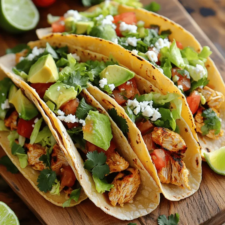 - Chicken: 2 boneless, skinless chicken breasts - Seasonings: smoked paprika, ground cumin, chili powder, garlic - Fresh Ingredients: lime juice, lettuce, tomatoes, avocado, cilantro - Feta cheese for added creaminess - Tortillas: small corn tortillas - Mixing bowl - Skillet - Cooking utensils When you make zesty chicken tacos, you want the best flavors. The main ingredients are key. The chicken gives a nice base. It is tender and juicy when cooked right. The seasonings bring warmth and depth. Smoked paprika adds a hint of smokiness. Ground cumin and chili powder give it a nice kick. Garlic makes everything better with its rich flavor. Fresh ingredients make your tacos burst with life. Lime juice adds brightness, while lettuce, tomatoes, and avocado give texture. Cilantro is a must for a fresh finish. You can also add feta cheese for a creamy touch. Small corn tortillas hold everything well. They make the perfect shell for your tacos. Gather your mixing bowl, skillet, and cooking utensils. These tools help you create this fun meal with ease. For the complete recipe, you can refer to the Full Recipe. To start, you need to combine the chicken with olive oil, spices, lime juice, and garlic. Take 2 boneless, skinless chicken breasts and cut them into small pieces. In a mixing bowl, place the chicken. Add 1 tablespoon of olive oil, 1 teaspoon of smoked paprika, 1 teaspoon of ground cumin, and 1 teaspoon of chili powder. Squeeze in the juice of 1 lime and add 2 minced garlic cloves. Add salt and black pepper to taste. Mix everything well so each piece gets coated. Next, heat a skillet over medium-high heat. When the skillet is hot, add the marinated chicken. Cook it for about 6 to 8 minutes. Stir regularly to cook evenly. You want the chicken to reach an internal temperature of 165°F (75°C). This will ensure it is fully cooked and safe to eat. While the chicken cooks, take another skillet and warm the corn tortillas. Heat them over medium heat for 1 to 2 minutes on each side. The tortillas should become soft and easy to work with. Keep them warm by covering them with a clean kitchen towel. Now it’s time to build your tacos! Start with one warm tortilla. Place a good amount of the zesty chicken in the center. Then, add a layer of shredded lettuce, diced tomatoes, and avocado slices. Top it off with fresh cilantro leaves for extra flavor. If you like, you can add crumbled feta cheese for creaminess. Serve your tacos right away while they are warm. Don't forget to add lime wedges on the side. Guests can squeeze lime over their tacos for an extra zesty kick! For the full recipe, be sure to check the complete guide. Enjoy your delicious meal! Marinating chicken makes it juicy and full of flavor. I suggest marinating for at least 30 minutes. This gives the spices time to soak in. If you can, marinate it longer, up to 4 hours. Just don't leave it too long, or the acid from the lime can make it mushy. To ensure an even coating of spices, mix the chicken well in your bowl. Use your hands to toss everything together. This way, every piece gets the same zesty treatment. For the right char on the chicken, preheat your skillet until it's hot. This helps create a nice sear on the chicken. Once you add the chicken, avoid stirring too much. Let it sit for a minute to develop that lovely crust. To check for doneness, use a meat thermometer. The chicken should reach 165°F (75°C). If you don’t have one, cut into a piece. It should be white all the way through, with no pink. Choosing the right tortillas is key to great tacos. I prefer small corn tortillas for their flavor and texture. They hold the filling well and add a nice crunch. To keep them warm and pliable, warm them in a skillet for 1-2 minutes on each side. Once they are warm, cover them with a clean kitchen towel. This keeps them soft until you're ready to serve. For the full recipe, refer to the [Full Recipe]. {{image_4}} You can switch up the protein in your tacos. Shrimp, beef, or tofu work well. Shrimp brings a sweet and fresh taste. Beef gives a hearty flavor that many love. Tofu is great for a plant-based option. It soaks up the marinade well. You can use the same spices for all these proteins. This keeps the zesty flavor you want. Add new flavors to your tacos. Mango salsa is a fun choice. It adds sweetness and a fruity punch. You can also mix up a zesty sauce. A simple mix of yogurt, lime, and hot sauce works great. This adds creaminess and heat. Feel free to get creative with toppings. Try jalapeños or pickled onions for extra zest. Make your tacos fit your diet. For gluten-free options, use corn tortillas. They bring a nice texture and flavor. If you want low-carb, use lettuce wraps instead. This keeps the meal light and fresh. You won't miss the tortillas at all! Enjoy customizing your meal to fit your needs. Check out the Full Recipe for more ideas! To store your leftover chicken tacos, first, let them cool. Place the chicken and toppings in separate containers. This helps keep everything fresh. Use airtight containers for best results. Store the chicken in the fridge for up to three days. Keep the tortillas in a zip-top bag to prevent them from drying out. Reheating tacos can be tricky. You want to keep that zesty flavor. For best results, reheat the chicken in a skillet over medium heat. Stir it often until warm. For the tortillas, warm them in a dry skillet for about one minute on each side. This method keeps them soft and tasty. If you want to freeze chicken tacos, wrap the cooked chicken tightly in plastic wrap. Place it in a freezer-safe bag. You can freeze the chicken for up to three months. Just remember, it's best to freeze the chicken only. This way, you can enjoy fresh toppings when you are ready to eat! You can add heat in a few ways. Try using: - Fresh jalapeños or serrano peppers, sliced - Hot sauce of your choice - A pinch of cayenne pepper in the marinade - Spicy salsa on top These options will boost the spice level. Adjust the amount to fit your taste. Yes, you can prepare the chicken ahead. Marinate the chicken for at least 30 minutes. For best flavor, marinate it for up to 24 hours in the fridge. This will let the spices soak in well. Just remember to cook it fully before serving. Toppings can add great flavor and texture. Consider these: - Shredded cheese, like cheddar or Monterey Jack - Sour cream or Greek yogurt for creaminess - Sliced radishes for crunch - Pickled onions for extra zing Feel free to mix and match to find your favorite combination. Check the chicken's internal temperature. It should reach 165°F (75°C). You can also look for visual cues: - The chicken should be white, with no pink inside. - Juices should run clear when you cut into it. This ensures your chicken is safe to eat and tasty! Making chicken tacos is simple and fun. We covered key ingredients, including chicken and spices. You learned how to marinate, cook, and assemble tasty tacos. Tips for cooking and preparation enhance the flavor, while variations let you switch things up. Leftovers are easy to store or freeze, and reheating keeps them tasty. Enjoy your cooking adventure and let these tacos add flavor to your meals.