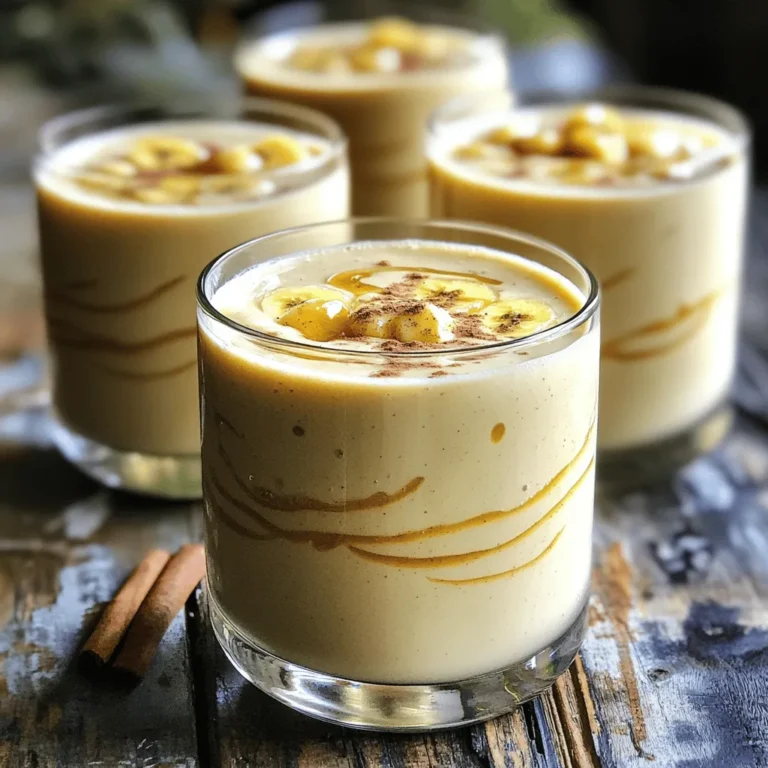 - 2 ripe bananas - 1 cup almond milk (or alternative milk options) - 2 tablespoons natural peanut butter - 1 tablespoon honey or maple syrup (optional) - 1/2 teaspoon pure vanilla extract - 1/4 teaspoon ground cinnamon - 1/2 cup ice cubes - A pinch of sea salt The ingredients for a Peanut Butter Banana Smoothie are simple and easy to find. Ripe bananas are key for sweetness and creaminess. They should be yellow with a few brown spots. Almond milk is a great choice, but you can use any milk you like. Natural peanut butter gives a rich flavor. Honey or maple syrup adds sweetness if desired. Pure vanilla extract brings out all the yummy flavors. Ground cinnamon adds a warm spice note. Ice cubes make the smoothie cold and refreshing. A pinch of sea salt enhances all the tastes. - High-speed blender - Measuring cups and spoons - Chilling glasses For this recipe, a high-speed blender is best. It helps mix everything smoothly. You will also need measuring cups and spoons to get the amounts right. Chilling glasses keep the smoothie cold and enjoyable. With these tools and fresh ingredients, you are ready to make a tasty Peanut Butter Banana Smoothie! You can check the Full Recipe for more details on preparing this delicious drink. Start by peeling the ripe bananas. Use your hands to remove the skin. After that, slice them into small pieces. This makes blending easier and quicker. Next, measure out the other ingredients. You will need one cup of almond milk. Grab two tablespoons of natural peanut butter. If you like it sweeter, measure one tablespoon of honey or maple syrup. Then, get a half teaspoon of vanilla extract and a quarter teaspoon of ground cinnamon. Finally, don't forget a pinch of sea salt and half a cup of ice cubes. Now, it's time to blend! Place all the ingredients into a high-speed blender. This includes the banana pieces, almond milk, peanut butter, honey or maple syrup, vanilla, cinnamon, ice, and salt. Blend on high speed until the mixture is smooth. If it looks chunky, stop and scrape down the sides with a spatula. Blend again to mix it all well. If you want it sweeter, taste it. Add more honey or syrup if you like, and blend again for a few seconds. Once your smoothie is ready, pour it into chilled glasses. This keeps it nice and cold. For an extra touch, think about garnishing. You can sprinkle crushed peanuts on top or dust some cinnamon for flavor. Enjoy your creamy peanut butter banana smoothie right away for the best taste! If you're looking for dairy-free options, almond milk works great. You can also use oat or coconut milk. These alternatives still make the smoothie creamy and tasty. If you want a sweeter drink, adjust the honey or maple syrup. You can add more or less based on your taste. Always use ripe bananas for this smoothie. Ripe bananas are sweeter and more flavorful. They blend well, making the smoothie smooth. For the best creaminess, blend on high speed. If you find it too thick, add a splash of milk. This will help it blend better. Peanut butter and bananas offer many health perks. Peanut butter is high in protein, giving you energy. It also has healthy fats to keep you full. Bananas are packed with potassium and vitamins. They help keep your heart healthy and boost energy levels. Drinking this smoothie can give you a nice energy lift, perfect for starting your day or after a workout. Enjoy this nutritious and tasty drink! For the full recipe, check out the details above. {{image_4}} You can make your peanut butter banana smoothie even better. Adding greens like spinach or kale boosts vitamins. These greens blend well and add no strong taste. You can also include protein powder for an energy boost. This option helps if you need more protein in your diet. Playing with flavors can make your smoothie unique. Try different nut butters like almond or cashew. Each nut butter brings a new taste. You can also add spices like nutmeg or ginger for warmth. A sprinkle of these spices can change the whole drink. Mixing fruits is a fun way to change your smoothie. Add berries for a burst of flavor and color. They pair nicely with peanut butter and banana. If you love chocolate, create a chocolate version. Just add cocoa powder to the mix for a rich twist. These combinations keep your smoothie exciting and tasty. For the full recipe, check out the Creamy Peanut Butter Banana Bliss section above. After you enjoy your smoothie, you may have some left over. Store any leftover smoothie in the fridge. Use a sealed container to keep it fresh. Drink it within 24 hours for the best taste. If you want to save it longer, freeze the smoothie. Pour it into ice cube trays or freezer bags. This way, you can blend it later. A peanut butter banana smoothie stays fresh for about one day in the fridge. If you freeze it, it can last for about three months. Always check for signs of spoilage. If it smells sour or changes color, it’s time to toss it out. Trust your senses. Smoothies may thicken after storing. To revive a thick smoothie, add a splash of milk or water. Blend it again until smooth. If your smoothie is too cold, let it sit at room temperature for a few minutes. This helps make it easier to drink. You can also add ice or more milk to thin it out. Enjoy your creamy peanut butter banana bliss! For the Full Recipe, check above. How can I make this smoothie vegan? To make a vegan version, use almond milk or coconut milk. Choose natural peanut butter without added honey. You can skip the honey or use maple syrup for sweetness. Can I use frozen bananas instead of fresh ones? Yes, you can use frozen bananas. They add a creamy texture and chill the smoothie. Just make sure to blend well to break them up. What can I do if my smoothie is too thick? If your smoothie is too thick, add more almond milk. Blend again until you reach your desired consistency. You can also add water if needed. Is this smoothie suitable for meal replacement? Yes, this smoothie can work as a meal replacement. It has good protein and fiber. Pair it with a healthy snack for extra energy. How many calories are in a Peanut Butter Banana Smoothie? A typical smoothie has around 300-400 calories. This can vary based on the milk and sweeteners used. What are the protein and fiber details? This smoothie packs about 10 grams of protein and 4 grams of fiber. Peanut butter and bananas contribute to these numbers, making it a filling option. How to use leftover peanut butter in other dishes You can spread leftover peanut butter on toast, mix it into oatmeal, or stir it into yogurt for added flavor. It also works well in sauces and dressings. Popular recipes that incorporate peanut butter Some great recipes include peanut butter cookies, peanut sauce for stir-fries, and peanut butter energy balls. These are simple and tasty ways to enjoy peanut butter. You learned how to make a delicious peanut butter banana smoothie. We covered all the ingredients, tools, and steps needed for a perfect blend. I shared tips for great flavor and health benefits too. Don't forget the variations you can try for fun, new tastes. This smoothie is easy to store and can last long, whether in the fridge or freezer. With all these details, you have everything to enjoy this tasty drink. Start blending today and explore endless options to make it your own!