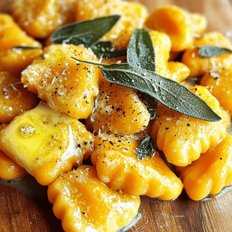 - Sweet Potatoes - All-Purpose Flour - Eggs - Sage - Butter - Freshly Grated Parmesan Cheese - Ground Nutmeg - Black Pepper For this sweet potato gnocchi, you need some tasty main ingredients. First, sweet potatoes bring a lovely flavor and color. You need about 1 pound of baked sweet potatoes for this recipe. Next, all-purpose flour helps bind the gnocchi. You will use 1 ¼ cups of flour, plus some extra for dusting. Then, add one large egg to help hold the dough together. For flavor, fresh sage is key. You will use 10-12 leaves of sage in the sage butter. Last, unsalted butter gives richness to the dish. You can also add some optional ingredients. Freshly grated Parmesan cheese makes a nice topping. A sprinkle of ground nutmeg adds warmth, while black pepper gives a bit of heat. You can find the full recipe with these ingredients in the notes above. Baking Method To start, preheat your oven to 400°F (200°C). Take two medium sweet potatoes, about one pound total. Prick them several times with a fork. This allows steam to escape during baking. Bake the sweet potatoes for about 45 minutes. They should feel soft and tender when you poke them with a knife. Cooling and Peeling After baking, let the sweet potatoes cool for a few minutes. When they are cool enough to handle, peel off the skin. The skin should come off easily, revealing the bright orange flesh inside. Mashing Sweet Potatoes Put the peeled sweet potatoes in a large mixing bowl. Use a potato masher or a fork to mash them until smooth. Make sure there are no lumps left. Allow the mashed sweet potatoes to cool completely before moving on. Mixing Ingredients Once cool, add one lightly beaten egg to the bowl. Sprinkle in a half teaspoon of fine sea salt and a quarter teaspoon of ground nutmeg. Mix everything well until you create a fragrant mixture. Forming the Dough Now, it's time to form the dough. Gradually add in 1 ¼ cups of all-purpose flour, one cup at a time. Mix gently until a soft, slightly sticky dough forms. Knead the dough lightly on a floured surface. If it feels too sticky, add a tablespoon of flour at a time. Be careful not to over-knead. Cooking Process Divide the dough into four equal parts. Roll each part into a long rope, about half an inch thick. Cut each rope into one-inch pieces. For classic gnocchi, press each piece lightly with a fork to create ridges. Bring a large pot of salted water to a boil. Drop the gnocchi in batches. They are ready when they float to the surface, usually in 2-3 minutes. Use a slotted spoon to remove them and set them aside. To learn more about the whole process, check out the Full Recipe. Importance of Flour Quantity Getting the right amount of flour is key. Too much flour makes the gnocchi dense and heavy. Too little will make them fall apart. Start with 1 ¼ cups of flour. Add more only if the dough is sticky. Remember, you want a soft, pliable dough. Avoiding Over-Kneading Kneading your dough is important, but do it gently. Over-kneading can make the gnocchi tough. Mix just until the ingredients come together. A light touch keeps the gnocchi airy and tender. Cooking Techniques for Sage Sauté the sage in butter over medium heat. Watch it closely. Cooking it until golden brown brings out its rich flavor. This method makes the sage crispy. That crunch adds a lovely texture to your dish. Flavor Pairing Suggestions Sage pairs well with sweet potatoes. You can also add garlic or shallots for extra depth. For a twist, sprinkle in some chili flakes. This will give your dish a nice kick. Garnishing Techniques Presentation matters! Use fresh sage leaves to garnish your plate. You can also drizzle some sage butter around the gnocchi. A sprinkle of Parmesan cheese adds a nice touch too. Serving Suggestions Serve your gnocchi in shallow bowls. This helps showcase the beautiful colors. For a rustic feel, use wooden plates or bowls. It makes the meal feel warm and inviting. {{image_4}} To make sweet potato gnocchi even more exciting, you can try different flavors. - Incorporating Other Herbs: While sage pairs well with sweet potatoes, you can experiment. Try thyme or rosemary for a fresh twist. These herbs can add a new depth to your dish, making it unique and delicious. - Adding Cheese or Vegetables: You can mix in cheese like ricotta or goat cheese for creaminess. For extra nutrition, consider adding spinach or kale. These additions not only boost flavor but also enhance the dish's texture. You have options when it comes to cooking gnocchi. - Boiling vs. Pan-Frying: Boiling is the classic method. It keeps the gnocchi soft. Pan-frying gives a crispy texture. This method adds a nice contrast to the soft gnocchi. Choose which method fits your taste! - Baking Gnocchi: Baking is another fun option. Toss your gnocchi with sauce and cheese, then bake until golden. This method creates a wonderful crust while keeping the inside soft and flavorful. If you have dietary needs, don't worry! You can still enjoy this recipe. - Gluten-Free Options: For a gluten-free gnocchi, try using gluten-free flour. Options like almond or rice flour work well. Adjust the amount of flour as needed to keep the dough soft. - Vegan Modifications: To make this dish vegan, skip the egg and use a flaxseed mixture instead. This will hold the dough together. Replace butter with olive oil or vegan butter for cooking. You still get a tasty meal without animal products. Feel free to explore these variations and make the dish your own. For the complete recipe, check out the Full Recipe section. Best Practices for Refrigeration After making sweet potato gnocchi, let it cool down. Place it in an airtight container. Store it in the fridge for up to three days. This keeps the gnocchi fresh and tasty. Freezing Instructions If you want to save gnocchi for later, freeze it. First, lay the gnocchi on a baking sheet. Make sure they don’t touch each other. Place the sheet in the freezer for about an hour. Once frozen, transfer the gnocchi to a freezer bag. They can last up to two months. Compatible Cooking Methods To reheat gnocchi, you can use boiling water or a skillet. Boiling is quick and easy. Just add the gnocchi to simmering water. The gnocchi will float when heated through. A skillet gives a nice crisp. Heat the gnocchi with a bit of butter or oil until warm. Best Ways to Retain Texture To keep the texture nice, avoid overcooking. When boiling, take gnocchi out right after they float. In a skillet, cook on medium heat. Stir gently to avoid breaking them. For best flavor, add some sage butter while reheating. This keeps the gnocchi soft and flavorful. For the complete recipe, check out the Full Recipe section. You can tell gnocchi is done when it floats. It usually takes about 2-3 minutes to rise. Once they float, they are ready to eat. Remove them with a slotted spoon and enjoy! Yes, you can make gnocchi ahead of time. Shape them and then store them in the fridge for a day. For longer storage, freeze them. Just remember to freeze them in a single layer first. This way, they won't stick together. Sweet potato gnocchi pairs well with many sides. Try serving it with a fresh salad or roasted vegetables. You can also add a protein like grilled chicken or shrimp. The options are endless! Yes, you can make gnocchi without eggs. Simply replace the egg with a bit of water or mashed potato. This will help bind the dough together. Just keep an eye on the texture. To add spice, consider using chili flakes or fresh peppers. You can also try adding a touch of cayenne pepper to the dough. This will bring a nice heat to the dish without overpowering the sweet potato flavor. You can find the full recipe for Sweet Potato Gnocchi with Sage Butter in the main article. It includes all the steps you need for this tasty dish. In this blog post, we covered everything you need for making sweet potato gnocchi. We listed the essential ingredients like sweet potatoes, flour, and eggs. I explained how to prep, shape, and cook your gnocchi. You learned tips for perfect texture and ways to enhance flavor. Sweet potato gnocchi is fun to make and can fit many diets. Try different herbs and cooking methods to find what you love. Remember the storage tips to keep your gnocchi fresh. With practice, you'll create a dish that wows everyone at your table. Enjoy your cooking adventure!
