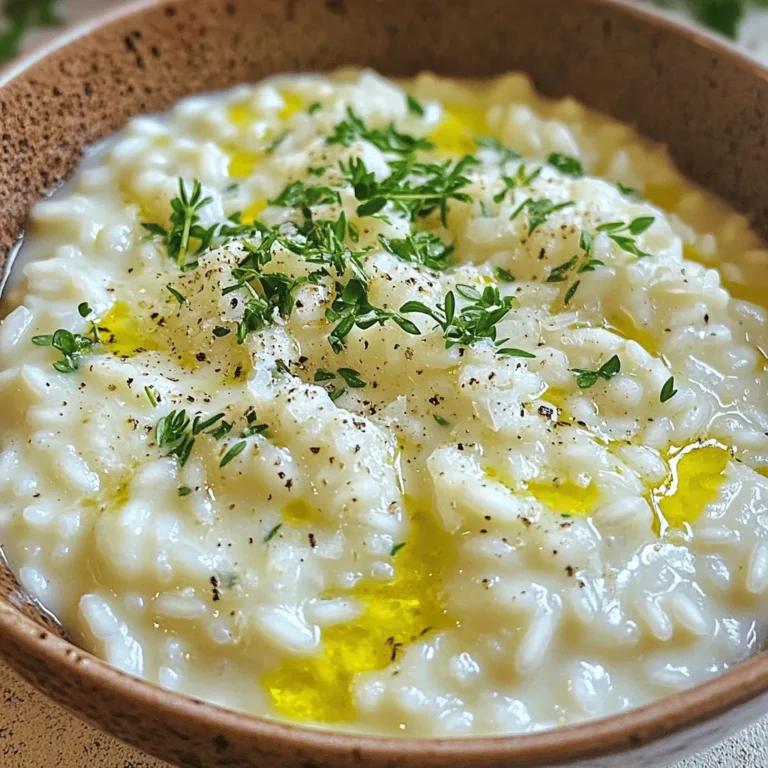 - 1 cup Arborio rice - 4 cups vegetable broth - 1 small onion, finely chopped - 3 cloves garlic, minced - 1 cup grated Parmesan cheese - 2 tablespoons unsalted butter - 2 tablespoons olive oil - 1 teaspoon fresh thyme leaves (or ½ teaspoon dried thyme) - Salt and freshly ground black pepper to taste - Fresh parsley, chopped (for garnish) The core of this dish is Arborio rice. This rice is starchy, which helps create the creamy texture we love in risotto. Next, we need vegetable broth. It adds rich flavor. You can also use homemade broth for a fresher taste. Onion and garlic bring warmth and depth to the dish. The Parmesan cheese provides a salty, nutty flavor that blends well. Unsalted butter and olive oil help sauté the onions and garlic. We also add thyme for a hint of earthiness. Finally, salt, pepper, and parsley finish the dish nicely. You can swap Parmesan cheese for Pecorino Romano. This cheese is saltier and has a sharper taste. If you prefer, chicken broth works too. It will add a different flavor profile. Choosing the right rice is key. Arborio is best for risotto, but you can use Carnaroli or Vialone Nano as alternatives. They have similar starch content and will result in a creamy risotto. To start, you need to warm the broth. Pour the vegetable broth into a medium saucepan. Heat it over low flame. Keep it warm, but do not let it boil. A warm broth helps the rice cook evenly. If the broth is cold, it slows down the cooking process. Next, grab a large skillet or a heavy-bottomed pot. Add olive oil and unsalted butter. Heat them over medium heat until they shimmer. Then, add the finely chopped onion. Sauté it for about 3 to 4 minutes. Stir often until it becomes soft and clear. This step adds flavor. After that, add the minced garlic. Cook for one more minute. Stir continuously to keep the garlic from browning. If garlic burns, it will taste bitter. Now, it’s time for the star of the show: Arborio rice. Add the rice to the skillet. Stir it well to coat each grain with oil and butter. Sauté the rice for 2 to 3 minutes until it looks a bit clear around the edges. This step helps toast the rice. Now, begin adding the warm vegetable broth. Use a ladle and pour in one ladleful at a time. Stir the rice as you add the broth. Let the rice absorb the broth before adding more. This process takes about 20 to 25 minutes. Keep the heat low for a gentle simmer. Taste the rice after about 20 minutes. It should be soft but have a little bite. If it’s not ready, keep adding broth until it is. For the full recipe, please refer to the earlier section. To make your risotto creamy, stir it often. Stirring helps release the rice's starch. This starch gives risotto its signature creaminess. When you add broth, do it slowly. This way, the rice absorbs the liquid better. You can adjust the broth amount based on how creamy you want it. If it's too thick, add more broth. If it's too runny, cook it a bit longer. To elevate the flavor, consider adding fresh herbs. Thyme works great, but you can also try basil or rosemary. A pinch of nutmeg can add warmth too. If you want more texture, add sautéed mushrooms or peas. For a twist, try sun-dried tomatoes or spinach. Each ingredient can change the dish's taste in a fun way. Use a heavy-bottomed pot for even cooking. This type of pot helps prevent sticking and burning. A wooden spoon is the best tool for stirring. It won’t scratch your pot and gives you better control. Plus, it helps mix the risotto well without damaging the rice. Always choose your tools wisely for the best results. For the full recipe, check out the details above! {{image_4}} You can make a great vegetable risotto by adding seasonal veggies. Think of peas, asparagus, or mushrooms. Chopping them into small pieces helps them cook faster. You should add them at different times. For example, add softer veggies like peas near the end. Add firmer ones like carrots earlier to ensure they soften properly. This makes your risotto colorful and healthy. Adding protein takes your risotto to the next level. You can mix in cooked chicken or shrimp for a hearty meal. If you prefer something plant-based, consider adding chickpeas or lentils. These options will boost the protein and keep your dish filling. Just remember to cook your protein separately and fold it in at the end for the best flavor. Experimenting with different cheeses can change the taste of your risotto. While Parmesan is a classic choice, try Pecorino Romano for a sharper flavor. You can also mix in fresh herbs like basil or parsley for a fresh twist. A pinch of nutmeg or red pepper flakes can add warmth. Play around to find your favorite flavor combination. For the full recipe, check out the complete guide! To store creamy garlic Parmesan risotto, let it cool first. Transfer the risotto to an airtight container. This helps keep moisture in. It lasts in the fridge for about three to five days. Make sure to label the container with the date. You can freeze risotto if you want to save some for later. Portion it into freezer-safe bags or containers. Make sure to remove as much air as possible. This helps prevent freezer burn. When you reheat frozen risotto, expect it to lose some creaminess. Add a splash of broth or water when heating to help restore that smooth texture. Leftover risotto is a great base for many dishes. You can shape it into balls and fry them for risotto cakes. You can also mix it with eggs and bake it into a savory frittata. Another option is to stir it into soups for added thickness. Try using it in stuffed peppers or as a filling in crepes. You can reduce stirring by using a slow cooker. This allows the rice to cook evenly. You can also try adding more broth at once. Just ensure it stays warm. Arborio rice has a higher starch content. This helps give risotto its creamy texture. Regular rice can be used but may not yield the same results. You could use Carnaroli or Vialone Nano for better outcomes. This risotto pairs well with grilled chicken or roasted vegetables. A fresh salad or sautéed greens also make excellent sides. Try serving it with garlic bread for a hearty meal. Yes, risotto is naturally gluten-free. Arborio rice does not contain gluten. Always check broth labels to avoid any hidden gluten sources. To fix overcooked risotto, add a splash of broth. Stir gently to loosen the rice. You can also add a bit of cream to enhance the texture. If all else fails, transform it into arancini or a risotto cake. For the full recipe, check out the [Full Recipe]. In this blog post, we covered everything you need for perfect risotto. You learned about the essential ingredients, including Arborio rice and Parmesan cheese. I also shared key cooking techniques and helpful tips to achieve that creamy texture. Don't forget to explore variations and storage options, and feel free to use leftovers creatively. Enjoy making delicious risotto at home. You now have the tools to impress with your cooking!