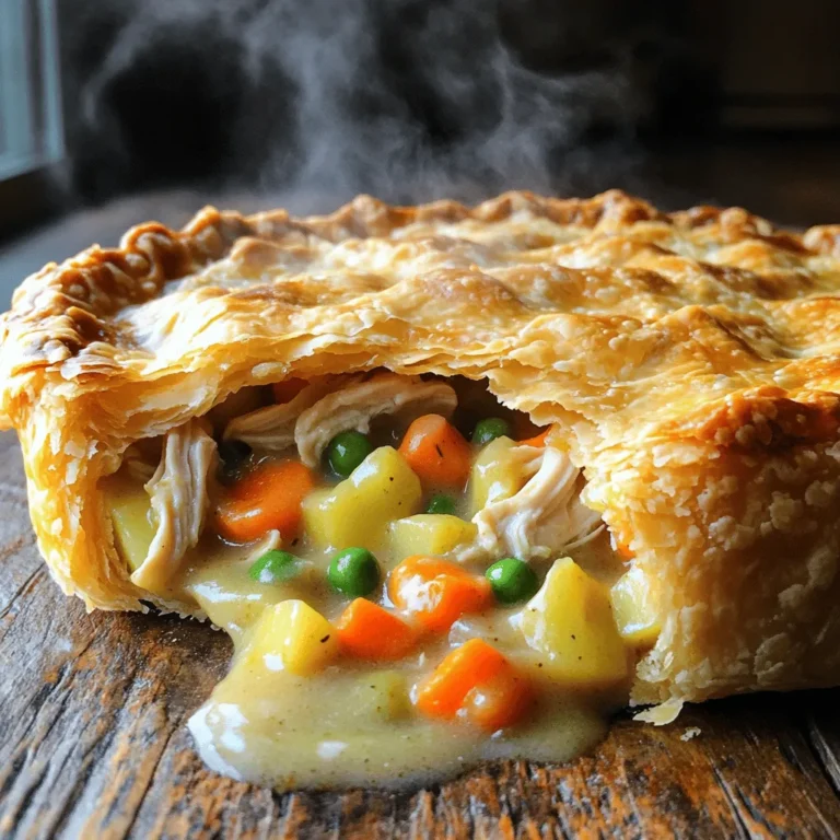To make a classic chicken pot pie, you need simple and fresh ingredients. Here’s what you’ll need to gather: - 2 cups cooked chicken, shredded - 1 cup carrots, diced - 1 cup frozen peas - 1 cup potatoes, diced small - 1/2 cup celery, diced - 1/4 cup onions, finely chopped - 1/3 cup all-purpose flour - 2 cups chicken broth - 1 cup milk - 1 teaspoon dried thyme - 1 teaspoon garlic powder - 1/2 teaspoon salt - 1/2 teaspoon black pepper - 2 tablespoons butter, plus extra for brushing - 1 tablespoon olive oil - 1 (9-inch) pie crust (store-bought or homemade) The cooked chicken is the star of this dish. Shredding it makes it easy to mix with the other ingredients. Fresh carrots and peas add a nice crunch and sweetness. Potatoes bring heartiness, while celery and onions boost the flavor. The flour helps thicken the filling. Chicken broth and milk create a creamy texture. Thyme and garlic powder provide warmth and depth. Salt and pepper season the dish just right. Finally, the pie crust holds everything together. You can use store-bought or make your own. Each choice leads to a tasty pie. For the full recipe, check the instructions section. Enjoy crafting this hearty and comforting meal! Preheating the Oven Start by preheating your oven to 425°F (220°C). This helps cook the pie evenly. Sautéing Vegetables In a large skillet, heat 1 tablespoon of olive oil over medium heat. Add the diced onions, celery, and carrots. Sauté them for 5-7 minutes until they are soft and fragrant. Stir occasionally to avoid burning. Mixing in Chicken and Seasonings Next, add the small diced potatoes to the skillet. Cook for another 5 minutes while stirring. Then, mix in the shredded chicken and frozen peas. Add dried thyme, garlic powder, salt, and black pepper. Stir well to blend the flavors. Thickening the Sauce Sprinkle 1/3 cup flour over the mixture and stir. Gradually pour in 2 cups of chicken broth and 1 cup of milk. Keep stirring until the mixture thickens, which takes about 3-5 minutes. Remove it from the heat. Preparing the Pie Crust Roll out your pie crust on a floured surface. Make sure it fits your 9-inch pie dish. Press it gently into the dish. Assembling the Pot Pie Pour the chicken filling into the crust, spreading it evenly. If you use a second crust, place it on top. Seal the edges by crimping with your fingers or a fork. Cut slits in the top to let steam escape. Baking Instructions Place the pot pie in the preheated oven. Bake for 30-35 minutes, or until the crust is golden brown and the filling bubbles. Cooling Time Once baked, remove it from the oven. Let it cool for about 10 minutes before slicing. This helps the filling set and keeps you safe from burns. Presentation Advice Serve each slice on warm plates. Add a sprinkle of fresh parsley for color and flavor. Enjoy your hearty chicken pot pie! For the complete recipe, refer to the Full Recipe section. - Choosing the Right Pie Crust For the best results, use a deep-dish pie crust. This gives room for the filling. You can choose a store-bought crust for ease or make your own for extra flavor. - Techniques for Golden Color Brush the top crust with melted butter before baking. This helps create a lovely golden color. You can also sprinkle some salt for added flavor. - Additional Seasoning Ideas If you want to add more taste, think about adding paprika or a bit of cayenne pepper. These spices can give a nice kick to your pot pie. - Fresh Herb Suggestions Fresh herbs can really brighten up your dish. Try adding rosemary, parsley, or thyme. Just chop them finely and mix them into the filling. - Avoiding a Soggy Bottom To prevent a soggy bottom crust, pre-bake it for about 5-7 minutes. This helps set the crust before you add the filling. - Preventing Overcooking Keep an eye on your pot pie while baking. If it starts to get too dark, cover it loosely with foil. This will protect the crust while the filling cooks fully. {{image_4}} - Using Leftover Turkey If you have leftover turkey, use it in place of chicken. This swap keeps the dish tasty and helps reduce waste. Just shred the turkey and follow the same steps in the recipe. It's a great way to enjoy holiday leftovers! - Vegetarian Options For a vegetarian twist, replace the chicken with hearty vegetables. You can use mushrooms, zucchini, or even chickpeas. This change gives you a rich texture and flavor. Also, substitute the chicken broth with vegetable broth. The dish stays comforting and fulfilling without meat. - Adding Spices for Heat Want to spice things up? Add a dash of cayenne pepper or red pepper flakes. This small change will give your pot pie a nice kick. Start with a little, then taste and adjust to your liking. A bit of heat can make the flavors pop! - Global Influences on the Recipe You can draw inspiration from other cuisines. For example, add a hint of curry powder for an Indian flair, or some cumin for a Mexican touch. These spices can change the whole feel of your pot pie. Don't be afraid to experiment and find new flavor combinations! - Pairing with Sides Serve your pot pie with a simple salad or some crusty bread. A fresh side helps balance the hearty pie. You can also try some steamed green beans or a light slaw for added crunch. These sides provide a nice contrast to the creamy filling. - Transforming into a Casserole You can also turn your chicken pot pie into a casserole. Just layer the filling in a baking dish, top with the pie crust, and bake as usual. This method is great for serving a crowd and adds a fun twist. It also makes for easy leftovers! - Refrigeration Guidelines: Once your pot pie cools, cover it tightly. Store it in the fridge for up to three days. Ensure the pie is in an airtight container to keep it fresh. - Freezing Instructions: For longer storage, freeze your pot pie. Wrap it in plastic wrap and then foil. This keeps it safe for up to three months. Thaw it overnight in the fridge before reheating. - Best Methods for Reheating: The oven works best to reheat chicken pot pie. Preheat the oven to 350°F (175°C) and bake for about 20-25 minutes. This helps the crust stay crispy. You can also use a microwave, but the crust may become soft. - Maintaining Flavor and Texture: Cover your pot pie with foil while reheating. This prevents it from drying out. Add a little chicken broth if the filling seems dry. - Signs of Spoilage: Check for off smells or mold. If the filling looks strange or has a different color, it’s best to throw it away. - When to Discard: If your pot pie has been in the fridge for more than three days, discard it. For frozen pies, use them within three months for the best taste. To make classic chicken pot pie, you will prepare the filling and crust. Start by cooking vegetables like carrots, celery, and onions in olive oil. Then add shredded chicken and seasonings. Next, thicken this mix with flour, chicken broth, and milk. Pour this filling into a pie crust. Finally, bake it until golden brown. Yes, using store-bought ingredients can save time. You can buy pre-cooked chicken and a ready-made pie crust. This cuts down on prep time. However, it may lack the fresh taste you get from making everything from scratch. Balance convenience with flavor when choosing ingredients. Classic chicken pot pie lasts about three to four days in the fridge. To store it safely, cover it tightly with plastic wrap or foil. If you freeze it, it can last up to three months. Always check for signs of spoilage before eating leftovers. Yes, you can make chicken pot pie ahead of time. Prepare the filling and crust the night before. Store them separately in the fridge. Assemble the pie just before baking for the best results. This keeps the crust crispy and fresh. The best chicken for pot pie is cooked and shredded chicken. You can use rotisserie chicken for ease. Boneless, skinless chicken breasts or thighs work well, too. Ensure the chicken is tender and flavorful to enhance the dish. For a complete guide on making this comforting meal, check out the Full Recipe. This article covered all you need for a classic chicken pot pie. You learned the ingredients, preparation steps, and tips for the best crust. We explored variations, storage tips, and frequent questions. In my view, making your own pot pie is rewarding. Enjoying it fresh, warm, and homemade brings joy. So, gather your ingredients and start cooking. You'll love serving this comfort dish to family and friends.