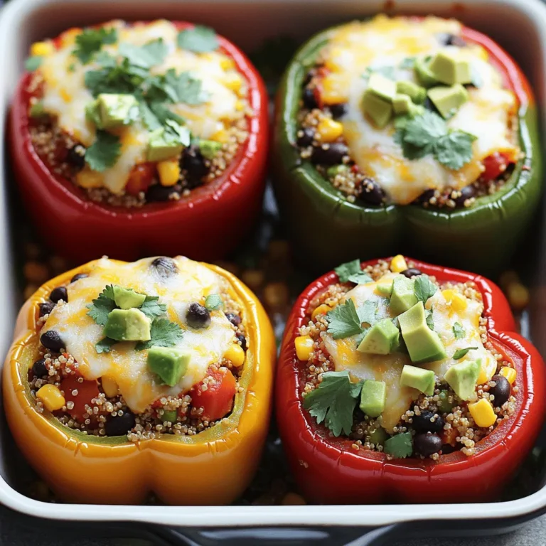 - 4 large bell peppers (a mix of red, yellow, green, and orange) - 1 cup quinoa, rinsed - 2 cups vegetable broth (low-sodium preferred) - 1 can (15 oz) black beans, rinsed and drained - 1 cup corn kernels (fresh, canned, or frozen) - 1 cup diced tomatoes (canned or fresh) - 1 teaspoon ground cumin - 1 teaspoon smoked paprika - Salt and freshly ground black pepper (to taste) - 1 cup shredded cheese (sharp cheddar or a dairy-free alternative) - Fresh cilantro or parsley, chopped (for garnish) - 1 ripe avocado, diced (for topping) When I create vegetarian stuffed peppers, I love using a variety of colorful bell peppers. The mix of red, yellow, green, and orange adds a vibrant look to the dish. Each pepper brings its own unique flavor, making the meal more exciting. I choose quinoa as the base. It's a healthy grain packed with protein. Cooking it in vegetable broth adds depth and flavor. I also include black beans for protein and fiber. They complement the other ingredients well. Corn adds sweetness and a nice crunch. Diced tomatoes bring moisture and acidity, balancing the flavors. For spices, ground cumin and smoked paprika create a warm and smoky taste. I always adjust salt and pepper to fit my taste. These spices elevate the dish without overpowering it. For toppings, I use shredded cheese. It melts beautifully, adding creaminess. Fresh herbs like cilantro or parsley brighten the dish. I love adding diced avocado on top for creaminess and richness. This combination makes every bite delicious. You can find the complete recipe linked above for all the details. Enjoy crafting your own flavorful vegetarian stuffed peppers! - Preheat the oven to 375°F (190°C). - In a saucepan, combine 1 cup of rinsed quinoa and 2 cups of vegetable broth. - Bring the mixture to a boil. Reduce the heat and cover the pot. Cook for about 15 minutes until fluffy. Let it sit covered for 5 more minutes. - Cut the tops off 4 large bell peppers. Remove the seeds and membranes. - Place the peppers upright in a greased baking dish. This helps them stay steady while baking. - In a large bowl, mix the cooked quinoa with 1 can of black beans, 1 cup of corn, and 1 cup of diced tomatoes. - Add spices: 1 teaspoon of ground cumin, 1 teaspoon of smoked paprika, and a pinch of salt and pepper. - Stuff each bell pepper with this quinoa mixture. Pack it in gently but not too tightly. - Sprinkle 1 cup of shredded cheese on top of each pepper. - Cover the baking dish with aluminum foil. This keeps the peppers moist. - Bake for 30 minutes. Remove the foil and bake for another 10-15 minutes until the peppers are soft and cheese is melted and golden. Check out the Full Recipe for more details on this delicious dish! To ensure your stuffed peppers are cooked just right, start with the peppers. You want them to be tender but not mushy. Check for doneness by piercing them with a fork. If it goes in easily, they are ready. Another key point is the cheese. You want it to be golden and bubbly. This adds a nice finish and flavor. Presenting your dish well makes it even better. Serve the stuffed peppers on a colorful platter. Use a mix of red, yellow, and green peppers for a vibrant look. Drizzle balsamic glaze around the base for an eye-catching touch. This adds both flavor and a great visual appeal. Want to brighten up the flavors? Add a squeeze of lime or lemon juice. This brings a nice zest that complements the filling. You can also mix in extra spices or herbs to elevate the taste. Try adding chili powder for heat or fresh basil for a unique twist. These small changes make a big impact on flavor. For the full recipe, check out the Vibrant Vegetarian Stuffed Peppers Delight. {{image_4}} To make vegan stuffed peppers, skip the cheese. Use nutritional yeast for a cheesy taste. You can also try vegan cheese. This way, the dish stays creamy without dairy. Your stuffed peppers will still be tasty and filling. Check all ingredients to ensure they are gluten-free. Quinoa, beans, and veggies are naturally gluten-free. This makes the dish safe for anyone with gluten issues. Always read labels carefully when buying canned goods. You can add more veggies to your filling. Zucchini and mushrooms work great. They boost flavor and nutrients. You can also spice up your dish. Try adding chili powder or cayenne for heat. This helps to customize the taste just how you like it. Add-ins make your stuffed peppers even more fun and unique! After enjoying your stuffed peppers, store leftovers in airtight containers. This helps keep them fresh. They can last in the fridge for about 3-4 days. Make sure to let them cool first. Keeping them sealed will also prevent any strong smells from other foods. To freeze your stuffed peppers, first let them cool completely. Wrap each pepper tightly in plastic wrap. Then place them in a freezer-safe bag or container. This keeps them safe from freezer burn. When you want to eat them, thaw in the fridge overnight. Reheat in the oven at 350°F (175°C) for about 20-25 minutes. You can also microwave them, but the oven gives better texture. You can prepare the filling in advance to save time. Cook the quinoa and mix it with the beans and veggies. Store this mixture in the fridge for up to three days before using. When you’re ready to bake, just stuff the peppers and pop them in the oven. This method makes meal prep quick and easy. Enjoy the tasty benefits of your planning! You can pair stuffed peppers with many sides. Here are some tasty options: - A fresh green salad with a light vinaigrette. - Garlic bread or crusty rolls for dipping. - A side of creamy coleslaw for crunch. - Grilled vegetables for added flavor. - Rice or quinoa for a heartier meal. Yes, you can prep the stuffed peppers ahead of time. Here’s how: - Cook the filling and let it cool. - Stuff the peppers and place them in a baking dish. - Cover with plastic wrap and refrigerate for up to 24 hours. - When ready, bake them as directed. To check for doneness, look for these signs: - The peppers should be soft and slightly wrinkled. - The filling should be hot throughout. - Cheese should be melted, bubbling, and golden brown. - A fork should easily pierce the pepper skin. Absolutely! Here are some great grain options: - Brown rice for a classic taste. - Farro for a nutty flavor and chewy texture. - Bulgur for a quick-cooking alternative. - Barley for extra fiber and depth. To add heat, try these tips: - Mix in chopped jalapeños or serranos with the filling. - Add a sprinkle of red pepper flakes for warmth. - Use spicy cheese like pepper jack on top. - Drizzle with hot sauce before serving. For a complete recipe, check out the Full Recipe. This article covered how to make delicious vegetarian stuffed peppers. We looked at key ingredients like quinoa, black beans, and spices. The steps included cooking quinoa, prepping bell peppers, and baking them to perfection. I shared tips for storing leftovers and making variations. You can adjust flavors or add vegetables to suit your taste. Experiment, enjoy, and impress your family with this tasty meal!