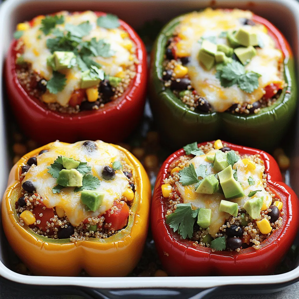 - 4 large bell peppers (a mix of red, yellow, green, and orange) - 1 cup quinoa, rinsed - 2 cups vegetable broth (low-sodium preferred) - 1 can (15 oz) black beans, rinsed and drained - 1 cup corn kernels (fresh, canned, or frozen) - 1 cup diced tomatoes (canned or fresh) - 1 teaspoon ground cumin - 1 teaspoon smoked paprika - Salt and freshly ground black pepper (to taste) - 1 cup shredded cheese (sharp cheddar or a dairy-free alternative) - Fresh cilantro or parsley, chopped (for garnish) - 1 ripe avocado, diced (for topping) When I create vegetarian stuffed peppers, I love using a variety of colorful bell peppers. The mix of red, yellow, green, and orange adds a vibrant look to the dish. Each pepper brings its own unique flavor, making the meal more exciting. I choose quinoa as the base. It's a healthy grain packed with protein. Cooking it in vegetable broth adds depth and flavor. I also include black beans for protein and fiber. They complement the other ingredients well. Corn adds sweetness and a nice crunch. Diced tomatoes bring moisture and acidity, balancing the flavors. For spices, ground cumin and smoked paprika create a warm and smoky taste. I always adjust salt and pepper to fit my taste. These spices elevate the dish without overpowering it. For toppings, I use shredded cheese. It melts beautifully, adding creaminess. Fresh herbs like cilantro or parsley brighten the dish. I love adding diced avocado on top for creaminess and richness. This combination makes every bite delicious. You can find the complete recipe linked above for all the details. Enjoy crafting your own flavorful vegetarian stuffed peppers! - Preheat the oven to 375°F (190°C). - In a saucepan, combine 1 cup of rinsed quinoa and 2 cups of vegetable broth. - Bring the mixture to a boil. Reduce the heat and cover the pot. Cook for about 15 minutes until fluffy. Let it sit covered for 5 more minutes. - Cut the tops off 4 large bell peppers. Remove the seeds and membranes. - Place the peppers upright in a greased baking dish. This helps them stay steady while baking. - In a large bowl, mix the cooked quinoa with 1 can of black beans, 1 cup of corn, and 1 cup of diced tomatoes. - Add spices: 1 teaspoon of ground cumin, 1 teaspoon of smoked paprika, and a pinch of salt and pepper. - Stuff each bell pepper with this quinoa mixture. Pack it in gently but not too tightly. - Sprinkle 1 cup of shredded cheese on top of each pepper. - Cover the baking dish with aluminum foil. This keeps the peppers moist. - Bake for 30 minutes. Remove the foil and bake for another 10-15 minutes until the peppers are soft and cheese is melted and golden. Check out the Full Recipe for more details on this delicious dish! To ensure your stuffed peppers are cooked just right, start with the peppers. You want them to be tender but not mushy. Check for doneness by piercing them with a fork. If it goes in easily, they are ready. Another key point is the cheese. You want it to be golden and bubbly. This adds a nice finish and flavor. Presenting your dish well makes it even better. Serve the stuffed peppers on a colorful platter. Use a mix of red, yellow, and green peppers for a vibrant look. Drizzle balsamic glaze around the base for an eye-catching touch. This adds both flavor and a great visual appeal. Want to brighten up the flavors? Add a squeeze of lime or lemon juice. This brings a nice zest that complements the filling. You can also mix in extra spices or herbs to elevate the taste. Try adding chili powder for heat or fresh basil for a unique twist. These small changes make a big impact on flavor. For the full recipe, check out the Vibrant Vegetarian Stuffed Peppers Delight. {{image_4}} To make vegan stuffed peppers, skip the cheese. Use nutritional yeast for a cheesy taste. You can also try vegan cheese. This way, the dish stays creamy without dairy. Your stuffed peppers will still be tasty and filling. Check all ingredients to ensure they are gluten-free. Quinoa, beans, and veggies are naturally gluten-free. This makes the dish safe for anyone with gluten issues. Always read labels carefully when buying canned goods. You can add more veggies to your filling. Zucchini and mushrooms work great. They boost flavor and nutrients. You can also spice up your dish. Try adding chili powder or cayenne for heat. This helps to customize the taste just how you like it. Add-ins make your stuffed peppers even more fun and unique! After enjoying your stuffed peppers, store leftovers in airtight containers. This helps keep them fresh. They can last in the fridge for about 3-4 days. Make sure to let them cool first. Keeping them sealed will also prevent any strong smells from other foods. To freeze your stuffed peppers, first let them cool completely. Wrap each pepper tightly in plastic wrap. Then place them in a freezer-safe bag or container. This keeps them safe from freezer burn. When you want to eat them, thaw in the fridge overnight. Reheat in the oven at 350°F (175°C) for about 20-25 minutes. You can also microwave them, but the oven gives better texture. You can prepare the filling in advance to save time. Cook the quinoa and mix it with the beans and veggies. Store this mixture in the fridge for up to three days before using. When you’re ready to bake, just stuff the peppers and pop them in the oven. This method makes meal prep quick and easy. Enjoy the tasty benefits of your planning! You can pair stuffed peppers with many sides. Here are some tasty options: - A fresh green salad with a light vinaigrette. - Garlic bread or crusty rolls for dipping. - A side of creamy coleslaw for crunch. - Grilled vegetables for added flavor. - Rice or quinoa for a heartier meal. Yes, you can prep the stuffed peppers ahead of time. Here’s how: - Cook the filling and let it cool. - Stuff the peppers and place them in a baking dish. - Cover with plastic wrap and refrigerate for up to 24 hours. - When ready, bake them as directed. To check for doneness, look for these signs: - The peppers should be soft and slightly wrinkled. - The filling should be hot throughout. - Cheese should be melted, bubbling, and golden brown. - A fork should easily pierce the pepper skin. Absolutely! Here are some great grain options: - Brown rice for a classic taste. - Farro for a nutty flavor and chewy texture. - Bulgur for a quick-cooking alternative. - Barley for extra fiber and depth. To add heat, try these tips: - Mix in chopped jalapeños or serranos with the filling. - Add a sprinkle of red pepper flakes for warmth. - Use spicy cheese like pepper jack on top. - Drizzle with hot sauce before serving. For a complete recipe, check out the Full Recipe. This article covered how to make delicious vegetarian stuffed peppers. We looked at key ingredients like quinoa, black beans, and spices. The steps included cooking quinoa, prepping bell peppers, and baking them to perfection. I shared tips for storing leftovers and making variations. You can adjust flavors or add vegetables to suit your taste. Experiment, enjoy, and impress your family with this tasty meal!
