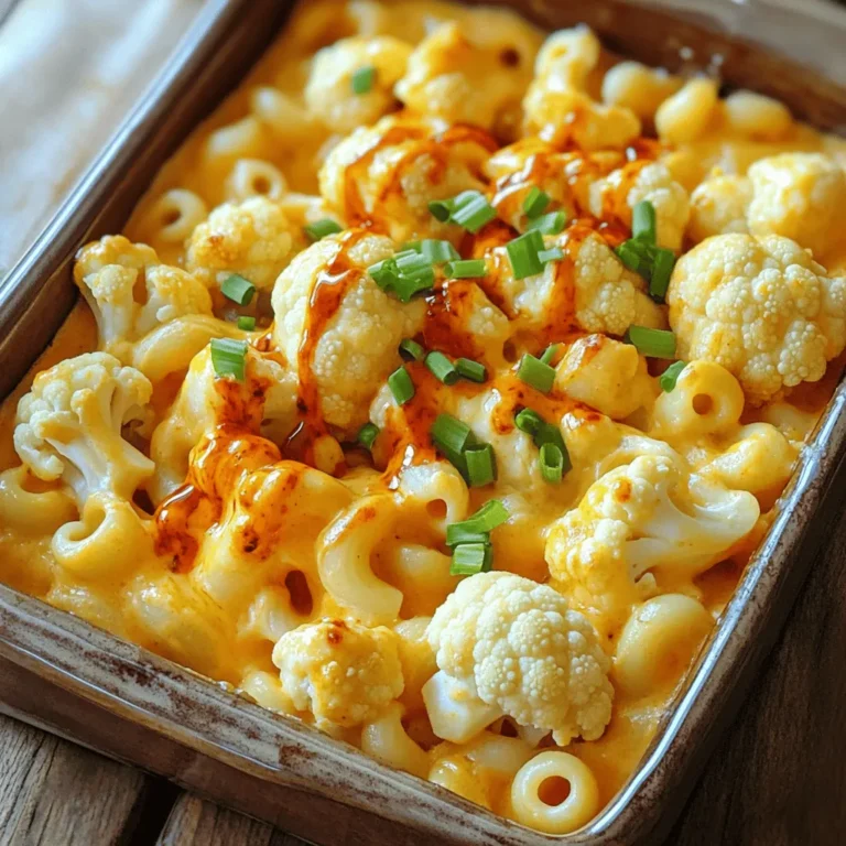 For your Buffalo Cauliflower Mac and Cheese, gather these key ingredients: - 1 medium head of cauliflower, cut into bite-sized florets - 8 ounces elbow macaroni - 2 tablespoons extra virgin olive oil - Salt and freshly ground black pepper, to taste - 2 cups shredded sharp cheddar cheese - 2 cups whole milk - 4 tablespoons unsalted butter - 1/4 cup all-purpose flour - 1 teaspoon garlic powder - 1 teaspoon onion powder - 1/2 teaspoon smoked paprika - 1/2 cup buffalo sauce (adjust based on spice preference) - Sliced green onions, for garnish To elevate your dish, consider adding: - 1 cup crumbled blue cheese for extra creaminess and flavor - More buffalo sauce for an added kick You will need a few tools to make this dish: - A large pot for boiling pasta - A baking sheet for roasting cauliflower - A medium saucepan for making cheese sauce - A whisk for mixing - A large bowl for combining ingredients - A greased 9x13 inch baking dish for baking By having all these ingredients and tools ready, you set yourself up for a fun cooking experience. Don't forget to check the full recipe for detailed steps! Start by preheating your oven to 350°F (175°C). This helps the dish bake evenly. While the oven heats, gather your ingredients. You will need a medium head of cauliflower, elbow macaroni, olive oil, salt, pepper, cheddar cheese, blue cheese (if you want), milk, butter, flour, garlic powder, onion powder, smoked paprika, buffalo sauce, and green onions for garnish. Next, fill a large pot with water and add a generous amount of salt. Bring it to a boil. Once it reaches a rolling boil, add the elbow macaroni. Cook it according to the package instructions until it is al dente. After cooking, drain the pasta and set it aside. Now, take your cauliflower florets and place them in a mixing bowl. Drizzle with olive oil, then add salt and pepper to taste. Mix them well to coat. Spread the seasoned florets on a baking sheet. Roast them in the preheated oven for about 20 minutes. You want them to be golden and tender. While the cauliflower roasts, it’s time to make the cheese sauce. In a medium saucepan over medium heat, melt the unsalted butter. Once melted, add the flour and whisk until it forms a smooth roux. Keep cooking this for about 2 minutes until it bubbles. Slowly pour in the milk while whisking to avoid lumps. Stir often until the sauce thickens, which should take about 5 to 7 minutes. Once it thickens, stir in the garlic powder, onion powder, smoked paprika, and buffalo sauce. Take it off the heat and mix in the shredded cheddar cheese and blue cheese, if using, until everything is melted and creamy. Combine the drained macaroni and roasted cauliflower in a large bowl. Pour the cheese sauce over them and mix well to coat. Transfer this mixture to a greased 9x13 inch baking dish. If you like extra spice, drizzle more buffalo sauce on top. Bake the dish for 15 to 20 minutes until it is bubbly and lightly golden. After baking, let it cool for 5 minutes before serving. Enjoy your savory buffalo cauliflower mac and cheese! For the full recipe, check the details above. To make Buffalo Cauliflower Mac and Cheese just right for you, adjust the spice! Start by using less buffalo sauce. You can add more later if needed. Taste the sauce before mixing it with pasta and cauliflower. If it’s too spicy, try mixing in some extra cheese or milk. This will tone down the heat. Make it your own by finding the right balance for your taste. Cheese is key to a great mac and cheese! I love using sharp cheddar for its bold taste. Add blue cheese if you want a kick! You can also mix in Monterey Jack or mozzarella for creaminess. A blend of cheeses gives depth and richness. Experiment with your favorites to create a unique flavor. Each cheese adds its own special touch! Avoid overcooking the pasta. It should be al dente, so it holds up in the bake. Don't skip roasting the cauliflower, as it adds a nice texture and flavor. Make sure to whisk your sauce well to prevent lumps. Lastly, don’t forget to taste your dish before serving. Adjust the seasoning and spice as needed. These small steps can make a big difference! {{image_4}} You can make your Buffalo Cauliflower Mac and Cheese healthier with a few swaps. Instead of elbow macaroni, try whole wheat pasta. It adds more fiber and nutrients. For the cheese, low-fat cheddar gives you the same flavor with fewer calories. You can also use unsweetened almond milk instead of whole milk. This change cuts calories and fat while keeping the dish creamy. To make a vegan version, replace cheese with cashew cheese or a store-bought vegan cheese. You can make cashew cheese by blending soaked cashews with nutritional yeast, lemon juice, and garlic. Use vegetable broth instead of milk for a rich flavor. Substitute butter with coconut oil or vegan butter. This will keep your Buffalo Cauliflower Mac and Cheese creamy and plant-based. If you need a gluten-free dish, choose gluten-free pasta. Many brands offer great alternatives made from rice or lentils. Replace the all-purpose flour in the cheese sauce with gluten-free flour or cornstarch. Use gluten-free buffalo sauce to ensure all ingredients fit your diet. This way, you can enjoy your meal without worrying about gluten. These variations let you enjoy Buffalo Cauliflower Mac and Cheese in different ways, making it a versatile dish for everyone. For the full recipe, check out the detailed instructions above. Store any leftovers in an airtight container. Make sure to cool the dish first. Place it in the fridge. It will stay fresh for up to three days. If you need to save it longer, freezing is a great choice. When you're ready to eat leftovers, preheat your oven to 350°F (175°C). Transfer the mac and cheese to a baking dish. Cover it with foil to keep it moist. Heat for about 20-25 minutes. Stir halfway through for even warming. You can also use the microwave for quick reheating. Just use a microwave-safe dish and heat in short bursts. To freeze Buffalo Cauliflower Mac and Cheese, let it cool completely first. Place it in a freezer-safe container. You can also use individual portions for easy meals later. It will stay good in the freezer for up to three months. When you're ready to eat, thaw it overnight in the fridge. Then, reheat as mentioned above. This keeps the flavors fresh and tasty, so you can enjoy your dish anytime! For the full recipe, check out the detailed instructions. Yes, you can prepare this dish ahead of time. Make the mac and cheese up to the baking step. Store it in the fridge for up to two days. When you are ready to eat, just bake it. You might need to add a few extra minutes to the baking time. You have many options for pasta. You can use penne, fusilli, or shells instead of elbow macaroni. These shapes hold the cheese sauce well. If you want a gluten-free option, try brown rice pasta or quinoa pasta. Both work nicely with this recipe. To make Buffalo Cauliflower Mac and Cheese dairy-free, swap regular milk for almond or oat milk. Use vegan cheese instead of cheddar and blue cheese. Nutritional yeast can add a cheesy flavor. Follow the same steps in the recipe to create a creamy, dairy-free dish. You’ve learned how to make Buffalo Cauliflower Mac and Cheese. We covered all ingredients, tools, and step-by-step instructions. You’ve also seen useful tips for flavor and common mistakes to avoid. I shared healthy, vegan, and gluten-free variations to fit your needs. Finally, we discussed how to store and reheat leftovers. Now you can enjoy a delicious dish that’s easy and fun to make!