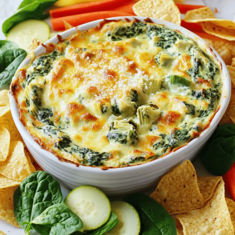 To make a tasty Creamy Spinach Artichoke Dip, gather these key ingredients: - 1 cup frozen spinach, thawed - 1 cup canned artichoke hearts, drained and chopped - 1 cup cream cheese, softened - ½ cup sour cream - ½ cup mayonnaise - 1 cup shredded mozzarella cheese - ½ cup grated Parmesan cheese - 2 cloves garlic, minced - 1 teaspoon onion powder - ½ teaspoon red pepper flakes (optional) - Salt and black pepper to taste These ingredients create a rich and creamy base, packed with flavor. You can get creative with your dip. Here are some fun add-ins: - Cooked, chopped bacon for a smoky taste - Fresh herbs like parsley or basil for a fresh flavor - Chopped sun-dried tomatoes for a tangy twist - A squeeze of lemon juice for brightness These additions can help personalize your dip to your liking. If you need to swap out ingredients, here are some great options: - Greek yogurt can replace sour cream for a tangy flavor. - Cottage cheese can be used instead of cream cheese for a lighter dip. - Any shredded cheese can work in place of mozzarella. - Use fresh spinach instead of frozen, just sauté it first. These substitutions allow flexibility in making your dip, while still keeping it delicious. For the full recipe, check out the provided details. Making creamy spinach artichoke dip is simple and fun. Gather your ingredients first. You will need frozen spinach, artichoke hearts, cream cheese, sour cream, mayonnaise, mozzarella, Parmesan, garlic, onion powder, red pepper flakes, salt, and pepper. This dip takes about 15 minutes to prep and 30 minutes to bake. 1. Preheat Oven: Set your oven to 375°F (190°C) so it’s ready for baking. 2. Mix Cream Base: In a medium bowl, combine softened cream cheese, sour cream, and mayonnaise. Blend until smooth. 3. Combine Veggies and Seasonings: Add chopped artichoke hearts, well-drained spinach, minced garlic, onion powder, and red pepper flakes. Stir gently until mixed well. 4. Add Cheeses: Fold in shredded mozzarella and grated Parmesan cheese. Ensure all ingredients mix well. 5. Season: Taste the mixture and season with salt and freshly ground black pepper as needed. 6. Transfer to Baking Dish: Spoon the creamy mix into a baking dish. Spread it evenly with a spatula. 7. Bake: Place the baking dish in the oven and bake for 25-30 minutes. Look for a bubbly dip with a light golden crust. 8. Cool Slightly: After baking, remove from the oven. Let the dip sit for a few minutes before serving. For the full recipe, check out the details above. Enjoy this tasty dip with chips or veggie sticks for a perfect party treat. To make the perfect creamy spinach artichoke dip, focus on your ingredients. Use fresh spinach if possible. This adds vibrant flavor and nutrition. Ensure your cream cheese is soft. This helps everything mix smoothly. Mix your cream base well for a creamy texture. Fold in the spinach and artichokes gently. This keeps the texture nice. Taste your dip before baking. Adjust the salt and pepper to your liking. One common mistake is not squeezing out the moisture from the spinach. This can lead to a watery dip. Another mistake is overbaking. Keep an eye on your dip. Remove it when it is bubbly and golden. Using too much garlic can overpower the dish. Stick to the recipe for a balanced flavor. Lastly, don’t forget to let the dip cool slightly before serving. This helps it set and makes it easier to scoop. For the best enjoyment, serve your dip warm. Pair it with crunchy tortilla chips or fresh veggie sticks. Carrot and celery sticks add a nice contrast. You can also use toasted baguette slices. Arrange these around the dip for a beautiful presentation. Garnish with extra Parmesan or fresh spinach leaves. This adds a nice touch and makes your dip look more inviting. For more details, check the Full Recipe. {{image_4}} You can make this dip lighter without losing flavor. Use Greek yogurt instead of sour cream and mayo. This swap adds protein and cuts calories. You can also use low-fat cream cheese. Fresh spinach is a great substitute for frozen spinach. Just chop it finely and sauté it to remove water. If you love heat, try adding some spice. Mix in diced jalapeños or a splash of hot sauce. You can also increase the red pepper flakes. For a smoky flavor, add a bit of smoked paprika. These tweaks really add a kick and make your dip stand out. Get creative with flavors! Try adding sun-dried tomatoes for a tangy twist. Chopped olives can give a briny taste that complements the dip well. You can also mix in fresh herbs like basil or thyme for a fresh touch. Experiment with different cheeses too. Cheddar or goat cheese can bring a new depth of flavor. For the full recipe, check out the Creamy Spinach Artichoke Dip section above. To keep your creamy spinach artichoke dip fresh, store it in an airtight container. Let the dip cool completely before sealing it. This helps prevent moisture buildup. Refrigerate the dip, and it will stay good for about 3 to 5 days. Be sure to label the container with the date, so you know when to use it. When you're ready to enjoy the leftovers, you can easily reheat the dip. Transfer it to an oven-safe dish. Preheat your oven to 350°F (175°C). Bake for about 15 to 20 minutes or until it is hot and bubbly. Stir it halfway through to ensure even heating. If you prefer, you can also microwave it in a microwave-safe bowl for 1-2 minutes. Stir it well after heating, so it warms evenly. If you want to save some dip for later, freezing is a great option. First, let the dip cool completely. Then, scoop it into a freezer-safe container or a heavy-duty freezer bag. Be sure to remove as much air as possible before sealing. This helps prevent freezer burn. It can last up to 2 months in the freezer. When you're ready to enjoy it, thaw it overnight in the fridge. Reheat it as described above for a delicious treat. For the full recipe, check out the Creamy Spinach Artichoke Dip section. Yes, you can make this dip ahead. Mix all the ingredients and store it in the fridge. Cover it tightly. Bake the dip just before your party. This way, you can serve it warm and fresh. You can serve the dip with many tasty options. Here are some ideas: - Tortilla chips - Fresh veggie sticks (like carrots and celery) - Toasted baguette slices - Pita chips These choices add nice crunch and flavor. Yes, this dip is gluten-free. All the ingredients are safe for those avoiding gluten. Just be sure to check labels if you buy pre-made items like mayonnaise. Enjoy this dip worry-free! For the full recipe, you can check out the detailed steps and ingredients. In this post, we covered all you need for a great creamy spinach artichoke dip. We discussed key ingredients, cooking steps, and tips for the best dip. Remember, you can customize ingredients to match your taste. Don’t forget to avoid common mistakes for a perfect dish. With these insights, you can impress your friends at any gathering. Enjoy making and sharing this delicious dip, and feel free to explore variations and storage options for leftovers. Happy cooking!
