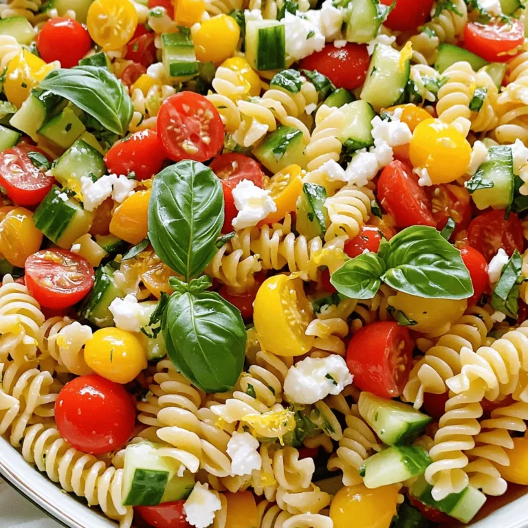 For a great Lemon Basil Pasta Salad, you need: - 8 oz. fusilli or rotini pasta - 1 cup cherry tomatoes, halved - 1 cup cucumber, diced - 1/2 cup red bell pepper, diced - 1/4 cup red onion, finely chopped These ingredients make the salad fresh and colorful. The pasta offers a nice base, while the veggies add crunch and flavor. The dressing brings everything together. Gather these items: - 1/4 cup extra virgin olive oil - 2 tablespoons freshly squeezed lemon juice - Zest of 1 sunny lemon - Salt and freshly ground black pepper, to taste This dressing gives a bright taste. Fresh lemon juice and zest make it lively. To elevate your dish, consider these optional ingredients: - 1/4 cup feta cheese, crumbled - 1/2 cup fresh basil leaves, roughly torn Feta adds creaminess, while basil enhances the fresh flavor. These optional ingredients make your salad special. For the full recipe, check out the detailed instructions. To start, bring a large pot of salted water to a boil. Add 8 ounces of fusilli or rotini pasta. Cook it according to the package instructions until it is al dente. This usually takes around 8-10 minutes. Once done, drain the pasta using a colander. Rinse it under cold water to cool it down quickly. This step stops the cooking process and keeps the pasta firm. Set the cooled pasta aside in a large mixing bowl. Next, chop your vegetables. You will need 1 cup of halved cherry tomatoes, 1 cup of diced cucumbers, 1/2 cup of diced red bell pepper, and 1/4 cup of finely chopped red onion. Place these in a separate large bowl. Mix everything lightly. This ensures your veggies are evenly distributed, which makes every bite delicious. Now it’s time to bring everything together. Add the cooled pasta into the bowl with your veggies. Stir gently to mix them well. This helps the pasta absorb the fresh flavors. For the dressing, take a small bowl and whisk together 1/4 cup of extra virgin olive oil, 2 tablespoons of freshly squeezed lemon juice, and the zest of 1 lemon. Season the dressing with salt and freshly ground black pepper to taste. Drizzle this dressing over the pasta and veggie mix. Gently toss everything together. This ensures the dressing coats all the ingredients well without breaking apart the pasta or veggies. To finish, carefully fold in 1/2 cup of torn basil leaves and 1/4 cup of crumbled feta cheese. Use a light touch here to keep the cheese intact while mixing. For the best flavor, refrigerate the salad for at least 30 minutes. This allows the flavors to meld beautifully. Enjoy your fresh and healthy lemon basil pasta salad! For the full recipe, check the recipe above. - For gluten-free pasta options, use brown rice or quinoa pasta. They work well and taste great. - If you're looking for vegan cheese alternatives, try cashew cheese or nutritional yeast for a cheesy flavor without dairy. - To enhance the lemon flavor, add more lemon zest or juice. This brightens up the dish. - Adjusting seasoning levels is key. Taste your salad before serving. Add salt and pepper as needed. - Serve the pasta salad in a large, colorful bowl for a striking look. - Garnish with extra fresh basil leaves and a sprinkle of crumbled feta. This adds beauty and flavor. Enjoy making this Lemon Basil Pasta Salad! For the complete recipe, check the Full Recipe. {{image_4}} You can make this lemon basil pasta salad even better by adding seasonal vegetables. In spring, toss in fresh peas or asparagus for crunch. In summer, add sweet corn or zucchini for a light touch. Autumn brings great options like roasted butternut squash or Brussels sprouts. These veggies not only add flavor but also bright colors to your dish. You can mix and match to suit your taste and the season. Want to make this salad heartier? Consider adding protein. Grilled chicken works great. Just slice it thin and mix it in. Shrimp is another tasty choice. Grill or sauté the shrimp until pink, then fold it into the salad. Both options boost protein and make the dish filling. You can easily customize it to fit your dietary needs or cravings. There are two main styles for pasta salad: creamy and vinaigrette-based. For a creamy version, you can add Greek yogurt or mayo to your dressing. This makes the salad rich and smooth. For a lighter option, stick with the vinaigrette style. The lemon juice and olive oil dressing keeps it fresh and zesty. Experiment with both styles to find your favorite! Check out the Full Recipe for more details on how to create these variations. To store leftovers properly, place your Lemon Basil Pasta Salad in an airtight container. This keeps the salad fresh and prevents it from drying out. If you have a large batch, divide it into smaller portions. This makes it easy to grab a quick snack or side dish later. Make sure to keep it in the fridge right after serving. In the fridge, your pasta salad stays fresh for about 3 to 5 days. If you notice any signs of spoilage, like an off smell or slimy texture, it’s best to throw it away. Always check for freshness before enjoying your leftovers. You can freeze pasta salad, but it can change the texture. I recommend only freezing the pasta part without the fresh veggies or dressing. Cooked pasta freezes well for up to 3 months. When ready to eat, thaw it in the fridge overnight. Then, add fresh veggies and dressing for the best flavor. For the full recipe, check the earlier sections. To make a dairy-free version, simply skip the feta cheese. You can add more veggies for texture. Try adding avocado or artichoke hearts. These ingredients add creaminess without dairy. A sprinkle of nutritional yeast can offer a cheesy flavor. This keeps the dish light and fresh. You can use dried basil, but fresh basil gives a better taste. Dried herbs lack the bright flavor of fresh ones. If you use dried basil, use about one-third of the amount you’d use fresh. Consider adding lemon zest for an extra punch of flavor. This will help boost the overall taste of your salad. You should not leave pasta salad out for more than two hours. After that, bacteria can grow and spoil the food. If it's warm outside, reduce that time to one hour. Keep it chilled in the fridge until ready to serve. This keeps the salad fresh and safe to eat. This blog shared great tips for making a tasty lemon basil pasta salad. You learned about the main ingredients and simple steps. Plus, I provided tips for enhancing flavor and presentation. Remember, using seasonal veggies can make your dish even better. Store leftovers well to keep them fresh. Now, you can create this dish at home effortlessly. Enjoy your cooking and share this recipe with friends!