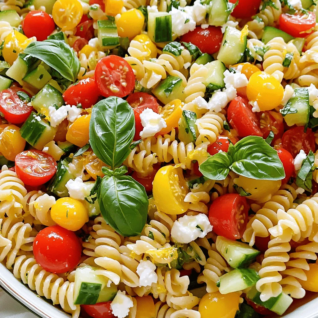 For a great Lemon Basil Pasta Salad, you need: - 8 oz. fusilli or rotini pasta - 1 cup cherry tomatoes, halved - 1 cup cucumber, diced - 1/2 cup red bell pepper, diced - 1/4 cup red onion, finely chopped These ingredients make the salad fresh and colorful. The pasta offers a nice base, while the veggies add crunch and flavor. The dressing brings everything together. Gather these items: - 1/4 cup extra virgin olive oil - 2 tablespoons freshly squeezed lemon juice - Zest of 1 sunny lemon - Salt and freshly ground black pepper, to taste This dressing gives a bright taste. Fresh lemon juice and zest make it lively. To elevate your dish, consider these optional ingredients: - 1/4 cup feta cheese, crumbled - 1/2 cup fresh basil leaves, roughly torn Feta adds creaminess, while basil enhances the fresh flavor. These optional ingredients make your salad special. For the full recipe, check out the detailed instructions. To start, bring a large pot of salted water to a boil. Add 8 ounces of fusilli or rotini pasta. Cook it according to the package instructions until it is al dente. This usually takes around 8-10 minutes. Once done, drain the pasta using a colander. Rinse it under cold water to cool it down quickly. This step stops the cooking process and keeps the pasta firm. Set the cooled pasta aside in a large mixing bowl. Next, chop your vegetables. You will need 1 cup of halved cherry tomatoes, 1 cup of diced cucumbers, 1/2 cup of diced red bell pepper, and 1/4 cup of finely chopped red onion. Place these in a separate large bowl. Mix everything lightly. This ensures your veggies are evenly distributed, which makes every bite delicious. Now it’s time to bring everything together. Add the cooled pasta into the bowl with your veggies. Stir gently to mix them well. This helps the pasta absorb the fresh flavors. For the dressing, take a small bowl and whisk together 1/4 cup of extra virgin olive oil, 2 tablespoons of freshly squeezed lemon juice, and the zest of 1 lemon. Season the dressing with salt and freshly ground black pepper to taste. Drizzle this dressing over the pasta and veggie mix. Gently toss everything together. This ensures the dressing coats all the ingredients well without breaking apart the pasta or veggies. To finish, carefully fold in 1/2 cup of torn basil leaves and 1/4 cup of crumbled feta cheese. Use a light touch here to keep the cheese intact while mixing. For the best flavor, refrigerate the salad for at least 30 minutes. This allows the flavors to meld beautifully. Enjoy your fresh and healthy lemon basil pasta salad! For the full recipe, check the recipe above. - For gluten-free pasta options, use brown rice or quinoa pasta. They work well and taste great. - If you're looking for vegan cheese alternatives, try cashew cheese or nutritional yeast for a cheesy flavor without dairy. - To enhance the lemon flavor, add more lemon zest or juice. This brightens up the dish. - Adjusting seasoning levels is key. Taste your salad before serving. Add salt and pepper as needed. - Serve the pasta salad in a large, colorful bowl for a striking look. - Garnish with extra fresh basil leaves and a sprinkle of crumbled feta. This adds beauty and flavor. Enjoy making this Lemon Basil Pasta Salad! For the complete recipe, check the Full Recipe. {{image_4}} You can make this lemon basil pasta salad even better by adding seasonal vegetables. In spring, toss in fresh peas or asparagus for crunch. In summer, add sweet corn or zucchini for a light touch. Autumn brings great options like roasted butternut squash or Brussels sprouts. These veggies not only add flavor but also bright colors to your dish. You can mix and match to suit your taste and the season. Want to make this salad heartier? Consider adding protein. Grilled chicken works great. Just slice it thin and mix it in. Shrimp is another tasty choice. Grill or sauté the shrimp until pink, then fold it into the salad. Both options boost protein and make the dish filling. You can easily customize it to fit your dietary needs or cravings. There are two main styles for pasta salad: creamy and vinaigrette-based. For a creamy version, you can add Greek yogurt or mayo to your dressing. This makes the salad rich and smooth. For a lighter option, stick with the vinaigrette style. The lemon juice and olive oil dressing keeps it fresh and zesty. Experiment with both styles to find your favorite! Check out the Full Recipe for more details on how to create these variations. To store leftovers properly, place your Lemon Basil Pasta Salad in an airtight container. This keeps the salad fresh and prevents it from drying out. If you have a large batch, divide it into smaller portions. This makes it easy to grab a quick snack or side dish later. Make sure to keep it in the fridge right after serving. In the fridge, your pasta salad stays fresh for about 3 to 5 days. If you notice any signs of spoilage, like an off smell or slimy texture, it’s best to throw it away. Always check for freshness before enjoying your leftovers. You can freeze pasta salad, but it can change the texture. I recommend only freezing the pasta part without the fresh veggies or dressing. Cooked pasta freezes well for up to 3 months. When ready to eat, thaw it in the fridge overnight. Then, add fresh veggies and dressing for the best flavor. For the full recipe, check the earlier sections. To make a dairy-free version, simply skip the feta cheese. You can add more veggies for texture. Try adding avocado or artichoke hearts. These ingredients add creaminess without dairy. A sprinkle of nutritional yeast can offer a cheesy flavor. This keeps the dish light and fresh. You can use dried basil, but fresh basil gives a better taste. Dried herbs lack the bright flavor of fresh ones. If you use dried basil, use about one-third of the amount you’d use fresh. Consider adding lemon zest for an extra punch of flavor. This will help boost the overall taste of your salad. You should not leave pasta salad out for more than two hours. After that, bacteria can grow and spoil the food. If it's warm outside, reduce that time to one hour. Keep it chilled in the fridge until ready to serve. This keeps the salad fresh and safe to eat. This blog shared great tips for making a tasty lemon basil pasta salad. You learned about the main ingredients and simple steps. Plus, I provided tips for enhancing flavor and presentation. Remember, using seasonal veggies can make your dish even better. Store leftovers well to keep them fresh. Now, you can create this dish at home effortlessly. Enjoy your cooking and share this recipe with friends!