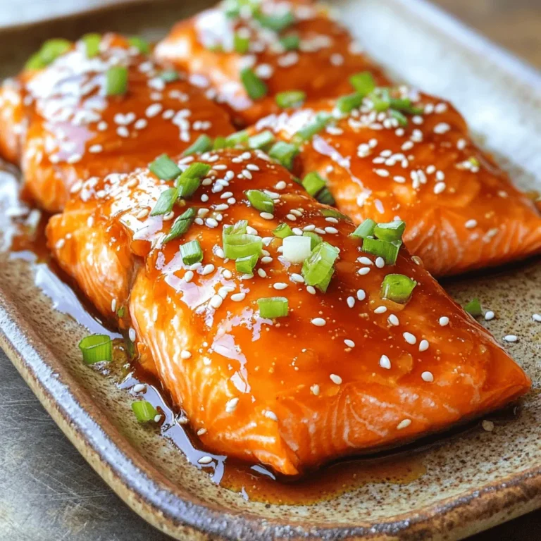 - 4 salmon fillets (approximately 6 oz each) - 1/4 cup honey - 3 tablespoons Sriracha sauce - 2 tablespoons soy sauce - 1 tablespoon fresh ginger, finely grated - 2 cloves garlic, minced - Juice of 1 lime - 1 tablespoon sesame oil - Salt and black pepper, to taste - 2 green onions, finely chopped - Sesame seeds Let’s start with the main ingredients. First, you need fresh salmon fillets. I like to use four fillets, each about 6 ounces. Salmon is rich and works well with our glaze. Next, grab 1/4 cup of honey. This adds sweetness and helps caramelize the fish. For heat, include 3 tablespoons of Sriracha sauce. It packs a punch! Then, add 2 tablespoons of soy sauce for a savory touch. Now, let’s look at some additional ingredients. You’ll want 1 tablespoon of fresh ginger, finely grated. Ginger gives a nice warmth and flavor. You’ll also need 2 cloves of minced garlic. Garlic adds depth. Next, squeeze the juice of 1 lime. The lime brightens the dish. Finally, add 1 tablespoon of sesame oil to round out the flavors. For seasoning and garnish, use salt and black pepper to taste. I suggest topping your dish with 2 finely chopped green onions for color and flavor. Lastly, sprinkle some sesame seeds on top for added crunch and appeal. This recipe is simple and fun to make. You can find the full recipe at the start of this article. Enjoy cooking! To start, gather your ingredients. In a medium bowl, combine: - 1/4 cup honey - 3 tablespoons Sriracha sauce - 2 tablespoons soy sauce - 1 tablespoon fresh ginger, finely grated - 2 cloves garlic, minced - Juice of 1 lime - 1 tablespoon sesame oil - Salt and black pepper, to taste Whisk these ingredients together. You want a smooth glaze. The sweetness of honey and the kick from Sriracha make a great mix. This glaze will coat your salmon well and add lots of flavor. Next, take your salmon fillets. Coat them with the honey Sriracha glaze. Make sure they are fully covered. You can use a shallow dish or a resealable bag for this. After coating, place the salmon in the fridge. Let it marinate for at least 30 minutes. If you have time, let it sit for up to 2 hours. This helps the flavors soak in deeper. Now, it’s time to bake. Preheat your oven to 400°F (200°C). While it heats, prepare a baking sheet. Line it with parchment paper. This makes for easy cleanup and keeps the salmon from sticking. After marinating, take the salmon out. Let any extra glaze drip off. Place the fillets skin-side down on the baking sheet. Bake for 12-15 minutes. The salmon is done when it flakes easily with a fork. Aim for an internal temperature of 145°F (63°C). For extra flavor, you can save some of the glaze. Pour it into a small saucepan. Heat it until it simmers for about 3-5 minutes. This will thicken it. Once the salmon is ready, brush this glaze over the fillets. Garnish with green onions and sesame seeds for a nice touch. For the full recipe, check out the detailed instructions above. To get the best salmon, check the internal temperature. You want it to reach 145°F (63°C). This ensures the fish is safe to eat and still juicy. When buying salmon, look for bright color and firm texture. Fresh salmon should smell clean, like the sea. Avoid fish that has a strong or fishy smell. For the best flavor, marinate the salmon for at least 30 minutes. If you have time, let it sit in the fridge for two hours. This helps the glaze soak into the fish. If you want a thicker glaze, simmer it for a few more minutes. This will make it richer and stick better to the salmon. When serving, place the salmon on a nice plate. Pair it with steamed veggies or jasmine rice for color. Drizzle some glaze around the salmon for a fancy touch. To make it look even better, sprinkle chopped green onions and sesame seeds on top. This adds color and makes the dish pop. {{image_4}} You can easily change the spice in your Honey Sriracha Glazed Salmon. If you prefer less heat, reduce the Sriracha to 1 tablespoon. This still gives flavor without too much kick. For more heat, increase the Sriracha to 5 tablespoons. Be careful! A little can go a long way. Always taste as you go to find your perfect balance. Want to make the glaze even better? Try adding citrus zest. Lime or orange zest can brighten up the flavor. Fresh herbs like cilantro or parsley also work great. Just chop them finely and mix them into the glaze. This adds freshness and a new twist to your dish. Grilling is a fun option for cooking Honey Sriracha Glazed Salmon. First, preheat your grill to medium-high heat. Brush the grill grates with oil to prevent sticking. Place the marinated salmon fillets directly on the grill. Grill for about 6-8 minutes on each side. This gives you nice grill marks and a smoky flavor. You can also use a grill basket for easier handling. For the full recipe, check out the detailed instructions above! To store cooked salmon in the fridge, place it in an airtight container. This keeps it fresh and safe. Ensure the salmon is cooled to room temperature first. Refrigerate it within two hours after cooking. Properly stored, it will last for up to three days. When you are ready to enjoy it again, check for any off smells or changes in texture. Freezing salmon is simple. First, wrap each fillet tightly in plastic wrap or aluminum foil. This helps prevent freezer burn. Then, place the wrapped salmon in a freezer-safe bag. Make sure to squeeze out as much air as possible. Label the bag with the date. Frozen salmon can last for up to three months. For marinated salmon, follow the same steps before freezing. When reheating salmon, avoid drying it out. Preheat your oven to 275°F (135°C). Place the salmon in a baking dish with a splash of water or broth. Cover it with foil to keep moisture in. Heat for about 15 minutes, or until warmed through. If using a microwave, heat in short bursts at medium power. Check frequently to avoid overcooking. Enjoy your honey Sriracha glazed salmon again! I recommend marinating salmon for at least 30 minutes. This time allows the flavors to soak in well. If you have time, try to marinate for up to 2 hours. This longer time offers even more flavor. Just keep the salmon in the fridge while it marinates. Yes, you can use other fish like trout or tilapia. Both have a mild flavor that works well with the glaze. You may also try chicken or shrimp if you like. Just adjust the cooking times as needed. Several sides go great with this dish. Here are a few ideas: - Steamed broccoli - Jasmine rice - Quinoa salad - Roasted asparagus - Mixed green salad These sides add balance and make your meal complete. You can also drizzle some extra glaze over your sides for added flavor. This blog post shared a simple yet tasty recipe for Honey Sriracha Glazed Salmon. You learned about the key ingredients, step-by-step instructions, and some handy tips to make the dish perfect. Variations and storage tips were also included to help you get the most from your meal. In closing, enjoy cooking this salmon with your own twist. With the right ingredients and care, it will impress your family and friends. Give it a try and savor the flavors!