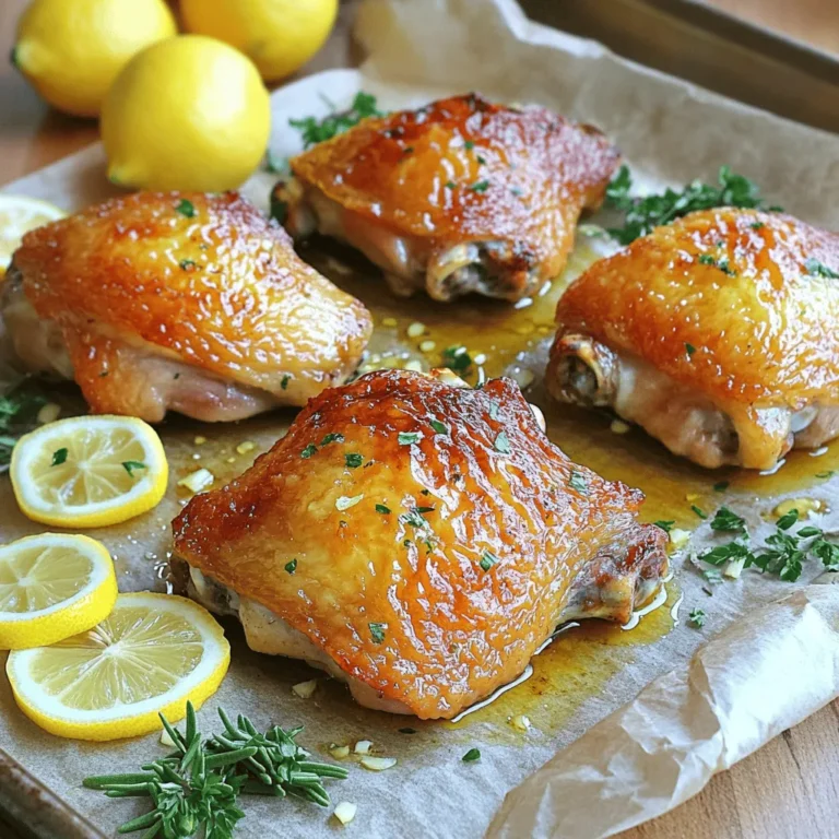 To make Lemon Garlic Roasted Chicken Thighs, you will need: - 4 bone-in chicken thighs, skin-on - 4 cloves of garlic, finely minced - 2 lemons (1 juiced, 1 thinly sliced) - 3 tablespoons extra virgin olive oil - 1 tablespoon fresh rosemary, finely chopped (or 1 teaspoon dried rosemary) - 1 teaspoon smoked paprika - Sea salt and freshly ground black pepper to taste - Fresh parsley, chopped (for garnish) These main ingredients work together to create a dish that is both tasty and simple. The chicken thighs provide a juicy base, while the garlic and lemon add bright, fresh flavors. You can elevate your dish with some optional garnishes and enhancements. Consider adding: - Lemon wedges for extra zest - Thinly sliced green onions for a bit of crunch - A sprinkle of red pepper flakes for heat These extras can bring new layers of flavor and make your meal more visually appealing. If you don’t have all the ingredients, you can still make this dish. Here are some easy substitutes: - Use chicken breasts instead of thighs for a leaner option. - Swap olive oil with avocado oil for a different flavor. - If you lack fresh rosemary, try thyme or oregano. These substitutes keep the essence of the dish while allowing for flexibility in your kitchen. For the full recipe, check out the details above! To start, we need to prep our chicken thighs. First, preheat your oven to 425°F (220°C). This step is key to roasting the chicken well. Next, let’s make the marinade. In a bowl, mix together 4 minced garlic cloves, juice from 1 lemon, 3 tablespoons of olive oil, 1 tablespoon of rosemary, 1 teaspoon of smoked paprika, and a sprinkle of sea salt and black pepper. This mix adds great flavor to the chicken. Now, take your chicken thighs and pat them dry with paper towels. This helps the skin get crispy. Place the thighs in a big zip-top bag or a bowl. Pour the marinade over the chicken and coat each piece well. If using a bag, seal it tight. If in a bowl, cover it with plastic wrap. Let it sit in the fridge for at least 30 minutes, but 2 hours is even better for flavor. Once you finish marinating, it’s time to roast. Line a baking sheet with parchment paper to make cleanup easy. Place the marinated chicken thighs on the sheet, skin-side up. Make sure they are not touching each other. This allows them to cook evenly. Now, add the lemon slices around the chicken. Pop the baking sheet into the oven and roast for 35-40 minutes. The chicken will turn golden brown. To keep it juicy, baste the chicken with the juices halfway through cooking. This step is simple but makes a big difference. To check if the chicken is ready, use a meat thermometer. Insert it into the thickest part of the thigh. The internal temperature should reach 165°F (74°C). If you don’t have a thermometer, look for golden skin and clear juices when you cut into it. Once the chicken is done, take it out of the oven and let it rest for 5 minutes. Resting allows the juices to stay inside the meat, making it tender. Now, it’s time to garnish your dish with some fresh parsley. This adds a lovely touch to the meal. For the full recipe, check the earlier section. Enjoy your delicious Lemon Garlic Roasted Chicken Thighs! To get that perfect crispy skin on your chicken thighs, start by drying them well. Use paper towels to pat them dry. This helps the skin crisp during cooking. Make sure to season the skin with salt. The salt draws out moisture, leading to a crunchier texture. Place the chicken thighs skin-side up on the baking sheet. This allows hot air to circulate around the skin. High heat is key, so preheat your oven to 425°F (220°C) before roasting. If you want even crispier skin, broil the chicken for the last 2-3 minutes. Just watch closely to avoid burning. Marinating your chicken thighs enhances flavor and tenderness. I recommend marinating for at least 30 minutes. However, 2 hours or more is even better. Make your marinade with lemon juice, minced garlic, olive oil, and herbs. This combination adds great flavor. Use a zip-top bag for easy mixing. Place the chicken in the bag, pour in the marinade, and seal it tight. Massage the marinade into the chicken thighs for even coating. If you have time, let the chicken marinate overnight in the fridge. This allows the flavors to really soak in. To take your Lemon Garlic Roasted Chicken Thighs up a notch, consider adding more herbs and spices. Fresh herbs like thyme or oregano work well. You can also sprinkle some red pepper flakes for heat. For a smoky touch, use smoked paprika. Add lemon slices on top of the chicken before roasting. They will caramelize and give extra flavor to your dish. You can also swap out olive oil for garlic-infused oil. This adds another layer of taste. For a burst of freshness, sprinkle chopped parsley right before serving. This not only enhances flavor but also makes your dish look beautiful. For the full recipe, check out the complete guide on making Lemon Garlic Roasted Chicken Thighs. {{image_4}} You can switch up the flavors in your Lemon Garlic Roasted Chicken Thighs. Instead of rosemary, try thyme or oregano. Both herbs add a nice touch. You can also use lemon zest for a stronger lemon flavor. If you like heat, sprinkle in some red pepper flakes. They give a nice kick without overpowering the dish. While roasting is a classic way to cook chicken thighs, you can try grilling them for a smoky flavor. Just marinate as usual, then cook on a grill over medium heat. Another option is using an air fryer. It cooks faster and still gives you crispy skin. Set your air fryer to 380°F (193°C) and cook for about 25-30 minutes. Serve your lemon garlic chicken with a side of roasted veggies. Carrots and potatoes work great. You can also pair it with a simple salad for a fresh touch. If you want something hearty, try rice or quinoa. These sides soak up the chicken's juices well. For a fun twist, serve it in tacos with some fresh salsa. You can find the full recipe to explore these variations and more. To store your leftover lemon garlic roasted chicken thighs, let them cool first. Place the chicken in an airtight container. Make sure to cover it tightly. Store it in the fridge for up to three days. This keeps the chicken fresh and safe to eat. When you are ready to enjoy the leftovers, preheat your oven to 350°F (175°C). Place the chicken thighs on a baking sheet. Cover them with foil to keep moisture in. Heat for about 15-20 minutes. Check that the chicken is warm throughout. You want it to reach a safe temperature of 165°F (74°C). If you have more chicken than you can eat, freezing is a great option. Wrap each thigh tightly in plastic wrap, then place them in a freezer-safe bag. This prevents freezer burn. The chicken will stay good for up to three months. When you want to eat it, thaw it overnight in the fridge before reheating. This keeps the flavor intact. For the complete recipe, check the full recipe for lemon garlic roasted chicken thighs. Yes, you can use boneless chicken thighs. They cook faster and stay juicy. Adjust your cooking time to about 25-30 minutes. Always check the internal temperature. It should reach at least 165°F (74°C) for safe eating. To check if the chicken is done, use a meat thermometer. Insert it into the thickest part of the thigh. If it reads 165°F (74°C), it’s safe to eat. You can also check the juices. They should run clear, not pink. You can serve this dish with many sides. Here are some ideas: - Roasted vegetables, like carrots and broccoli - A fresh salad with lemon vinaigrette - Mashed potatoes or rice for a hearty meal - Crusty bread to soak up the juices For the complete cooking experience, check out the Full Recipe. Lemon garlic roasted chicken thighs are easy and delicious. We covered the main ingredients, cooking steps, and tips for crispy skin. You can even try variations for extra flavor. Don't forget how to store leftovers properly. With these tips, you can make a tasty meal that your family will love. Enjoy experimenting with different herbs and sides. Trust me, this dish will become a new favorite!