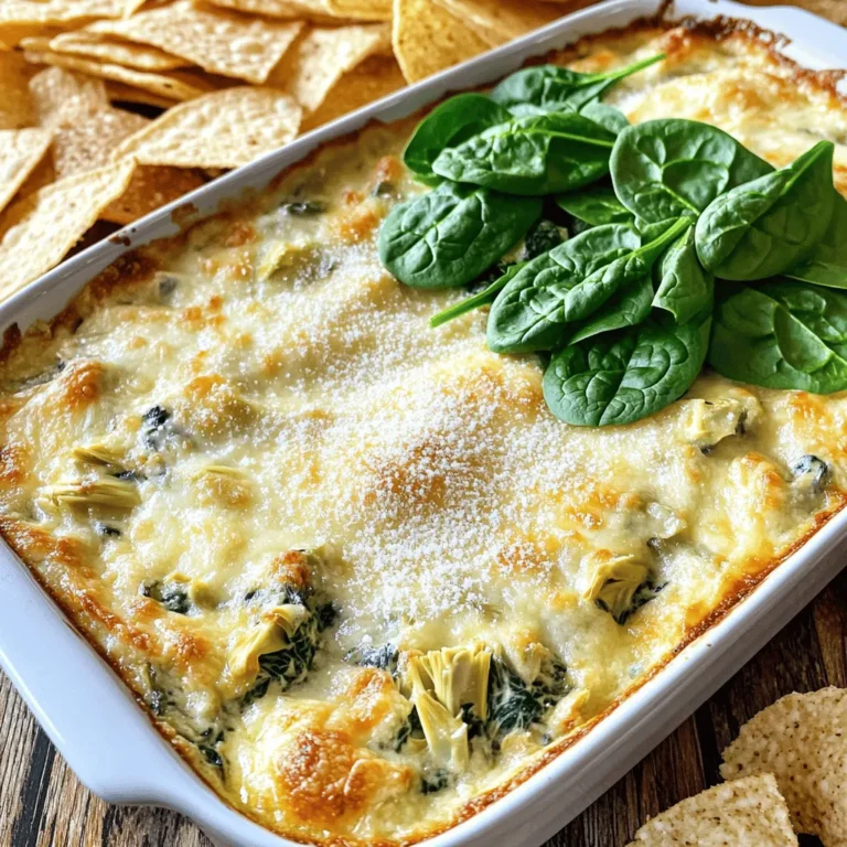 - 1 cup frozen spinach, thawed and thoroughly drained - 1 cup canned artichoke hearts, rinsed and chopped - 1 cup cream cheese, softened - 1/2 cup sour cream - 1/2 cup mayonnaise - 1 cup shredded mozzarella cheese - 1/2 cup grated Parmesan cheese - 2 cloves garlic, minced - 1 teaspoon onion powder - 1 teaspoon fresh lemon juice - Salt and pepper, to taste When I make spinach artichoke dip, I love how simple the ingredients are. You can find most of them in your pantry or fridge. The frozen spinach is easy to use, and it gives that fresh taste once thawed and drained. Artichoke hearts add a nice texture and flavor. Cream cheese, sour cream, and mayonnaise create the rich base. The mozzarella and Parmesan cheese make it ooey-gooey and tasty. Garlic adds a punch of flavor, while onion powder and lemon juice brighten it up. Salt and pepper help balance everything out. - Calories per serving: Approximately 250 calories - Total fat: 20g - Carbohydrates: 6g - Protein: 8g - Dietary considerations: This dip can be gluten-free and low-carb. Use gluten-free crackers for dipping. Knowing the nutritional info helps you enjoy this dip guilt-free. Each serving is filling and satisfying. You can enjoy it with veggies or whole-grain chips to make it healthier. Check out the full recipe for details on how to make this dip shine at your next gathering! First, set your oven to 350°F (175°C). This temperature is key for baking the dip evenly. A hot oven helps the cheeses melt well and gives a nice golden top. In a large bowl, mix together the softened cream cheese, sour cream, and mayonnaise. You can use a hand mixer or a sturdy spatula. Blend until smooth and free of lumps. This creamy base makes the dip rich and tasty. Add the chopped artichoke hearts, drained spinach, minced garlic, onion powder, and lemon juice to the creamy base. Mix well to ensure everything is evenly combined. Proper mixing is important for great flavor in every bite. Now, carefully transfer the dip mixture into a baking dish. Spread it out evenly. This ensures it bakes well. Place the dish in your preheated oven and bake for 25-30 minutes. Look for bubbling and a light golden brown top as signs that it's done. Enjoy making this creamy spinach artichoke dip with the [Full Recipe] for reference! To get the best texture for your spinach artichoke dip, start with room-temperature cream cheese. This helps it blend easily with other ingredients. Mix the cream cheese with sour cream and mayonnaise until smooth. You want a creamy base without lumps. If your dip feels too thick, add a bit more sour cream or mayonnaise until you reach the desired creaminess. This will make every bite rich and velvety. Adding a few extra spices can elevate your dip. Consider mixing in some crushed red pepper for heat or a dash of smoked paprika for depth. Fresh herbs like parsley or dill can also brighten the flavor. When you add new spices, start with small amounts. Taste as you go to find the perfect balance. Remember, every spice adds a new layer of taste that can surprise your guests. When serving your dip, think about what to pair with it. Crispy tortilla chips are a classic choice. You can also serve it with toasted baguette slices for a crunchy bite. Fresh veggies like carrots, celery, or bell peppers add a crisp texture that contrasts nicely with the creamy dip. For a beautiful presentation, sprinkle extra grated Parmesan cheese on top. Add a few fresh spinach leaves and a drizzle of olive oil. This makes your dish look as good as it tastes. Enjoy your savory spinach artichoke dip! {{image_4}} You can change the cheese in your dip to suit your taste. Goat cheese gives a tangy twist. Cheddar adds a rich flavor. Cream-based cheeses can make it even creamier. Mix and match for your perfect blend. For those who like heat, adding jalapeños is a great idea. You can also use hot sauce to spice things up. This adds a fun kick. Adjust the amount to fit your heat level. A little goes a long way! If you want a lighter dip, use low-fat dairy. Greek yogurt is a great substitute for sour cream. You can also add more veggies like bell peppers or mushrooms. This boosts nutrition and keeps it tasty. These changes make the dip healthier without losing flavor. For the full recipe, check out the detailed steps above. Enjoy your kitchen adventure! To store leftovers, let the dip cool to room temperature. Place it in an airtight container. Make sure it seals well to avoid drying out. Store it in the fridge. Your dip will last about 3 to 5 days this way. Before serving, check for any off smells or signs of spoilage. You can freeze spinach artichoke dip for later use. To do this, let the dip cool completely. Then, transfer it to a freezer-safe container. Leave some space at the top, as the dip may expand when frozen. Seal it tightly and label it with the date. The dip can last up to 3 months in the freezer. When you're ready to use it, take the dip out and place it in the fridge overnight to thaw. For quicker thawing, you can use the microwave. Just be sure to stir it every few minutes for even thawing. To keep the dip's texture and taste, reheat it gently. The best method is to use the oven. Preheat it to 350°F (175°C). Place the dip in an oven-safe dish and cover it with foil. Heat for about 15 to 20 minutes. Stir halfway through to ensure even warming. You can also use a microwave. Place the dip in a microwave-safe bowl and heat in short bursts. Stir every 30 seconds until it's warm. This method works well, but the oven keeps the dip creamy. Enjoy your delicious spinach artichoke dip! Yes, you can make this dip ahead of time. To prepare, follow the recipe and mix all the ingredients. Place the dip in a baking dish and cover it. You can store it in the fridge for one to two days. When ready to serve, just bake it in the oven. This method saves you time and keeps the flavors fresh. You have many tasty options to serve with this dip. Here are some favorites: - Crispy tortilla chips - Toasted baguette slices - Fresh vegetable sticks like carrots and celery - Pita bread or crackers These options add crunch and flavor. You can also offer a variety of dips for guests to choose from. Yes, this dip can be gluten-free. Most ingredients are naturally gluten-free. When shopping for artichoke hearts and other canned items, check the labels. Some brands may add gluten to their products. Always choose brands that are labeled gluten-free for safety. If stored properly, this dip lasts about three to five days in the fridge. Keep it in an airtight container. If you freeze it, it can last up to three months. When you want to eat it, thaw it in the fridge overnight. Reheat in the oven until warm and bubbly. Enjoy this creamy treat anytime! This blog post showed you how to make Spinach Artichoke Dip. We covered ingredients, nutritional facts, and simple steps to prepare this dish. Remember to mix well and adjust flavors to your taste. Also, storage tips help keep leftovers fresh. Variations let you customize this dip with different cheeses or add some spice. With easy instructions and helpful FAQs, you can enjoy this creamy dip any time. Try it out for your next gathering. You'll impress your guests with a dish that's both delicious and inviting.