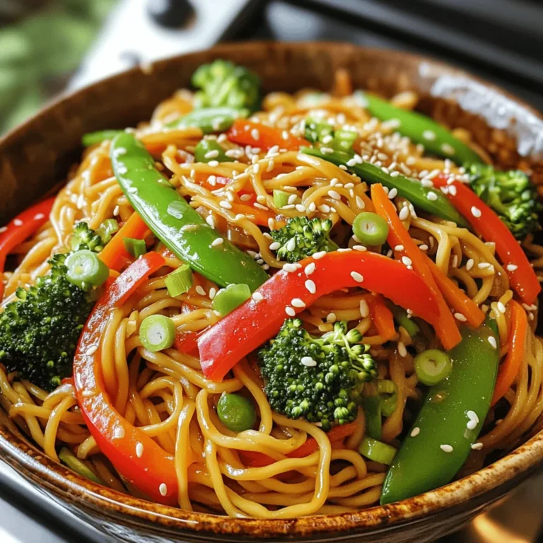 - 8 oz lo mein noodles - 2 tablespoons vegetable oil - 1 red bell pepper, thinly sliced - 1 cup broccoli florets, cleaned - 1 cup snap peas, trimmed - 1 medium carrot, peeled and julienned - 2 green onions, trimmed and chopped - 3 cloves garlic, finely minced - 1 inch fresh ginger, peeled and grated - 3 tablespoons soy sauce - 1 tablespoon sesame oil - 1 tablespoon hoisin sauce - Salt and pepper, to taste - Sesame seeds, for garnish Gathering these ingredients is a fun part of cooking. You can customize this dish with your favorite veggies. Lo mein noodles are the base, but feel free to swap in other noodles if you prefer. Keep your vegetables bright and fresh; they add color and crunch. Garlic and ginger bring a warm flavor, while soy, sesame, and hoisin sauces create a rich taste. To make your meal even more special, think about garnishing with sesame seeds. They add a nice crunch and flair. You can find all of these items in your local grocery store. For the full recipe, check out the Veggie Delight Lo Mein. Enjoy your cooking! To start, boil water in a large pot. Once it reaches a rolling boil, add the lo mein noodles. Cook them according to the package instructions. You want them to be al dente. After cooking, drain the noodles and put them back in the pot. Toss them with a splash of vegetable oil. This will help prevent sticking. Next, heat vegetable oil in a large skillet or wok over medium-high heat. Once the oil is hot, add the minced garlic and grated ginger. Cook these for about 30 seconds. You want them to be fragrant and slightly golden. Now it’s time to add the vegetables. Toss in the sliced red bell pepper, broccoli florets, snap peas, and julienned carrot. Stir-fry this mix for about 5 to 7 minutes. Keep the heat high. You want the vegetables to stay vibrant and tender-crisp. Increase the heat slightly and add the cooked lo mein noodles to the skillet. Drizzle soy sauce, sesame oil, and hoisin sauce over everything. Toss all the ingredients together for 2 to 3 minutes. Make sure the noodles get fully coated with the sauces. Finally, add the chopped green onions to the mix. Season with salt and pepper to taste. Toss everything one last time to combine. Carefully transfer the lo mein to a serving platter. For a special touch, sprinkle sesame seeds on top. This adds a delightful crunch and flavor. To get that great bite in your lo mein, focus on the veggies. Cook them until they are bright and crisp. For the noodles, watch the clock. Cook them just until they are al dente. This means they should still have a bit of chew. If you overcook them, they will turn mushy. Toss the noodles with a little vegetable oil once cooked. This keeps them from sticking together. Want to kick it up a notch? Try adding a splash of chili sauce or a dash of sesame seeds. These small touches can make a big impact on flavor. You can also mix in some oyster sauce for a deeper taste. Experiment with what you like to find your favorites. Get ahead of the game by prepping your ingredients. Chop the veggies and store them in the fridge. This way, you can throw everything together in no time. You can also cook a big batch of lo mein on the weekend. Store it in the fridge for quick meals during the week. When you’re ready to eat, just reheat and enjoy your veggie delight. For the full recipe, check the section above. {{image_4}} You can easily boost your Vegetable Lo Mein by adding protein. Tofu works great for a vegetarian option. Just cube it and sauté until golden. Chicken adds a nice flavor and texture. Cut it into thin strips, and cook until it’s no longer pink. Shrimp is another tasty choice. Cook them quickly until they turn pink. All these proteins pair well with the veggies and sauce. Feel free to change up the vegetables to match your taste. You can use bell peppers of any color. Zucchini, mushrooms, or baby corn also work well. For a crunchy twist, add sliced radishes or bok choy. Just remember, use what you love. This dish can be as colorful as your veggie choices! Vegetable Lo Mein can fit many diets. For vegetarians, it’s already perfect. To make it vegan, just skip the hoisin sauce or find a vegan brand. If you need gluten-free options, use rice noodles instead of lo mein noodles. They will still taste amazing! You can find gluten-free soy sauce too. This way, everyone can enjoy a delicious meal together. For the full recipe, check out the Veggie Delight Lo Mein section. To keep your Vegetable Lo Mein fresh, store it in an airtight container. Place it in the fridge within two hours of cooking. It stays good for about 3 to 5 days. When storing, make sure to separate the sauce from the noodles. This helps prevent sogginess. If you want to freeze it, use a freezer-safe container. It can last for up to three months in the freezer. Just remember to let it cool before freezing. When you are ready to enjoy your leftovers, reheat them gently. Use a skillet over medium heat. Add a splash of water or a small amount of oil to keep the noodles moist. Stir often to ensure even heating. You can also microwave it. Place your lo mein in a bowl, cover it with a microwave-safe lid, and heat for 1 to 2 minutes. Stir halfway through to keep the texture and flavor intact. Enjoy your meal just like the first time! Vegetable Lo Mein is a tasty noodle dish from China. It features soft wheat noodles with colorful veggies. Each bite is a mix of flavors and textures. This dish is not just quick; it's also a comfort food for many. Families often share it during gatherings or special dinners. You can find it on menus in many Chinese restaurants. The blend of soy sauce, garlic, and fresh vegetables makes it a favorite for many. Yes, you can use other types of noodles. If you can't find lo mein noodles, try these options: - Spaghetti: A great substitute if you're in a pinch. - Egg Noodles: They give a similar texture and taste. - Rice Noodles: For a gluten-free option, rice noodles work well. Experimenting with different noodles can lead to fun flavors in your dish. If you want to add some heat to your lo mein, here are a few suggestions: - Chili Oil: Drizzle a bit on top before serving. - Red Pepper Flakes: Add them while cooking for a nice kick. - Sriracha: Mix it into the sauce for extra heat. - Fresh Jalapeños: Toss them in for a crunchy, spicy bite. Adjust the spice to your taste. Enjoy the balance of heat and flavor! This blog post covered all you need to know about making delicious lo mein. We looked at the ingredients, step-by-step cooking methods, and helpful tips. You can customize this dish with proteins or veggies to suit your taste. Don't forget to store your leftovers right for maximum freshness. Now, you can create your own tasty lo mein at home with confidence and ease. Enjoy every bite and make it your own!