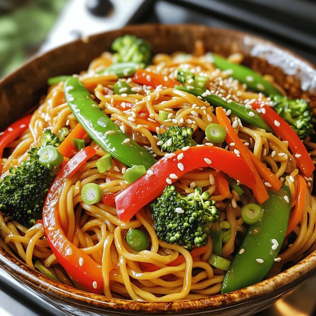 - 8 oz lo mein noodles - 2 tablespoons vegetable oil - 1 red bell pepper, thinly sliced - 1 cup broccoli florets, cleaned - 1 cup snap peas, trimmed - 1 medium carrot, peeled and julienned - 2 green onions, trimmed and chopped - 3 cloves garlic, finely minced - 1 inch fresh ginger, peeled and grated - 3 tablespoons soy sauce - 1 tablespoon sesame oil - 1 tablespoon hoisin sauce - Salt and pepper, to taste - Sesame seeds, for garnish Gathering these ingredients is a fun part of cooking. You can customize this dish with your favorite veggies. Lo mein noodles are the base, but feel free to swap in other noodles if you prefer. Keep your vegetables bright and fresh; they add color and crunch. Garlic and ginger bring a warm flavor, while soy, sesame, and hoisin sauces create a rich taste. To make your meal even more special, think about garnishing with sesame seeds. They add a nice crunch and flair. You can find all of these items in your local grocery store. For the full recipe, check out the Veggie Delight Lo Mein. Enjoy your cooking! To start, boil water in a large pot. Once it reaches a rolling boil, add the lo mein noodles. Cook them according to the package instructions. You want them to be al dente. After cooking, drain the noodles and put them back in the pot. Toss them with a splash of vegetable oil. This will help prevent sticking. Next, heat vegetable oil in a large skillet or wok over medium-high heat. Once the oil is hot, add the minced garlic and grated ginger. Cook these for about 30 seconds. You want them to be fragrant and slightly golden. Now it’s time to add the vegetables. Toss in the sliced red bell pepper, broccoli florets, snap peas, and julienned carrot. Stir-fry this mix for about 5 to 7 minutes. Keep the heat high. You want the vegetables to stay vibrant and tender-crisp. Increase the heat slightly and add the cooked lo mein noodles to the skillet. Drizzle soy sauce, sesame oil, and hoisin sauce over everything. Toss all the ingredients together for 2 to 3 minutes. Make sure the noodles get fully coated with the sauces. Finally, add the chopped green onions to the mix. Season with salt and pepper to taste. Toss everything one last time to combine. Carefully transfer the lo mein to a serving platter. For a special touch, sprinkle sesame seeds on top. This adds a delightful crunch and flavor. To get that great bite in your lo mein, focus on the veggies. Cook them until they are bright and crisp. For the noodles, watch the clock. Cook them just until they are al dente. This means they should still have a bit of chew. If you overcook them, they will turn mushy. Toss the noodles with a little vegetable oil once cooked. This keeps them from sticking together. Want to kick it up a notch? Try adding a splash of chili sauce or a dash of sesame seeds. These small touches can make a big impact on flavor. You can also mix in some oyster sauce for a deeper taste. Experiment with what you like to find your favorites. Get ahead of the game by prepping your ingredients. Chop the veggies and store them in the fridge. This way, you can throw everything together in no time. You can also cook a big batch of lo mein on the weekend. Store it in the fridge for quick meals during the week. When you’re ready to eat, just reheat and enjoy your veggie delight. For the full recipe, check the section above. {{image_4}} You can easily boost your Vegetable Lo Mein by adding protein. Tofu works great for a vegetarian option. Just cube it and sauté until golden. Chicken adds a nice flavor and texture. Cut it into thin strips, and cook until it’s no longer pink. Shrimp is another tasty choice. Cook them quickly until they turn pink. All these proteins pair well with the veggies and sauce. Feel free to change up the vegetables to match your taste. You can use bell peppers of any color. Zucchini, mushrooms, or baby corn also work well. For a crunchy twist, add sliced radishes or bok choy. Just remember, use what you love. This dish can be as colorful as your veggie choices! Vegetable Lo Mein can fit many diets. For vegetarians, it’s already perfect. To make it vegan, just skip the hoisin sauce or find a vegan brand. If you need gluten-free options, use rice noodles instead of lo mein noodles. They will still taste amazing! You can find gluten-free soy sauce too. This way, everyone can enjoy a delicious meal together. For the full recipe, check out the Veggie Delight Lo Mein section. To keep your Vegetable Lo Mein fresh, store it in an airtight container. Place it in the fridge within two hours of cooking. It stays good for about 3 to 5 days. When storing, make sure to separate the sauce from the noodles. This helps prevent sogginess. If you want to freeze it, use a freezer-safe container. It can last for up to three months in the freezer. Just remember to let it cool before freezing. When you are ready to enjoy your leftovers, reheat them gently. Use a skillet over medium heat. Add a splash of water or a small amount of oil to keep the noodles moist. Stir often to ensure even heating. You can also microwave it. Place your lo mein in a bowl, cover it with a microwave-safe lid, and heat for 1 to 2 minutes. Stir halfway through to keep the texture and flavor intact. Enjoy your meal just like the first time! Vegetable Lo Mein is a tasty noodle dish from China. It features soft wheat noodles with colorful veggies. Each bite is a mix of flavors and textures. This dish is not just quick; it's also a comfort food for many. Families often share it during gatherings or special dinners. You can find it on menus in many Chinese restaurants. The blend of soy sauce, garlic, and fresh vegetables makes it a favorite for many. Yes, you can use other types of noodles. If you can't find lo mein noodles, try these options: - Spaghetti: A great substitute if you're in a pinch. - Egg Noodles: They give a similar texture and taste. - Rice Noodles: For a gluten-free option, rice noodles work well. Experimenting with different noodles can lead to fun flavors in your dish. If you want to add some heat to your lo mein, here are a few suggestions: - Chili Oil: Drizzle a bit on top before serving. - Red Pepper Flakes: Add them while cooking for a nice kick. - Sriracha: Mix it into the sauce for extra heat. - Fresh Jalapeños: Toss them in for a crunchy, spicy bite. Adjust the spice to your taste. Enjoy the balance of heat and flavor! This blog post covered all you need to know about making delicious lo mein. We looked at the ingredients, step-by-step cooking methods, and helpful tips. You can customize this dish with proteins or veggies to suit your taste. Don't forget to store your leftovers right for maximum freshness. Now, you can create your own tasty lo mein at home with confidence and ease. Enjoy every bite and make it your own!