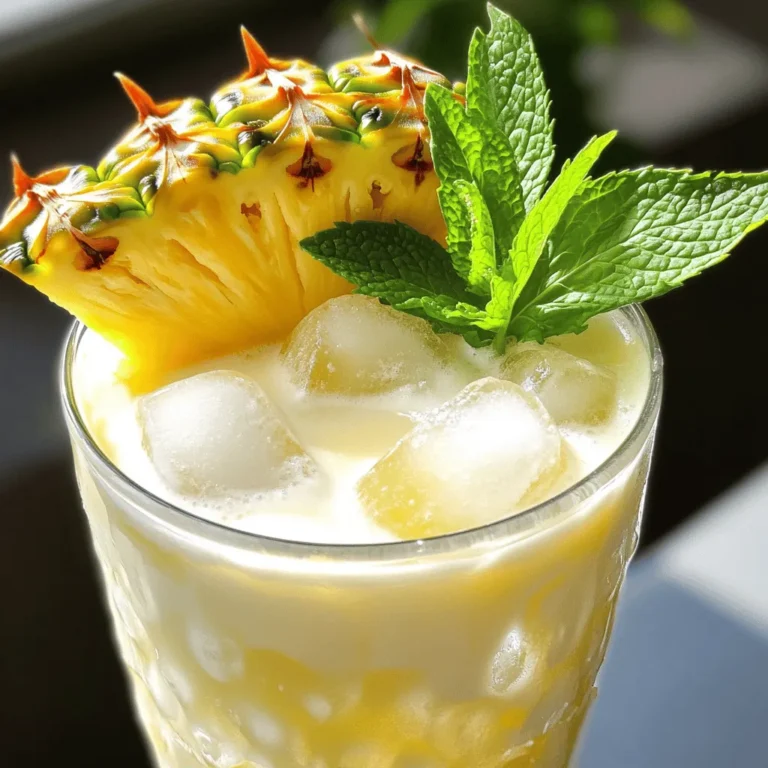 Using fresh pineapple makes this drink taste amazing. You need 2 cups of fresh pineapple, diced into small chunks. The fresh fruit gives a bright, sweet flavor that canned pineapple just can't match. When picking a pineapple, look for one that smells sweet at the base. A ripe pineapple will also have a bit of give when you press it gently. You will need 1 cup of chilled coconut water and 1/2 cup of creamy coconut milk. Coconut water adds a refreshing taste and hydrates you on hot days. Coconut milk makes the drink rich and smooth. Make sure to use unsweetened coconut milk for a more natural flavor. This blend of coconut products really enhances that tropical vibe. If you like your drinks sweeter, you can add 1 tablespoon of honey or agave syrup. This step is up to you. I often skip it because the fresh pineapple gives enough sweetness. If you prefer a sweeter drink, try adding just a little at first. Blend it well and taste before adding more. You want the flavors to shine through, not just sugar. For the complete recipe, check out the Full Recipe. First, gather all your ingredients for the Pineapple Coconut Refresher. You need fresh pineapple, coconut water, coconut milk, honey or agave syrup, lime juice, mint leaves, and ice cubes. - 2 cups fresh pineapple, diced into small chunks - 1 cup coconut water, chilled - 1/2 cup creamy coconut milk - 1 tablespoon honey or agave syrup (optional) - Juice of 1 fresh lime - Fresh mint leaves, for garnish - Ice cubes, for serving Next, chop the fresh pineapple into small, even chunks. This helps the blender mix it well. Now, take your diced pineapple and put it in a high-speed blender. Add the chilled coconut water, creamy coconut milk, and lime juice. If you want extra sweetness, add honey or agave syrup too. Blend everything on high speed until smooth. Make sure there are no pineapple chunks left. Taste the mixture and add more sweetener if you like. Blend briefly to mix it in. To serve, fill two glasses with ice cubes. Pour the refreshing mixture over the ice. This will chill your drink and keep it cold. For a pretty touch, add a few fresh mint leaves on top of each glass. This adds color and a nice aroma. Enjoy your Pineapple Coconut Refresher right away for the best taste! Pick a ripe pineapple for the best taste. Look for a bright yellow color on the skin. The fruit should feel firm but give slightly when you press it. Sniff the base; a sweet smell means it is ripe. If you can, buy a whole pineapple. It tastes fresher than pre-cut ones. Cut it into small chunks for easy blending in your refresher. You can change the sweetness to fit your taste. If you like it sweeter, add more honey or agave syrup. Start with one tablespoon and blend. Taste it again, then add more if needed. For creaminess, use more coconut milk. This will give your drink a richer texture. Balance is key; you want it sweet but not too sweet. Make your drink look great by adding a few mint leaves on top. This adds color and a fresh scent. Use clear glasses to show off the vibrant yellow hue. You can also add a slice of lime or pineapple on the rim for fun. Consider using fun straws or drink umbrellas to make it festive. Your Pineapple Coconut Refresher will look as good as it tastes! {{image_4}} You can add fun flavors to your Pineapple Coconut Refresher. Try mixing in some mango or passion fruit. These fruits bring a sweet and tangy kick. You could use frozen fruit, too. It keeps the drink cold and thick. Want a hint of spice? Add a pinch of ginger or some cayenne pepper. It adds a nice warmth. This drink works for everyone, whether you like it with or without alcohol. For a non-alcoholic drink, just follow the recipe as is. If you want an adult version, add rum or vodka. Use 1 to 2 ounces for a light touch. Mix it well and serve. You can also make a fun cocktail by adding a splash of soda or tonic water. Seasonal fruits can change your refresher. In summer, use fresh berries like strawberries or blueberries. In fall, try adding apple or pear slices. These fruits can make your drink more exciting. You can also blend in some citrus fruits, like oranges or grapefruits. They add a bright taste that pairs well with pineapple. Keep experimenting to find your favorite mix! If you have any leftover Pineapple Coconut Refresher, you can store it easily. Pour the drink into a clean jar or bottle. Seal it tightly and place it in the fridge. The cooler air helps keep it fresh. Make sure to drink it within two days for the best taste. You don’t need to heat this drink. It tastes best cold. However, you can use leftovers in fun ways! Add it to smoothies for a tropical boost. You can also mix it with yogurt or pour it over ice cream for a sweet treat. Fresh pineapple lasts about three to five days in the fridge. Coconut water keeps for about a week once opened. Coconut milk can last up to a week after opening, too. Always check for any off smell or changes in texture. Using fresh ingredients is key to great flavor! A Pineapple Coconut Refresher is a tasty drink. It mixes fresh pineapple and coconut flavors. This drink is cold and creamy, perfect for summer. You blend pineapple, coconut water, and creamy coconut milk. Add a splash of lime juice for a zesty kick. The result is a vibrant drink that feels like a tropical vacation. Yes, you can make this drink ahead! Blend the ingredients and store them in the fridge. It stays fresh for up to 24 hours. Just remember to stir it well before serving. This way, you can enjoy it anytime you want. Making it ahead saves time on hot days. If you don’t have coconut milk, use almond milk or oat milk. Both options give a nice creamy texture. Coconut cream is another great choice for richness. You could even try dairy milk if you prefer. Each substitute changes the flavor slightly, but they all work well! This article shared how to make a tasty pineapple coconut refresher. You learned about choosing fresh ingredients and preparing them step by step. I covered tips on making your drink sweeter or creamier and different ways to serve it. You can also explore fun variations, like adding other fruits. Don’t forget to store any leftovers properly to keep them fresh. Enjoy this refreshing drink anytime!