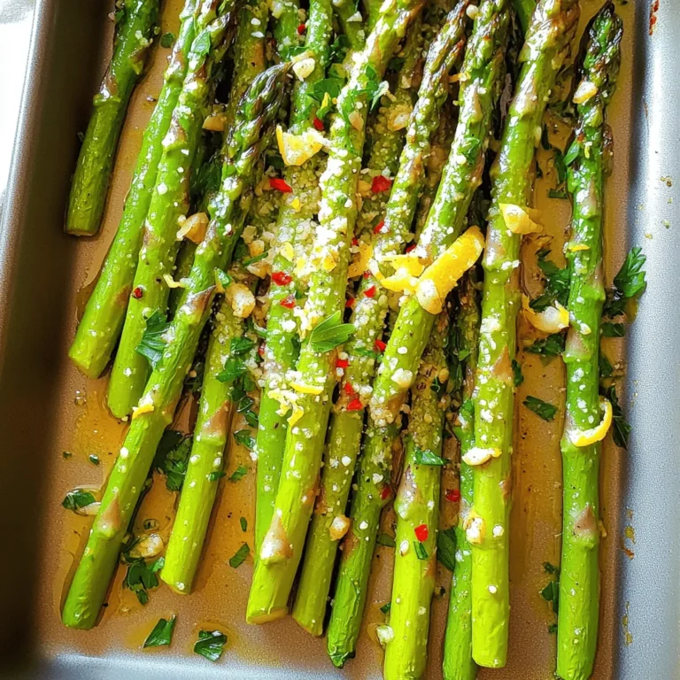 - 1 pound fresh asparagus, trimmed - 4 cloves garlic, finely minced - 2 tablespoons extra virgin olive oil - Zest of 1 medium lemon - 2 tablespoons freshly squeezed lemon juice - 1 teaspoon red pepper flakes (optional, for a kick) - Salt and freshly ground black pepper, to taste - ¼ cup finely grated Parmesan cheese (optional, for added richness) - Fresh parsley, chopped, for garnish When measuring ingredients, precise amounts matter. Here are some tips: - For asparagus, choose tender, bright green stalks. - Use a microplane for lemon zest to get fine shavings. - Minced garlic should be small for even flavor. - Measure olive oil with a tablespoon for accuracy. - Adjust salt and pepper based on personal taste. If you lack any ingredient, don't worry! Here are some substitutes: - For asparagus, try green beans or broccoli. - Garlic powder can replace fresh garlic if needed. - Any mild oil works in place of olive oil. - Lemon juice can be swapped with lime juice. - Omit Parmesan for a dairy-free option. By following these ingredient guidelines, your zesty lemon garlic asparagus will shine! For the full recipe, check the main article. Start by preheating your oven to 400°F (200°C). This temperature helps the asparagus roast well. A hot oven makes the asparagus tender and flavorful. In a large bowl, combine the trimmed asparagus, minced garlic, and olive oil. Add the lemon zest, lemon juice, red pepper flakes, salt, and pepper. Toss everything together. Make sure each asparagus spear is well-coated with the mixture. This step is key for a zesty flavor. Line a baking sheet with parchment paper for easy cleanup. Spread the asparagus in a single layer. Avoid crowding the spears; this helps them roast evenly. Place the baking sheet in the oven. Roast for 15 to 20 minutes. Halfway through, toss the asparagus gently. This helps all sides caramelize beautifully. If you want a richer taste, sprinkle Parmesan cheese over the asparagus in the last 5 minutes of roasting. This adds a creamy, salty note that enhances the dish. Once the asparagus is done, take it out of the oven. Transfer it to a serving platter. Finish with a sprinkle of chopped parsley for color and freshness. For an elegant touch, drizzle some extra lemon juice on top. Adding lemon wedges on the side allows guests to squeeze fresh juice to their liking. For the complete recipe, check out the Full Recipe section! To get tender asparagus, choose thin spears. They cook faster and taste better. Trim the ends to remove the tough parts. When mixing, make sure all spears get coated in the lemon-garlic mix. Toss them well so each spear has flavor. Roast at 400°F for 15 to 20 minutes. Keep an eye on them, so they don’t overcook. Don’t stop with just lemon and garlic. Try adding herbs like thyme or basil. They add depth and a fresh taste. You can mix in a teaspoon of dried herbs into your garlic and oil. Fresh herbs can also be sprinkled on after roasting. This will give your dish a vibrant look and taste. Every oven cooks a bit differently. If yours runs hot, check the asparagus early. If it’s cooler, you may need to roast longer. Always test a spear by piercing it with a fork. It should be easy to pierce but still firm. Adjust cooking time based on your oven's quirks to get the best results. For more details, check the Full Recipe to guide you through the steps. {{image_4}} You can make Zesty Lemon Garlic Asparagus even tastier by adding cheese. Parmesan is a classic choice. It gives a rich flavor and a nice texture. You can also try feta or goat cheese. These cheeses add a creamy tang. Just sprinkle your cheese on top in the last few minutes of cooking. This lets it melt slightly and blend with the flavors. Each cheese brings a different twist to the dish. If you like heat, add more red pepper flakes. Start with one teaspoon and adjust to your taste. You can also use other spices like cayenne pepper or chili powder. These spices will give a nice kick. For a different flavor, try adding smoked paprika. This adds warmth and depth. Just remember to balance the spice with the lemon and garlic. This way, you keep the dish bright and zesty. You can cook asparagus in several ways. Grilling gives it a smoky flavor. Toss the asparagus with the lemon and garlic mixture, then place it on a hot grill. Cook for about 5 to 7 minutes, turning often. Sautéing is another great option. Heat olive oil in a pan, add asparagus, and cook for about 8 to 10 minutes. Stir often for even cooking. Both methods keep the asparagus tender and full of flavor. For the full recipe, refer to the main guide. To keep your zesty lemon garlic asparagus fresh, store it in an airtight container. Place it in the fridge within two hours of cooking. This way, it stays crisp and tasty. Consume your leftovers within three to four days for the best flavor. When you are ready to enjoy your leftovers, reheating is simple. You can use the oven or microwave. To reheat in the oven, set it to 350°F (175°C). Spread the asparagus on a baking sheet and heat for about 10 minutes. For the microwave, place the asparagus on a microwave-safe plate and cover it. Heat in 30-second bursts until warm. This keeps the asparagus from getting soggy. If you want to save some for later, you can freeze the asparagus. Start by blanching it in boiling water for two minutes. Then, cool it in ice water. Drain and pat dry. Place the asparagus in a freezer bag, remove as much air as possible, and seal it. It can stay frozen for up to three months. When you are ready to use it, thaw in the fridge overnight before reheating. Enjoy your zesty lemon garlic asparagus anytime! For the complete recipe, check out the Full Recipe. Yes, you can use frozen asparagus. It saves time and is often picked at peak freshness. Just thaw the asparagus and pat it dry before seasoning. You may need to adjust the cooking time, as frozen asparagus usually cooks faster than fresh. To make this dish vegan, simply omit the Parmesan cheese. You can also use nutritional yeast for a cheesy flavor. This keeps the dish light and zesty while still being full of flavor. Zesty Lemon Garlic Asparagus pairs well with grilled chicken, fish, or steak. It also complements pasta dishes or grain bowls. The bright flavors enhance the main dish and add a fresh touch to your meal. Roasting asparagus typically takes about 15 to 20 minutes at 400°F (200°C). The cooking time may vary based on the thickness of the asparagus spears. Thinner spears cook faster, while thicker ones may need a bit more time. You can prep the asparagus mixture ahead of time. Just store it in the fridge for up to 24 hours. Roast it just before serving for the best taste and texture. If you have leftovers, they’ll still taste great the next day! For the full recipe and detailed instructions, check out the [Full Recipe]. In this blog post, we explored how to prepare Zesty Lemon Garlic Asparagus. We covered essential ingredients, measurements, and substitutes. You learned step-by-step instructions, from preheating the oven to optional cheese toppings. I shared tips for perfect tenderness and flavor enhancement. You also discovered variations to suit different tastes, along with storage and reheating advice. Try this recipe for a fresh dish that’s easy to make. You will impress anyone at your table. Enjoy your cooking!