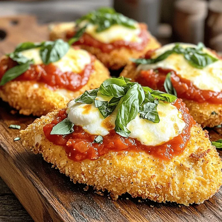 To make Baked Chicken Parmesan, gather these simple items: - 4 boneless, skinless chicken breasts - 1 cup all-purpose flour - 2 large eggs - 1 cup whole wheat breadcrumbs - 1 cup freshly grated Parmesan cheese - 1 cup marinara sauce (store-bought or homemade) - 2 cups shredded mozzarella cheese - 1 teaspoon garlic powder - 1 teaspoon dried oregano - 1 teaspoon salt - 1/2 teaspoon freshly ground black pepper - 2 tablespoons fresh basil, finely chopped (for garnish) Baked Chicken Parmesan is not only tasty but also packed with nutrients. Each serving provides protein from chicken and cheese. You also get fiber from whole wheat breadcrumbs and antioxidants from marinara sauce. Here’s a rough idea of the nutrition per serving: - Calories: 450 - Protein: 45g - Carbohydrates: 30g - Fat: 20g - Fiber: 4g - Sodium: 800mg Choosing high-quality ingredients makes a big difference. Here are my tips: - Chicken Breasts: Look for organic or free-range options for better flavor. - Cheese: Freshly grated cheese melts better than pre-packaged. - Breadcrumbs: Whole wheat breadcrumbs add extra fiber and taste. - Marinara Sauce: If you can, go for homemade to control flavors and sugar. - Herbs: Fresh basil elevates the dish. Use it just before serving for the best aroma. This dish combines simple ingredients for a meal that’s both delicious and satisfying. For the full recipe, check out the instructions. To make baked chicken parmesan, follow these simple steps. Start by prepping your tools and ingredients. It helps to have everything ready before you begin cooking. This makes the process smooth and fun. You'll need a baking sheet, bowls for breading, and a whisk. Gather all your ingredients, too. 1. Preheat your oven to 400°F (200°C). This sets the stage for crispy chicken. Line a baking sheet with parchment paper for easier cleanup. 2. Create a breading station. In one bowl, add the all-purpose flour. In another, whisk the eggs until smooth. Combine breadcrumbs with Parmesan cheese, garlic powder, oregano, salt, and pepper in a third bowl. This mix gives the chicken great flavor. 3. Pat the chicken dry. This step is key for a crispy finish. Season both sides with salt and pepper. 4. Coat each chicken breast. Start with the flour, shake off the excess. Dip in the egg, then press into the breadcrumb mix. Make sure each piece is well-covered. 5. Place the chicken on the baking sheet. Leave space between each piece for even cooking. Bake for 20-25 minutes. The chicken should turn golden brown and reach 165°F (74°C) inside. 6. Carefully take the baking sheet out of the oven. Spoon marinara sauce over each chicken breast. Top with mozzarella cheese for that gooey finish. 7. Return the chicken to the oven. Bake for an extra 10 minutes. Look for melted, bubbly cheese that is lightly golden. 8. Once done, let the chicken rest for a few minutes. Before serving, sprinkle with fresh basil for a burst of flavor. - Preheat oven: 400°F (200°C) - Bake chicken: 20-25 minutes - Final bake with cheese: 10 minutes - Total time: 50 minutes - Prep time: 15 minutes Follow these steps, and you’ll have a tasty dish to enjoy. For the full recipe, check out the details above! To get that nice, crispy coating, start with dry chicken. Pat the chicken breasts with paper towels. This step helps the breading stick well. Use three bowls for the breading. One for flour, one for eggs, and one for breadcrumbs mixed with cheese and spices. Always dip the chicken in flour first. Shake off the excess before moving to the eggs. After the egg, press the chicken into the breadcrumb mix firmly. This ensures an even coating. Oven temperature matters. Preheat your oven to 400°F (200°C) for best results. Line your baking sheet with parchment paper. This step makes cleanup easy. Place chicken breasts with space between them. This allows hot air to circulate. Bake for 20 to 25 minutes. Check that the chicken is golden brown and hits 165°F (74°C) inside. This ensures juicy, safe chicken. Add flavor with spices. Garlic powder and dried oregano are great choices. They add depth to the dish. When serving, use a warm plate. This keeps the food hot longer. Drizzle some extra marinara sauce on the plate. It looks nice and adds flavor. Don't forget the fresh basil. A sprinkle on top makes the dish pop. For a full meal, pair with a light salad or pasta. For the full recipe, check the [Full Recipe]. {{image_4}} You can switch up the chicken in Baked Chicken Parmesan. Try using turkey or even eggplant for a veggie twist. Instead of all-purpose flour, use almond flour for a gluten-free option. For the breadcrumbs, panko adds a great crunch. You can also use crushed cornflakes or even ground nuts. Each choice brings a new flavor and texture to the dish. To make a lighter version, use skinless chicken breasts and reduce the cheese. You can also bake the chicken without frying it first. Replace the marinara sauce with a homemade version that has less sugar. Adding more vegetables is another smart choice. Spinach or zucchini mixed with the marinara can boost nutrients and flavor. Want to get creative? Add layers of roasted red peppers or mushrooms to the sauce. You can even try different cheeses, like provolone or gouda, for a unique flavor. For a spicy kick, toss in some red pepper flakes. You could serve it with pasta or on a bed of fresh greens for a new take. Each twist can turn the classic recipe into something special. For the full recipe, check out the details above. To store leftover Baked Chicken Parmesan, let it cool to room temperature. Place it in an airtight container. Make sure to layer the chicken with parchment paper to prevent sticking. You can keep it in the fridge for up to three days. This helps keep the chicken tasty and fresh. When you’re ready to eat your leftovers, preheat your oven to 350°F (175°C). Place the chicken on a baking sheet. Cover it with foil to keep it moist while reheating. Bake for about 15-20 minutes or until it’s heated through. You can also use a microwave, but the oven keeps the coating crispy. If you want to freeze Baked Chicken Parmesan, wrap each piece tightly in plastic wrap. Then, place them in a freezer bag. This keeps them fresh for up to three months. To reheat, simply thaw in the fridge overnight, then follow the reheating instructions. Enjoy the great taste even later! For the full recipe, check out the steps to create this delightful dish. You can use crushed crackers or cornflakes as a substitute. Both give a nice crunch. Panko breadcrumbs work well too, as they are light and flaky. If you need a gluten-free option, try ground almonds or gluten-free breadcrumbs. Each option adds a unique flavor and texture to your dish. Yes, you can prepare it ahead of time. Bread the chicken and store it in the fridge for up to 24 hours. Just cover it well to keep it fresh. You can also bake it and then reheat it later. Just ensure you warm it to an internal temperature of 165°F (74°C) before serving. To check if your chicken is done, use a meat thermometer. The internal temperature should reach 165°F (74°C). If you don’t have a thermometer, cut into the thickest part of the chicken. The meat should be white, not pink, and the juices should run clear. Always ensure it is fully cooked for safety. This blog post covered how to make Baked Chicken Parmesan. We discussed key ingredients, cooking steps, and tips to enhance flavor. Remember to use quality ingredients for the best taste. You can try different variations and even store leftovers correctly. With the right methods, your dish will impress everyone. Enjoy your cooking journey, and don’t hesitate to get creative!