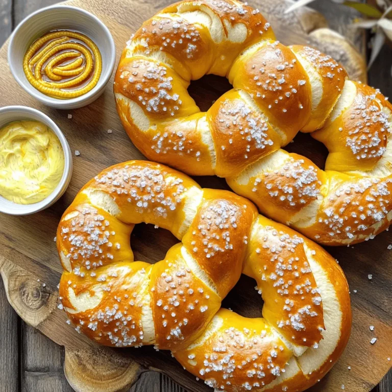 - 4 cups all-purpose flour - 1 packet (2 ¼ tsp) active dry yeast - 1 ½ cups warm water (around 110°F/43°C) - 4 tablespoons granulated sugar - 2 teaspoons salt - ¼ cup baking soda - 1 large egg, beaten (for egg wash) - Coarse sea salt for topping - Optional: 2 tablespoons melted butter (for brushing) You can adjust the flour if needed. Use whole wheat flour for a healthier option. For gluten-free, try a mix designed for baking. If you lack active dry yeast, instant yeast works too. Just mix it directly with the flour. Active dry yeast helps the dough rise. It gives pretzels their light texture. Warm water activates the yeast, so it’s important to get the temperature right. Baking soda is crucial for that deep brown color. It creates the classic pretzel taste and texture. Coarse sea salt adds flavor and a nice crunch on top. If you want, brush pretzels with melted butter after baking for extra richness. For the full recipe, check out the link above! To start, I mix warm water, sugar, and yeast in a bowl. I stir gently and let it sit for about 5-10 minutes. You will see bubbles on the surface when the yeast is active. This step is vital because it wakes up the yeast and helps the dough rise. Next, I combine flour and salt in a large bowl. Once the yeast mixture is frothy, I pour it into the flour. I stir vigorously until a soft dough forms. Then, I move the dough to a lightly floured surface. I knead it for about 5-7 minutes until it feels smooth and elastic. This kneading builds the gluten, which gives pretzels their chewy texture. After kneading, I let the dough rise in a lightly oiled bowl. I cover it with a damp cloth and let it sit in a warm place for about an hour. When it has doubled in size, I punch it down to release the air. I divide the dough into 8 pieces and roll each into a long rope, about 24 inches. To shape the pretzels, I form a “U” with the rope. I twist the ends together twice and fold them down to create the classic pretzel shape. I place each shaped pretzel on baking sheets lined with parchment paper. Next, I prepare a baking soda bath. I bring 10 cups of water to a boil and stir in the baking soda. I drop each pretzel into this boiling water for about 30 seconds. This step gives the pretzels a nice color and flavor. After boiling, I place them back on the sheets and brush them with a beaten egg for a golden finish. I sprinkle coarse sea salt on top before baking. I preheat the oven to 450°F (232°C) and bake the pretzels for 12-15 minutes. I watch them closely to avoid over-baking. When they are golden brown, I take them out and let them cool slightly on a wire rack. Enjoy these soft pretzels warm with your favorite dips! For the full recipe, check out the detailed instructions above. To get that soft and chewy pretzel texture, knead the dough well. Knead for about 5-7 minutes until smooth. This step helps build gluten, which gives the pretzels their structure. After kneading, let the dough rise in a warm spot. A good rise makes them fluffy. Aim for about one hour. One common mistake is not using warm water for the yeast. Water should be around 110°F (43°C). Too hot will kill the yeast, and too cold won’t activate it. Another mistake is not boiling the pretzels long enough. The baking soda bath is key for that classic pretzel flavor and color. Remember, boil for 30 seconds. Serve your soft pretzels warm for the best flavor. They pair wonderfully with various dips. Try spicy mustard for a kick or a creamy cheese dip for a rich taste. You can also serve them with a sweet dip like chocolate sauce for a fun twist. For a nice touch, arrange them on a wooden board. Add small bowls of dips for a fun presentation. {{image_4}} You can easily mix in flavors to your dough. For a cheesy twist, add 1 cup of shredded cheese to the flour. Cheddar works great, but feel free to experiment. If you love garlic, mix in 2 teaspoons of garlic powder. You can also sprinkle minced garlic on top before baking for an extra kick. These add-ins make your pretzels even more fun and tasty. Pretzels don't have to be just the classic shape. You can make them into sticks, knots, or even bite-sized pieces. To make pretzel bites, roll the dough into smaller pieces, about 1 inch thick. For pretzel sticks, roll them into long, thin shapes. Each shape offers a unique eating experience and fun presentation. If you crave something sweet, try adding cinnamon sugar. Mix ¼ cup of sugar with 1 tablespoon of cinnamon. After baking, brush your pretzels with melted butter and sprinkle this mix on top. You can also dip them in icing made from powdered sugar and milk. Sweet pretzels are a great treat for dessert or a special snack. For the complete process of making these delightful pretzels, check out the Full Recipe. Storing leftover pretzels is simple. First, let them cool down completely. Next, place them in an airtight container. You can also wrap them in plastic wrap. This keeps them fresh for up to two days at room temperature. If you want to keep them longer, store them in the fridge. They will stay good for about a week in the fridge. Freezing pretzels is a great way to save some for later. To freeze, first cool them completely. Then, wrap each pretzel in plastic wrap. Place the wrapped pretzels in a freezer bag or container. Make sure to squeeze out as much air as possible. They can last up to three months in the freezer. When you’re ready to enjoy them, just pull them out and let them thaw in the fridge overnight. Reheating pretzels can bring back their fresh taste. For best results, use the oven. Preheat your oven to 350°F (175°C). Place the pretzels on a baking sheet and heat for about 5 to 10 minutes. This warms them up and makes them soft again. If you want a little crunch, you can pop them in a toaster oven for a few minutes. Enjoy your pretzels warm, just like when they were fresh! You can tell the yeast is active if it becomes frothy. Mix warm water, sugar, and yeast. Let it sit for about 5 to 10 minutes. Look for bubbles on the surface. This shows the yeast is alive and ready to work. If it does not foam, your yeast might be old. You should start over with fresh yeast. Yes, you can make pretzels without baking soda, but they won’t be as chewy. Baking soda gives pretzels their unique taste and color. It helps create that classic pretzel crust. If you skip it, your pretzels may taste more like bread. You can try boiling them in water with a little salt instead. This will help, but the texture will be different. Some great toppings for soft pretzels include: - Coarse sea salt - Garlic powder - Grated cheese - Sesame seeds - Everything bagel seasoning You can also brush them with melted butter after baking for extra flavor. Each topping adds a unique twist to your pretzels. Try mixing and matching to find your favorite! For the full recipe, check out Homemade Soft Pretzels. This blog post covered how to make delicious soft pretzels at home. We discussed the ingredients you'll need, step-by-step instructions, and helpful tips. You learned how to avoid common mistakes and experiment with flavors. Plus, we explored storage methods and answered common questions. Making pretzels is fun and rewarding. Whether you serve them with cheese or enjoy them sweet, there’s a pretzel for everyone. Dive in and enjoy your pretzel-making adventure!