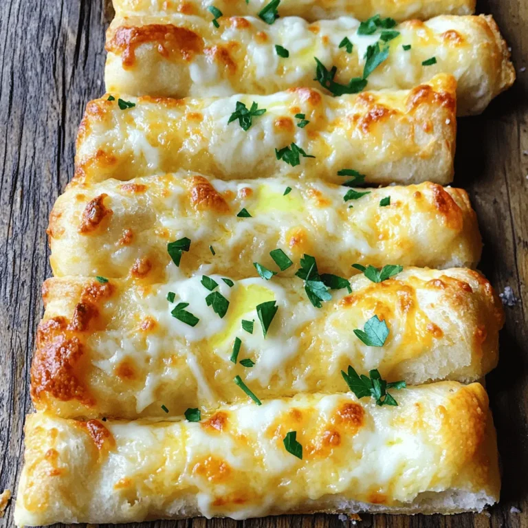 - 2 cups all-purpose flour - 1 packet active dry yeast - 1 cup warm water - 1 tablespoon granulated sugar - 1 tablespoon extra virgin olive oil - 1 teaspoon fine sea salt - 1 teaspoon garlic powder - 1 cup shredded mozzarella cheese - 1/2 cup freshly grated Parmesan cheese - Fresh parsley for garnish - 2 tablespoons unsalted butter, melted I love using fresh and simple ingredients for my cheesy garlic breadsticks. The main ingredients create the perfect base for the dough. You start with all-purpose flour for structure. The active dry yeast makes the bread rise. Warm water helps activate the yeast. The sugar feeds the yeast, creating a lovely flavor. Extra virgin olive oil adds richness, while fine sea salt brings it all together. For flavor, garlic powder is a must. It gives that classic garlic taste. The mozzarella cheese melts beautifully and creates that gooey texture we crave. Freshly grated Parmesan cheese tops it off with a savory bite. Fresh parsley makes a lovely garnish and adds a splash of color. Don't forget the melted butter! It enhances the flavor and gives the breadsticks a nice, golden finish. All these ingredients work together to create a snack that is simple yet full of flavor. For the full recipe, check out the detailed instructions! To start, combine warm water, sugar, and yeast in a bowl. Use water that feels warm to the touch, about 110°F (45°C). Stir gently with a spoon. Now, let it sit for 5 to 10 minutes. You should see bubbles forming on top. This frothy layer shows that the yeast is active. In a large mixing bowl, add the dry ingredients. Combine 2 cups of all-purpose flour, 1 teaspoon of fine sea salt, and 1 teaspoon of garlic powder. Whisk these together until mixed well. Next, add the yeast mixture and 1 tablespoon of extra virgin olive oil. Mix with a spoon until a dough starts to form. Transfer the dough onto a floured surface. Knead the dough for about 5 minutes. Work it until it feels smooth and elastic. This step helps develop the gluten in the dough. Now, shape the dough into a ball. Place it in a greased bowl and cover it with a clean towel. Let it rise in a warm spot for about 1 hour. The dough should double in size. While the dough rises, preheat your oven to 425°F (220°C). Once the dough has risen, punch it down gently. Roll it out on a floured surface into a rectangle, about 1/2 inch thick. Using a pizza cutter, cut the dough into strips about 1 inch wide. Line a baking sheet with parchment paper and arrange the strips with space between each. Brush melted butter on top of each strip. Then, sprinkle shredded mozzarella and grated Parmesan evenly over the dough. Now, bake the breadsticks in the preheated oven for 12 to 15 minutes. Watch closely until they turn golden brown and the cheese bubbles. Once done, remove them from the oven and let them cool for a few minutes. Enjoy your cheesy garlic breadsticks! For the full recipe, check out the [Full Recipe]. Kneading the dough is key. Use your palms to push and fold the dough. Keep it on a floured surface for less stickiness. Aim for five minutes of kneading. This helps create a smooth texture. You can tell it's ready when it bounces back after you poke it. The first rise is very important. Place the dough in a greased bowl. Cover it with a kitchen towel. Let it sit in a warm spot for an hour. This helps the dough grow and become fluffy. A good rise gives you soft and airy breadsticks. To get a golden crust, preheat your oven to 425°F (220°C). Bake the breadsticks for 12 to 15 minutes. Keep an eye on them. They should turn golden and the cheese should bubble. If your oven runs cooler, you may need to add a few minutes. Check the color to know when they're done. If you notice uneven baking, rotate the baking sheet halfway through. This ensures all sides bake evenly. For different ovens, you might need to adjust the temperature. Always trust your nose; if they smell great, they’re likely close to being done. For a nice presentation, serve the warm breadsticks on a wooden board. You can also use a cute breadbasket. This makes them look inviting. Pair them with marinara sauce or garlic butter for dipping. The saucy flavors complement the cheesy goodness very well. Feel free to sprinkle fresh parsley on top for color. It adds a nice touch and some freshness. A great snack can be even more fun with a little creativity in serving! For more ideas, check out the Full Recipe. {{image_4}} You can change the cheese for more flavor. Mix mozzarella and cheddar for a sharp taste. For a richer option, use gouda or fontina. If you're vegan, try cashew cheese or almond-based cheese. These options melt well and taste great. Herbs and spices can elevate your breadsticks. Add dried oregano or basil to the dough for a fresh twist. You could also sprinkle red pepper flakes for a kick. Top your breadsticks with sun-dried tomatoes or olives for extra flavor. If you need gluten-free breadsticks, use gluten-free flour blends. They work well and taste delicious. Whole wheat flour is another option for a healthier twist. It gives a nutty flavor and more nutrients. Just remember, the texture may be a bit different with these changes. For the full recipe, check the Garlicky Cheese-Stuffed Breadsticks section. To store leftover cheesy garlic breadsticks, place them in an airtight container. You can also wrap them in plastic wrap or aluminum foil. This keeps them fresh for a few days. Store them in the fridge. When you are ready to enjoy them again, just take them out. If you want to save breadsticks for a longer time, freezing is the best option. First, let the breadsticks cool completely. Then, wrap each one tightly in plastic wrap. You can also put them in a freezer bag. Make sure to remove as much air as possible. When you want to eat them, thaw them in the fridge overnight. For the best texture, reheat them in the oven at 350°F (175°C) for about 10 minutes. This helps them become warm and crispy again. When stored properly, cheesy garlic breadsticks can last in the fridge for about 3-4 days. In the freezer, they can stay fresh for up to 3 months. Always check for any signs of spoilage before eating. Enjoy your tasty treats! For the full recipe, check above. You can make cheesy garlic breadsticks without yeast by using a baking powder dough. Baking powder acts as a leavening agent, making the dough rise without waiting. Alternative recipes without yeast: - Use 2 cups of all-purpose flour. - Mix in 1 tablespoon of baking powder, 1 teaspoon of salt, and 1 teaspoon of garlic powder. - Blend in 1 cup of milk and 1/4 cup of melted butter. - Knead the dough briefly and roll it out. - Cut into strips and top with cheese. - Bake at 425°F for about 15 minutes. This method is quick and easy, perfect for a last-minute snack. Yes, you can use store-bought dough for cheesy garlic breadsticks. This saves time and effort. Pros and cons of using pre-made dough: - Pros: - Quick and easy to use. - No need to wait for dough to rise. - Consistent results. - Cons: - Less control over texture and flavor. - May contain preservatives. - Not as fresh as homemade dough. Using store-bought dough can be a great shortcut when you want cheesy garlic breadsticks fast. Dipping sauces can enhance the flavor of cheesy garlic breadsticks. Here are some popular choices: - Marinara Sauce: Classic tomato sauce adds a zesty touch. - Garlic Butter: Melted butter with garlic brings rich flavor. - Ranch Dressing: Creamy ranch offers a cool contrast. - Pesto: Fresh basil pesto adds a vibrant taste. Try these dips to elevate your cheesy garlic breadsticks experience. Making cheesy garlic breadsticks is simple and fun. We've covered the key ingredients, from all-purpose flour to mozzarella, that make these sticks flavorful. You learned step-by-step instructions for dough preparation and baking. The tips helped you perfect your technique for a golden crust. Now, enjoy exploring variations and storage tips to keep them fresh longer. Cheesy garlic breadsticks are versatile; customize them to suit your taste. Try different cheese blends or serve with tasty dips to elevate your meal. Get creative and enjoy this delicious treat!
