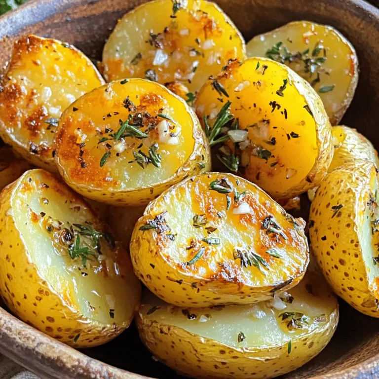 To make garlic roasted potatoes, you need a few simple items. Here is the list of ingredients: - 1.5 pounds baby Yukon gold potatoes, halved - 6 cloves garlic, finely minced - 3 tablespoons extra virgin olive oil - 1 teaspoon dried rosemary - 1 teaspoon dried thyme - 1 teaspoon smoked paprika - Salt and freshly ground black pepper, to taste - 2 tablespoons fresh parsley, chopped (for garnish) These ingredients come together to create a dish that is both tasty and easy. Each item plays a key role in building flavor. The Yukon gold potatoes are creamy and buttery, perfect for roasting. Garlic adds a bold taste that makes every bite pop. Olive oil gives a rich, smooth texture to the dish. The herbs bring in wonderful scents and tastes. You can feel free to adjust the seasonings to fit your taste. If you like your potatoes extra crispy, consider adding a little more olive oil. Don't forget to check the Full Recipe for detailed steps! 1. Preheat the oven to 425°F (220°C). This high heat helps create a crispy exterior. 2. In a large bowl, combine the halved Yukon gold potatoes, minced garlic, and olive oil. 3. Add dried rosemary, dried thyme, smoked paprika, salt, and black pepper. 4. Toss the potatoes well to coat them evenly with the oil and spices. 1. Spread the seasoned potatoes in a single layer on a baking sheet. 2. Roast them in the preheated oven for 30-35 minutes. 3. Stir the potatoes halfway through to ensure even browning. 4. Look for a golden-brown color and crispy texture. 5. After roasting, let them cool for a few minutes. 6. Transfer to a serving dish and garnish with fresh parsley before serving. For the full recipe, check the details provided above. When making garlic roasted potatoes, choose the right type for great results. Baby Yukon gold potatoes work best. Their creamy texture and buttery flavor shine when roasted. Look for potatoes that are similar in size. Uniform size helps them cook evenly. Avoid potatoes that are too big or too small. This way, every bite is perfect. To make your garlic roasted potatoes even tastier, play with seasonings. You can add herbs like oregano or basil for a fresh twist. Fresh herbs can brighten the dish. Dried herbs are strong and give great flavor too. Both options work well, so use what you have on hand. A sprinkle of lemon zest can also add a nice zing. The key to a crispy potato is the oven temperature. Preheat your oven to 425°F (220°C) before roasting. This high heat helps create a golden crust. Use a heavy baking sheet, as it distributes heat evenly. Lining it with parchment paper can make cleanup easy. Spread the potatoes out in a single layer. This gives them room to roast and crisp up nicely. {{image_4}} You can easily switch up the taste of garlic roasted potatoes. Adding cheese gives a creamy texture. Try grating Parmesan or using sharp cheddar for a rich flavor. Another fun twist is to make spicy roasted potatoes. Add chili flakes for a kick. This adds heat and excitement to each bite. If you want something different, swap Yukon gold potatoes for sweet potatoes. Sweet potatoes add a nice sweetness that contrasts well with garlic. You can also explore vegan options for seasoning. Instead of butter, use olive oil or a vegan butter substitute. This keeps your dish plant-based and delicious. Garlic roasted potatoes shine when paired with dips. Serve them with aioli or a zesty garlic dip. This adds a fun element to your meal. You can enjoy them as a side dish or even an appetizer. They fit well with grilled meats or hearty salads. For a unique touch, serve them in a rustic bowl, which makes them look even more inviting. To store leftover garlic roasted potatoes, let them cool first. This helps keep them fresh. Place them in an airtight container. You can use glass or plastic containers. Make sure to seal the lid tightly. Store them in the fridge. They should last for about 3 to 5 days. For reheating, the oven works best. Preheat it to 400°F (200°C). Spread the potatoes on a baking sheet. Heat for about 10 to 15 minutes. This helps them stay crispy. You may also use a skillet. Heat on medium for a few minutes. This method keeps them crunchy. Avoid using the microwave. It can make them soggy. Enjoy your garlic roasted potatoes again! For the full recipe, refer to the earlier section. Garlic roasted potatoes last about 3 to 5 days in the fridge. Store them in an airtight container. Look for signs of spoilage like a sour smell or mushy texture. If they smell bad or feel slimy, it's best to throw them away. Yes, you can prepare garlic roasted potatoes ahead of time. Cut and season the potatoes a few hours before cooking. Just keep them in the fridge in a bowl covered with plastic wrap. This helps save time during meal prep. When you're ready, just roast them as per the recipe. Garlic roasted potatoes pair well with many main dishes. You can serve them with grilled chicken, steak, or fish. They also go great with roasted vegetables or a fresh salad. For a complete meal, add a creamy dip like aioli or a zesty garlic sauce on the side. Absolutely! You can mix and match herbs based on your taste. Try using fresh rosemary or basil for a different twist. Oregano and dill also add great flavor. Experimenting with herbs can make your garlic roasted potatoes unique every time. Garlic roasted potatoes are simple to make and very tasty. Start with fresh Yukon gold potatoes and follow the steps to prepare and roast them. You can add your favorite herbs for extra flavor. Store leftovers properly and reheat them for the next meal. Don't be afraid to try different ingredients or serving options. With this guide, you can prepare a delightful side dish that suits any occasion. Enjoy your cooking and the delicious results!