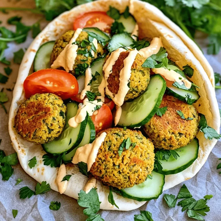 To make crispy baked falafel, gather these simple ingredients: - 1 cup dried chickpeas (soaked overnight) - 1 small onion, finely chopped - 2 cloves garlic, minced - 1/4 cup fresh parsley, finely chopped - 1/4 cup fresh cilantro, finely chopped - 1 teaspoon ground cumin - 1 teaspoon ground coriander - 1/2 teaspoon baking powder - Salt and freshly ground pepper, to taste - 3 tablespoons extra virgin olive oil - Optional: pita bread, hummus, and an assortment of fresh vegetables for serving Soaking the chickpeas is key for the best falafel. Dried chickpeas need to soak overnight in water. This step helps them soften, making them easier to blend. It also helps create a better texture in the falafel. If you skip soaking, your falafel will not hold together well. I always recommend using fresh herbs. Fresh parsley and cilantro add a bright flavor that dried herbs cannot match. The spices, like cumin and coriander, are crucial too. They provide that unique taste that makes falafel so special. Each serving of crispy baked falafel offers a healthy option. Here’s a quick look at the nutritional values: - Calories: Approximately 150 - Protein: 6g - Fat: 6g - Carbohydrates: 20g - Fiber: 5g These values can vary based on the exact ingredients and serving sizes. This dish provides a good mix of protein and fiber. It’s a satisfying choice for a meal or snack. For more details, check out the full recipe. To make crispy baked falafel, start by soaking your chickpeas overnight. This step is key for softening them. After soaking, drain and rinse the chickpeas well. Next, chop your onion, garlic, parsley, and cilantro finely. Place these in a food processor along with the chickpeas, cumin, coriander, baking powder, salt, and pepper. Pulse the mixture until it becomes coarse and grainy. Be careful not to blend it into a paste. You want to feel some texture. Once mixed, transfer it to a bowl and let it rest for about 30 minutes. This helps it hold its shape better. Preheat your oven to 400°F (200°C). Line a baking sheet with parchment paper to prevent sticking. With slightly wet hands, shape the mixture into small balls or patties. Make sure to keep them spaced apart on the baking sheet. Drizzle the shaped falafel with olive oil. This oil helps create a crispy layer. Bake them for 25-30 minutes. Halfway through, flip the falafel over to ensure even browning. Look for a golden, crunchy exterior when they are done. When shaping falafel, keep your hands moist. This helps prevent sticking. Aim for golf ball-sized pieces, which cook evenly. If the mixture feels too dry, add a splash of water. If it’s too wet, add a bit of flour. Take your time to form each piece. This ensures they hold together during baking. For a fun twist, try making them into small patties for a different texture. Serve them warm and enjoy their crispy goodness alongside your favorite dips and veggies. For a complete guide, check the Full Recipe. To make your falafel crispy, follow these tips: - Use soaked, dried chickpeas. Canned chickpeas can make falafel soggy. - Pulse the mixture until it's coarse. A smooth paste won't hold its shape. - Coat the falafel well in olive oil. This helps create a crunchy exterior. - Bake at a high temperature. 400°F (200°C) is perfect for crispiness. Watch out for these common errors: - Over-processing the chickpeas. It should be textured, not a paste. - Skipping the resting time. This step makes the mixture easier to shape. - Not flipping falafel halfway. This ensures even browning on both sides. - Forgetting to space them out. Crowding the pan can lead to steaming rather than baking. Enhance your falafel with these ideas: - Add spices like smoked paprika or cayenne for heat. - Mix in other herbs, like mint or dill, for fresh flavors. - Serve with toppings like pickled vegetables or spicy sauce. - Pair falafel with dips like tahini or tzatziki for added taste. For the full recipe, check the Crispy Baked Falafel section. {{image_4}} Crispy baked falafel is both gluten-free and vegan. Chickpeas are naturally gluten-free, making them a great choice. If you want a gluten-free binder, use ground flaxseed. Just mix one tablespoon of flaxseed with two tablespoons of water. Let it sit for a few minutes until it thickens. This helps hold the falafel together. You can change the flavor of your falafel by adding different spices and herbs. Try adding smoked paprika for a smoky taste. Or add a pinch of cayenne for some heat. Fresh herbs like dill or mint also work well. Mix and match to find your favorite combination. Serve crispy baked falafel with tasty dips and sides. Hummus is a classic choice, but tzatziki is also excellent. You can also try tahini sauce for a nutty flavor. For sides, fresh veggies, like sliced cucumbers and tomatoes, add color and crunch. Pita bread is perfect for wrapping falafel and veggies together. For a full meal, add a salad on the side. Enjoy experimenting with these variations to make your crispy baked falafel even better! For the full recipe, check out the previous section. To keep your leftover falafel fresh, place them in an airtight container. If you have more than one layer, add parchment paper between layers. This helps keep them from sticking together. Store the container in the fridge for up to four days. If you want to enjoy them later, freezing is a great option. To reheat your falafel, use the oven. Preheat your oven to 350°F (175°C). Place the falafel on a baking sheet. Heat for about 10-15 minutes. This method will bring back the crispy texture. You can also use an air fryer if you have one. Set it to 350°F (175°C) and heat for about 5-7 minutes. If you plan to freeze your falafel, shape them first. Place the uncooked falafel on a baking sheet. Freeze them for a few hours until solid. After that, transfer them to a freezer bag. They can last up to three months in the freezer. When you’re ready to eat, bake them straight from the freezer. Just add a few extra minutes to the cooking time. For the full recipe, check the earlier section. Yes, you can use canned chickpeas. They save time and are convenient. When using canned chickpeas, rinse and drain them well. You can skip the soaking step. However, the texture may be softer, so adjust your blending time. Avoid over-processing to keep some texture. This step helps the falafel hold its shape. The falafel is cooked when it turns golden brown. This usually takes about 25 to 30 minutes in the oven. Flip them halfway for even cooking. You can check the texture; it should be crispy on the outside and firm inside. If they feel soft or mushy, they need more time. Always let them cool a bit before serving. Crispy baked falafel pairs well with many sides. Here are some great options: - Pita bread - Hummus - Tahini sauce - Tzatziki - Fresh vegetables like cucumbers and tomatoes - A simple salad These sides add flavor and nutrition, making your meal balanced and delicious. You can try different dips to find your favorite combination. For the full recipe, check the recipe section above. Crispy baked falafel is easy and fun to make. We covered the best ingredients, step-by-step instructions, and how to store the falafel. You learned tips for that perfect crunch and variations to spice things up. Remember, using fresh herbs and spices can bring more flavor to your dish. With these techniques, you can enjoy crispy falafel any time. Now, go ahead and make your own tasty batch!