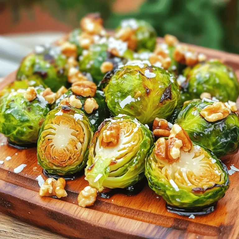 - 1 lb (450 g) Brussels sprouts, trimmed and halved - 3 tablespoons balsamic vinegar - 2 tablespoons extra virgin olive oil - 1 tablespoon pure maple syrup - 1 teaspoon garlic powder - 1 teaspoon onion powder - Salt and freshly ground black pepper to taste - ¼ cup grated Parmesan cheese (optional) - 2 tablespoons chopped walnuts (for an added crunch) To make the best Balsamic Roasted Brussels Sprouts, these ingredients are key. First, Brussels sprouts are our main star. They need to be fresh and free of any brown spots. Halving them helps them roast evenly. Balsamic vinegar adds a sweet and tangy flavor. It pairs well with the sprouts and gives them a nice glaze. Extra virgin olive oil helps the sprouts crisp up in the oven. The maple syrup adds a touch of sweetness, balancing the vinegar's acidity. For seasonings, garlic powder and onion powder bring depth. Salt and black pepper are vital for taste. If you want to make it fancy, sprinkle some grated Parmesan cheese on top. It melts beautifully and adds creaminess. Lastly, chopped walnuts add a delightful crunch and nutty flavor. You can find the full recipe in this article. Enjoy bringing these flavors together! - Preheat your oven to 400°F (200°C). - In a large bowl, mix halved Brussels sprouts with balsamic vinegar, olive oil, maple syrup, garlic powder, onion powder, salt, and pepper. Toss well to coat each sprout. - Line a baking sheet with parchment paper for easy cleanup. - Spread the Brussels sprouts in a single layer on the sheet. Roast them for 20-25 minutes. Halfway through, give them a toss for even cooking. - If you like, sprinkle Parmesan cheese over the sprouts in the last 5 minutes of roasting. - Toss in chopped walnuts right before serving for a crunchy texture. This recipe makes a tasty side dish that everyone will love. You can find the Full Recipe to follow along easily. To get the best roasted Brussels sprouts, keep them in a single layer on the baking sheet. This helps them cook evenly. If they are too crowded, they will steam instead of roast. Toss them halfway through to ensure even caramelization. This way, you'll get that nice crispy outside while keeping the inside tender. You can boost the flavor with extra spices. Consider adding a pinch of red pepper flakes for heat or some rosemary for a fragrant twist. Always use high-quality balsamic vinegar. It adds depth and sweetness that makes your sprouts shine. For a lovely look, serve your Brussels sprouts in a rustic bowl. Drizzle them with balsamic glaze for a shiny finish. Adding fresh herbs like parsley or thyme can brighten up the dish. A sprinkle of grated Parmesan cheese right before serving can also enhance both flavor and appearance. For the full recipe, click here. {{image_4}} You can easily make this dish fit your diet. To make it vegan, swap out the Parmesan cheese for a vegan cheese alternative. This choice gives you a tasty, creamy flavor without any dairy. Another great option is to use agave syrup instead of maple syrup. Agave provides a similar sweetness but is completely plant-based. Want to up the flavor? Add minced garlic or shallots to your mix. These ingredients bring richness and depth to the dish. You can also get creative by incorporating different nuts or seeds. Try using almonds, pecans, or sunflower seeds to add crunch and flavor. For a fun twist, roast Brussels sprouts with other vegetables like carrots or sweet potatoes. This medley creates a colorful and tasty side dish. If you want a heartier meal, mix in grains or legumes. Quinoa or chickpeas pair well with the Brussels sprouts, making your dish filling and nutritious. For the full recipe, check out the [Full Recipe]. After you make balsamic roasted Brussels sprouts, store them in an airtight container. This keeps them fresh and tasty. You can enjoy them for up to four days in the fridge. If you have leftovers, let them cool before sealing the container. Avoid adding any sauces until you’re ready to eat. When it's time to reheat, I recommend the oven for the best results. Preheat your oven to 350°F (175°C). Spread the sprouts on a baking sheet and heat for about 10 minutes. This helps keep them crispy. If you use a microwave, place them in a microwave-safe dish. Heat for 1 to 2 minutes but keep an eye on them. Microwaving may make them soft. You can freeze leftover Brussels sprouts if you want to save them. First, let them cool completely. Then, place them in a freezer bag. Remove as much air as you can. They can last up to three months in the freezer. When you’re ready to use them, thaw them overnight in the fridge. Reheat in the oven or stovetop for a tasty side. For the complete guide on how to make this dish, check the Full Recipe. Yes, you can make Balsamic Roasted Brussels Sprouts ahead of time. To do this, prepare the sprouts as directed in the Full Recipe but stop before roasting. Toss the halved sprouts with the marinade and store them in the fridge for up to 24 hours. When you're ready to eat, just roast them in the oven as normal. If you want to reheat leftovers, place them back in the oven at 350°F (175°C) for about 10 minutes. This keeps them crispy and tasty. Balsamic Roasted Brussels Sprouts pair well with many dishes. They make a great side for roasted chicken or pork. You can also serve them with grilled salmon for a healthy meal. If you want a vegetarian option, try them with quinoa or rice dishes. They also work well with a light salad or as part of a holiday spread. If you like some heat, there are easy ways to spice up your Brussels sprouts. You can add red pepper flakes to the marinade. Just one teaspoon gives a nice kick without overpowering the flavor. For even more heat, use a pinch of cayenne pepper. Mix this into the marinade for an extra layer of warmth. Try these tips for a spicy twist on this tasty side dish! This blog post gives you a simple guide to making Balsamic Roasted Brussels Sprouts. We covered the main ingredients, from balsamic vinegar to walnuts. You learned step-by-step how to roast them perfectly and add flavor. Tips on variations and storage help you enjoy this dish longer. These sprouts are not just tasty; they're easy to make and can impress anyone. Enjoy experimenting with flavors and serving ideas!