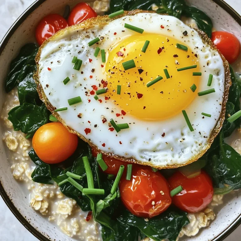 - 1 cup rolled oats - 2 cups vegetable broth (or water) - 1 tablespoon olive oil - 1 garlic clove, finely minced - 1 cup fresh spinach, roughly chopped - 1/2 cup cherry tomatoes, halved - 1 large egg - 1/4 teaspoon red pepper flakes - Salt and black pepper, to taste - Fresh herbs for garnish - Cheese (e.g., feta or parmesan) - Avocado slices - Sliced scallions or green onions For this savory oatmeal bowl, you need simple and fresh ingredients. The rolled oats provide a warm base, while the vegetable broth adds depth of flavor. Olive oil helps cook the garlic, making it fragrant. Spinach and cherry tomatoes bring color and nutrition. The egg on top makes it hearty and satisfying. You can play with the optional add-ins to suit your taste. Cheese adds creaminess, and avocado gives a rich texture. Scallions or green onions can add a nice crunch. I love to mix and match these ingredients based on what I have at home. This recipe is flexible and fun, allowing you to create a dish that feels personal to you. For the full recipe, check the details above. Enjoy your cooking! - Bring vegetable broth (or water) to a boil. - Stir in rolled oats and simmer. To start, grab a medium saucepan and pour in the vegetable broth. If you prefer a lighter dish, water works too. Heat it over medium-high heat until it reaches a rolling boil. Next, add the rolled oats into the pot. Lower the heat to a gentle simmer and allow the oats to cook for about five minutes. Stir occasionally to help them absorb the liquid. They should become soft and creamy. - Sauté garlic and vegetables in olive oil. - Create a well for the egg and cook to preference. While the oats simmer, it’s time to bring out the flavors. In a separate skillet, heat a tablespoon of olive oil over medium heat. Add in the minced garlic and sauté it for about a minute. You want it to become fragrant and lightly golden. Now, toss in the chopped spinach and halved cherry tomatoes. Sauté these for another two to three minutes. Season with salt, black pepper, and red pepper flakes to your liking. After the veggies are done, create a small well in the center of the mixture. Crack the egg into this well. Fry the egg sunny-side up or to your liking. Let the edges crisp up slightly for a nice texture. - Divide oatmeal into bowls. - Top with sautéed veggies and fried egg. - Garnish with fresh herbs. Once the oatmeal is ready, carefully divide it between two bowls. Spoon the sautéed veggies over the oatmeal, making sure to spread them evenly. Gently place the fried egg on top of the veggies in each bowl. This creates a beautiful and hearty meal. Finally, finish off with a sprinkle of fresh herbs like chives or parsley for an extra burst of flavor. Enjoy your savory oatmeal bowl! For the complete instructions and details, check the Full Recipe. To make the best savory oatmeal, you need to focus on texture and flavor. Here are some tips to help you succeed: - Adjusting cook time for desired consistency: Cook the oats for about five minutes for a creamy texture. If you like them thicker, reduce the cooking time slightly. For a runnier bowl, add a splash more broth or water. - Balancing flavors with seasoning: Start with a pinch of salt and black pepper. Taste and adjust as needed. A dash of red pepper flakes adds a nice kick, but you can always dial it back if you prefer milder flavors. How you serve your savory oatmeal can elevate the meal. Here are a couple of great ideas: - Pairing with toast or a side salad: A slice of crusty toast complements the bowl well. A fresh side salad brightens the meal. - Serving with a squeeze of lemon juice: A little lemon juice adds freshness. It brightens the flavors and makes your dish pop. Your savory oatmeal can be a canvas for different flavors. Here’s how to get creative: - Exploring different herbs and spices: Fresh herbs like chives or parsley add great taste. You can also try basil, cilantro, or even dill for a unique twist. - Experimenting with protein variations: Besides eggs, consider adding crumbled feta, cooked bacon, or chickpeas. Each will change the flavor and texture of your dish. These tips help you create a savory oatmeal bowl that is truly your own. For the complete recipe, check out the Full Recipe section. {{image_4}} You can make your savory oatmeal bowl even better. Try adding mushrooms or bell peppers. These veggies bring extra flavor and texture. Slice some mushrooms and sauté them with garlic. For bell peppers, chop them up and toss them in the skillet too. You can also swap the egg for tofu. Firm tofu adds protein and absorbs flavors well. Just crumble it into the pan and cook until golden. If you want a vegan bowl, there are great egg substitutes. Try using a flax egg. Mix one tablespoon of ground flaxseed with three tablespoons of water. Let it sit for a few minutes until it thickens. You can also use dairy-free cheese. Look for options made from nuts or soy. Sprinkle it on top for a creamy touch without dairy. To give your bowl a global flair, add kimchi. This Korean dish spices up your meal and adds probiotics. Just a spoonful can change everything! You could also try Indian spices. Add curry powder or garam masala to the oats. This will give your savory oatmeal an exciting twist. Experimenting with different flavors keeps your bowl fresh and fun. For all these variations, check the Full Recipe to get the basic steps down! To keep your savory oatmeal bowl fresh, store leftovers in the fridge. Use airtight containers to prevent moisture loss. This way, your meal will stay tasty for up to three days. Always let the bowl cool down before sealing it. When you’re ready to enjoy the leftovers, use the stove or microwave. If using the stove, add a splash of water or broth to keep the oats creamy. Heat it on low and stir often. If you use the microwave, heat it in short bursts of 30 seconds. Stir between each burst to make sure it heats evenly. Aim for a warm temperature, not hot, to keep the texture nice and smooth. If you want to save your savory oatmeal for later, freezing works well. Portion out the oatmeal into single servings before freezing. Use freezer-safe containers or bags. When you’re ready to eat, thaw it overnight in the fridge. Reheat it on the stove or in the microwave. Add a bit of water or broth again to help restore the creamy texture. Enjoy your flavorful and nourishing dish at your convenience! Yes, you can prepare this savory oatmeal bowl in advance. For meal prep, cook the oatmeal and sauté the veggies. Store each component separately in airtight containers. When you are ready to eat, reheat the oatmeal and veggies together. Then, fry a fresh egg for the best taste. This way, you still enjoy a warm and delicious meal. Savory oatmeal is not only tasty but also very healthy. Here are some key benefits: - High in fiber: Oats help with digestion and keep you full. - Rich in vitamins: Spinach and tomatoes add nutrients like iron and vitamin C. - Protein boost: The egg adds protein, which is great for muscle health. - Customizable: You can add different veggies and spices for variety. Yes, you can swap rolled oats for quick oats. However, this change will affect the dish. Quick oats cook faster, usually in about 1 to 2 minutes. They also have a softer texture. If you prefer a chewier bite, stick with rolled oats. There are many delicious toppings you can add to your bowl. Here are some ideas: - Cheese: Feta or parmesan adds creaminess. - Avocado: Sliced avocado gives a rich flavor and texture. - Scallions: Fresh scallions add a nice crunch and mild onion taste. Feel free to mix and match these toppings for added flavor! Savory oatmeal with egg is a tasty and nutritious meal. You learned about the key ingredients and steps to prepare it. From adjusting flavors to trying new toppings, there are many ways to customize your bowl. You can turn it into a vegetarian or vegan delight too. This meal is perfect for meal prep, easy storage, and offers great benefits. Try making it your own with fun flavors. Enjoy the journey of creating your savory oatmeal!