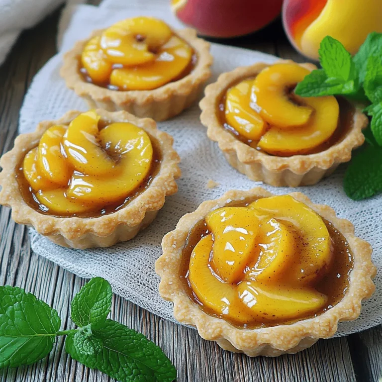 To make peach tartlets, gather these key items: - 1 cup all-purpose flour - 1/4 cup unsalted butter, softened - 1/4 cup granulated sugar - 1/4 teaspoon salt - 1/4 teaspoon vanilla extract - 1 tablespoon ice-cold water - 2 ripe peaches, pitted and thinly sliced - 1 tablespoon brown sugar - 1 teaspoon ground cinnamon - 1 tablespoon cornstarch - 1 tablespoon freshly squeezed lemon juice These ingredients create a sweet and flaky crust, paired with juicy peaches. You can add a few fun touches to your tartlets: - Fresh mint leaves - A dusting of powdered sugar - A scoop of vanilla ice cream Each garnish adds flavor and looks great on your plate. Here are the tools you will need: - Mixing bowls - Pastry cutter or your fingers - Mini tartlet pans - Spoon for filling - Wire rack for cooling Having the right tools makes the process easy and fun. For the full recipe, check out the detailed instructions. Start by preheating your oven to 375°F (190°C). This step helps the crust bake evenly. In a medium bowl, mix the all-purpose flour, softened unsalted butter, granulated sugar, and salt. Use a pastry cutter or your fingers to blend the mix until it looks like coarse crumbs. Next, add the vanilla extract for flavor. Slowly mix in ice-cold water, one tablespoon at a time. Keep mixing until the dough forms a ball. If it feels dry, add a bit more water. Now, divide the dough into 6 equal parts. Roll each part into a small ball. Press each ball into the bottom and sides of mini tartlet pans. Make sure the crust is even all around. In a separate bowl, take your ripe peaches and slice them thinly. Combine the peach slices with brown sugar, ground cinnamon, cornstarch, and lemon juice. Gently toss the mixture, ensuring each peach slice is coated. This mix adds sweetness and flavor to your tartlets. Fill each tartlet crust with the peach mixture. Distribute the slices evenly for a nice look. Place the tartlet pans in the oven. Bake for 20 to 25 minutes. Keep an eye on them! When the crust is golden brown and the peaches are bubbling, they are ready. Once baked, take the tartlets out and let them cool for about 5 minutes in the pans. Then, carefully move them to a wire rack. Let them cool completely. If you like, add fresh mint leaves on top before serving for a pop of color. Enjoy your peach tartlets! Get the dough right for perfect tartlets. Start with cold butter. Your dough should feel soft but not sticky. Mix the flour, butter, and sugar until it looks like crumbs. If it crumbles too much, add a bit of cold water. Add just one tablespoon at a time. This keeps your crust flaky and light. Choose ripe peaches for the best flavor. Look for peaches that are slightly soft when you press them. They should smell sweet and fragrant. If they are too hard, let them sit on the counter for a few days. Use ripe peaches to get that juicy goodness in every bite. Baking temperature is key for a golden crust. Always preheat your oven to 375°F (190°C). Bake your tartlets for 20-25 minutes. Keep an eye on them. The crust should be golden brown, and the peaches should bubble. This shows they are cooked perfectly. For the full recipe, you can check the detailed instructions above. {{image_4}} You can switch peaches for other fruits in tartlets. Try using ripe strawberries, sweet cherries, or tart apples. Each fruit brings its unique taste. For example, strawberries add a bright flavor. Cherries offer a deep, rich sweetness. Apples give a nice crunch. Just remember to adjust the sugar based on the fruit's sweetness. While the classic crust is tasty, you can explore new options. Use almond flour for a nutty twist. A graham cracker crust can add a sweet crunch. For a gluten-free option, try a crust made from oats. Mix oats with coconut oil and a touch of honey for a simple base. These crusts will give your tartlets a fresh feel. Spices and extracts can elevate your peach tartlets. Add a dash of nutmeg or ginger for warmth. You can also mix in a bit of almond extract for depth. Vanilla extract enhances the natural sweetness. Don’t be afraid to experiment! A little spice can change your dessert into something special. Check out the Full Recipe for more ideas on enhancing flavors. Store your leftover peach tartlets in a cool place. Use an airtight container to keep them fresh. If you plan to eat them within two days, leave them at room temperature. For longer storage, place them in the fridge. They will stay tasty for up to four days in the fridge. You can freeze peach tartlets for later enjoyment. First, let them cool completely. Then, wrap each tartlet in plastic wrap tightly. Place the wrapped tartlets in a freezer-safe bag or container. They can last up to three months in the freezer. When you're ready to eat, just thaw them in the fridge overnight. To enjoy your peach tartlets warm, preheat your oven to 350°F (175°C). Place the tartlets on a baking sheet. Heat them for about 10 to 15 minutes, or until they are warm all the way through. This method keeps the crust crispy. You can also use a microwave, but this may make the crust softer. Enjoy your delightful peach tartlets from the [Full Recipe] any time! Yes, you can prepare Peach Tartlets ahead of time. You can make the crust and filling in advance. Store the dough wrapped in plastic in the fridge for up to two days. The peach filling can stay fresh in the fridge for one day. On the day you want to serve them, simply assemble and bake. The best peaches for tartlets are ripe, juicy, and sweet. Look for yellow peaches or freestone peaches. They have great flavor and are easy to slice. Avoid peaches that are hard or have blemishes. They won’t taste as good in your tartlets. Serve Peach Tartlets on a pretty platter for special occasions. You can dust them with powdered sugar for a fancy touch. Add a scoop of vanilla ice cream on the side to make it even better. Fresh mint leaves can also add color and flavor. This makes your dessert look and taste amazing! For the full recipe, check out the details above. Making peach tartlets is fun and rewarding. We covered ingredients, tools, and the complete process. You learned tips for perfect consistency and how to choose ripe peaches. Variations allow you to get creative with flavors and crusts. Always store leftovers right to keep them fresh. Remember, these tartlets shine at any gathering. Enjoy experimenting and sharing your tasty creations!