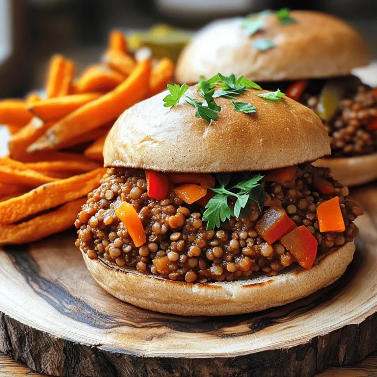- 1 cup dried green or brown lentils, thoroughly rinsed - 2 tablespoons extra virgin olive oil - 1 medium onion, finely chopped - 2 cloves garlic, minced - 1 red bell pepper, finely diced - 1 medium carrot, grated - 2 tablespoons concentrated tomato paste - 1 cup vegetable broth (low-sodium recommended) - 2 tablespoons pure maple syrup - 1 tablespoon apple cider vinegar - 1 tablespoon Dijon mustard - 1 teaspoon smoked paprika - 1/2 teaspoon chili powder (adjust for heat preference) - Salt and freshly ground black pepper to taste - 4 whole wheat burger buns - Fresh parsley, chopped (for garnish, optional) Lentils are the star here. They pack protein and fiber, which help keep you full. Onions and garlic add flavor and may boost your immune system. Red bell peppers provide vitamin C, which is great for skin health. Carrots add beta-carotene, good for your eyes. Olive oil offers healthy fats that support heart health. Maple syrup serves as a natural sweetener, while apple cider vinegar can aid digestion. Each ingredient plays a role in making these Sloppy Joes not just tasty but also good for you. You can swap ingredients to fit your taste. If you don't have lentils, try black beans or chickpeas. Use any bell pepper color for a different flavor. If you want less sugar, substitute the maple syrup with agave nectar. For a gluten-free option, use gluten-free buns. You could also add spices like cumin or oregano for a new twist. Don't be afraid to get creative! To cook lentils just right, start with one cup of dried lentils. Rinse them well under cold water. Then, put them in a medium saucepan. Add three cups of water. Bring the water to a boil. Once boiling, lower the heat. Let them simmer for about 15 to 20 minutes. You want them tender, not mushy. After cooking, drain any extra water and set them aside. 1. Heat two tablespoons of extra virgin olive oil in a large skillet over medium heat. 2. Add one finely chopped medium onion. Sauté for three to four minutes until it gets soft. 3. Next, add two minced garlic cloves, one diced red bell pepper, and one grated carrot. Cook for five minutes. 4. Stir in the cooked lentils. Add two tablespoons of tomato paste, one cup of vegetable broth, and two tablespoons of pure maple syrup. 5. Pour in one tablespoon of apple cider vinegar and one tablespoon of Dijon mustard. Add one teaspoon of smoked paprika and half a teaspoon of chili powder. 6. Season with salt and pepper. Mix everything well. 7. Let the mixture simmer for about ten minutes. Stir occasionally to keep it from sticking. If it gets too thick, add more vegetable broth. 8. Toast four whole wheat burger buns until they are crispy or just lightly browned. 9. Spoon the lentil mix onto the bottom half of each bun. If you like, add fresh parsley on top for a nice touch. Then, place the top half of the bun on. Taste the mixture before serving. If it needs more flavor, add more salt, pepper, or spices. To change the texture, you can add more broth for a soupier mix. If you want it thicker, cook it a little longer to let it reduce. Adjust these elements to fit your taste. You can always make it your own! For the full recipe, check out the previous section. If you want to swap lentils for other plant-based options, try these ideas: - Chickpeas: They add a nutty taste and creamy texture. - Mushrooms: Finely chop them for a meaty feel. - Textured Vegetable Protein (TVP): It absorbs flavors well and mimics ground meat. To keep flavors rich, use spices and sauces. You can add more garlic or smoked paprika for depth. I love using a skillet for quick meals. It cooks the lentils fast and lets flavors mix well. Here’s how to choose your method: - Skillet: Perfect for a quick, tasty meal. It takes about 40 minutes total. - Slow Cooker: Great for busy days. Just set it up and let it cook for 4-6 hours on low. With the slow cooker, you can add more veggies. They’ll soften beautifully, adding flavor. To make your lentil sloppy joes extra special, try these ideas: - Serve them on whole wheat buns for a hearty meal. - Add a side of sweet potato fries for crunch. - Pickles add a nice tang that balances the sweetness. For a fresh touch, sprinkle chopped parsley on top. This adds color and flavor. For a complete meal, serve with a side salad or steamed veggies. Enjoy your easy vegan lentil sloppy joes! You can find the full recipe [here](#). {{image_4}} If you love heat, adding spice can transform your lentil sloppy joes. Start with the basic recipe. Then, include more chili powder or some diced jalapeños. A few dashes of hot sauce can also do the trick. You can even use chipotle powder for a smoky kick. This adds depth and a nice kick to your dish. To make these sloppy joes gluten-free, it's easy! Simply swap out the whole wheat buns for gluten-free burger buns. Many stores offer great options. Ensure your vegetable broth is gluten-free. This way, you can still enjoy the same tasty meal without gluten. The flavors will still shine through! Feel free to get creative with veggies! You can add chopped mushrooms for a meaty texture. Spinach or kale can boost the nutrition. Just toss them in with the lentils as they cook. You can also use zucchini or corn for sweetness. Each veggie adds its own unique taste and texture. Enjoy experimenting with your favorite vegetables to find the perfect mix! For the complete recipe, check out the [Full Recipe]. To store leftover lentil sloppy joes, let them cool first. Place them in an airtight container. This keeps them fresh for up to four days in the fridge. Be sure to separate the lentil mix from the buns. This way, the buns stay soft and do not get soggy. You can freeze the lentil mix for later use. Just let it cool completely. Then, transfer it to a freezer-safe container. It can last up to three months in the freezer. When you're ready to eat, pull it out and thaw it in the fridge overnight. Reheat your lentil sloppy joes over medium heat on the stove. Stir occasionally until it's hot throughout. If it seems dry, add a splash of vegetable broth or water. You can also microwave it. Just cover the container and heat in short bursts, stirring in between. Enjoy your meal just like fresh! The main ingredients are simple and fresh. Here’s what you will need: - 1 cup dried green or brown lentils, thoroughly rinsed - 2 tablespoons extra virgin olive oil - 1 medium onion, finely chopped - 2 cloves garlic, minced - 1 red bell pepper, finely diced - 1 medium carrot, grated - 2 tablespoons concentrated tomato paste - 1 cup vegetable broth (low-sodium recommended) - 2 tablespoons pure maple syrup - 1 tablespoon apple cider vinegar - 1 tablespoon Dijon mustard - 1 teaspoon smoked paprika - 1/2 teaspoon chili powder (adjust for heat preference) - Salt and freshly ground black pepper to taste - 4 whole wheat burger buns - Fresh parsley, chopped (for garnish, optional) These ingredients come together to create a hearty meal that’s full of flavor. Yes, you can make this recipe ahead of time. The lentil mixture stores well in the fridge. Just let it cool and place it in an airtight container. It will keep for about 3-4 days. When ready to eat, warm it on the stove or in the microwave. This makes for a quick meal on busy days. To enhance the flavor, try adding a few extra ingredients. You can use: - A splash of soy sauce or tamari for umami - A teaspoon of liquid smoke for depth - Fresh herbs like thyme or basil for freshness - A dash of hot sauce for a kick Mix in these extras while cooking. Adjust seasoning to your taste. This will give your sloppy joes a richer and more complex flavor. Enjoy! In this article, we explored easy vegan lentil sloppy joes. We covered the key ingredients and their benefits. Cooking lentils perfectly is vital, and I shared helpful steps. You learned tips for flavor, cooking methods, and unique variations. We also discussed how to store leftovers and answered common questions. With these insights, you can make delicious and healthy lentil sloppy joes with ease. Enjoy your cooking journey and experiment with new flavors!