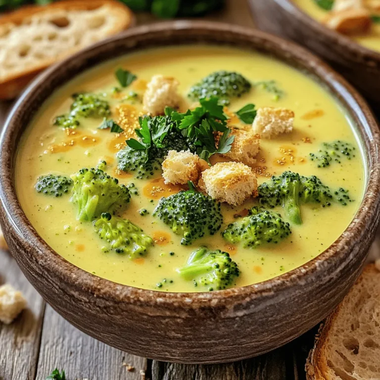 - 4 cups fresh broccoli florets - 1 medium onion - 2 cloves garlic - 1 medium potato Fresh ingredients give the soup a vibrant taste. Broccoli adds nutrition and color. The onion and garlic create a fragrant base that enhances the flavor. The potato gives the soup a creamy texture. - 4 cups vegetable broth - 1 cup unsweetened almond milk The vegetable broth forms the soup's heart. It brings depth and richness. Almond milk adds creaminess without dairy. You can use any plant milk you prefer. - 1 cup nutritional yeast - 2 tablespoons fresh lemon juice - 1 tablespoon olive oil - 1 teaspoon smoked paprika - Salt and freshly ground black pepper Nutritional yeast gives a cheesy flavor without dairy. Lemon juice brightens the soup and adds freshness. Olive oil brings richness and helps sauté the veggies. Smoked paprika adds a hint of warmth and depth. Season with salt and pepper to taste. For the full recipe, check the section above. - Sauté the onion and garlic: Start by heating olive oil in a large pot over medium heat. Add the diced onion and cook for about 3-4 minutes. You want it to become soft and translucent. Then, add minced garlic and stir for another minute. The smell will fill your kitchen and signal you are on the right path. - Add potatoes and broccoli: Next, toss in your diced potato and fresh broccoli florets. Pour in the vegetable broth, and bring the mixture to a boil. This step is crucial as it locks in all the flavor. - Bring to a boil, then simmer: Once boiling, reduce the heat to low and cover the pot. Let it simmer for 15-20 minutes. You want the broccoli and potatoes to be fork-tender, so check them with a fork. - Blend until smooth: After cooking, use an immersion blender to puree the soup right in the pot. If you don't have one, let the soup cool slightly, blend it in batches, and then return it to the pot. This step makes the soup creamy and smooth. - Stir in almond milk and nutritional yeast: Once blended, it's time to add the unsweetened almond milk and nutritional yeast. These ingredients give the soup a rich, cheesy flavor without any dairy. - Adjust seasoning and consistency: Taste the soup and add salt and pepper as needed. If it’s too thick, slowly add more vegetable broth or almond milk until you get your desired texture. - Serve with garnishes: Ladle the soup into bowls and garnish with homemade croutons and fresh parsley. This adds color and a delightful crunch. Now, you can enjoy a warm, creamy bowl of Vegan Broccoli Cheddar Soup. For the full recipe, refer to the [Full Recipe]. - Use low-sodium vegetable broth for healthier soup. This choice cuts down on salt and keeps flavors bright. - Add fresh lemon juice to brighten flavors. A splash of lemon can make your soup taste fresh and zesty. - Overcooking the broccoli can lead to mushy bits. Cook it until tender, but keep some crunch. - Not blending thoroughly for creaminess will leave your soup chunky. Blend until it’s smooth for that perfect texture. - Experiment with additional spices or herbs. Try thyme, basil, or even a dash of cayenne for a kick. - Adding a touch of vegan butter will bring richness. It adds a delightful creaminess that enhances the overall flavor. For the full recipe, check the detailed instructions above. {{image_4}} You can add healthy twists to the soup. Try adding spinach or kale for vibrant greens. These leafy veggies boost nutrition and flavor. Carrots are another great choice. They add a nice sweetness to balance the savory taste. Just chop them small and add them during cooking. If you need a gluten-free option, consider your croutons. You can use gluten-free croutons for crunch. Or you can skip croutons altogether. The soup still tastes great without them. This way, everyone can enjoy the creamy goodness. For a creamier soup, use cashew cream instead of almond milk. Cashew cream adds a rich texture and nutty flavor. To make cashew cream, blend soaked cashews with water until smooth. This simple swap makes the soup even more luxurious and satisfying. For the [Full Recipe], follow the steps and enjoy this delightful dish! After you enjoy your Vegan Broccoli Cheddar Soup, store leftovers in the fridge. Use an airtight container to keep the soup fresh. Make sure to let the soup cool before sealing it. This helps prevent excess moisture. It can stay in the fridge for up to 4 days. Just remember to reheat only what you plan to eat. If you want to keep some soup for later, freezing is a great option. Here’s how to do it step-by-step: 1. Cool the Soup: Let your soup cool completely before freezing. 2. Portion It Out: Divide the soup into individual portions. This makes it easier to reheat later. 3. Use Freezer Bags or Containers: Pour the soup into freezer-safe bags or containers. Leave some space at the top to allow for expansion. 4. Seal and Label: Make sure to seal them tightly. Label each bag with the date. 5. Freeze: Place the bags flat in the freezer for easy stacking. To reheat, simply thaw the soup in the fridge overnight. Then, heat it on the stove over low heat until warm. Add a splash of vegetable broth or almond milk if it looks too thick. The freshness of your soup varies by storage method. In the fridge, it lasts 3 to 4 days. If you freeze it, it can stay good for up to 3 months. Just be sure to check for any changes in smell or texture before eating. Enjoy your creamy comfort bowl anytime! Yes, you can use frozen broccoli. It saves time and is still healthy. Just toss it in with the other ingredients. No need to thaw before cooking. The soup will still be creamy and tasty. If you can't find nutritional yeast, try using ground cashews. They give a nice creaminess. You can also use vegan cheese shreds. They add flavor but may change the soup's texture a bit. To spice up your soup, add some red pepper flakes. Start with a small amount and taste as you go. You can also mix in some diced jalapeños for a kick. Blend them in for an even heat. This soup pairs well with crusty bread. You can also serve it with a fresh salad. A side of homemade croutons adds a nice crunch. For a heartier meal, try a vegan sandwich. Check out the Full Recipe for more serving ideas! This blog post covered all you need to make a delicious Vegan Broccoli Cheddar Soup. We explored fresh ingredients, step-by-step cooking instructions, and expert tips. You learned how to store leftovers and even variations for different tastes. Remember, using fresh veggies and proper seasoning can elevate your soup. Don’t be afraid to add your favorites! With this guide, you can create a warm, hearty dish that everyone will love easily. Enjoy your cooking adventure!