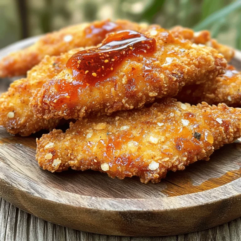 - 1 pound chicken tenders - 1/4 cup honey - 2 tablespoons sriracha sauce - 1 tablespoon soy sauce - 1 teaspoon garlic powder - 1 teaspoon smoked paprika - 1/2 teaspoon salt - 1/2 teaspoon black pepper - 1 cup panko breadcrumbs - 1/2 cup all-purpose flour - 2 large eggs, beaten - Vegetable oil The main ingredients create a sweet and spicy flavor. The honey adds sweetness. Sriracha gives it heat. The seasonings enhance the taste. Panko breadcrumbs add crunch, while the flour helps the coating stick. - Fresh ginger, grated - Lime juice or zest - Sesame oil - Chopped green onions Adding fresh ginger gives a zesty kick. Lime juice or zest brightens the flavor. Sesame oil adds depth. Chopped green onions provide freshness and color. - Vegetable oil - Canola oil - Peanut oil I recommend vegetable oil for frying. It has a high smoke point. Canola oil is also great for frying. Peanut oil adds a nutty flavor. Choose an oil that works best for your taste and needs. For the full recipe, be sure to check out the detailed steps provided. To start, I mix the marinade in a medium bowl. I whisk together 1/4 cup honey, 2 tablespoons sriracha, 1 tablespoon soy sauce, and spices. These spices include 1 teaspoon garlic powder, 1 teaspoon smoked paprika, 1/2 teaspoon salt, and 1/2 teaspoon black pepper. This mix creates a sweet and spicy flavor. I add the chicken tenders to the bowl, making sure they are well coated. Then, I cover the bowl with plastic wrap and place it in the fridge. The chicken needs at least 30 minutes to soak up the flavors. If you can wait, two hours gives a deeper taste. Next, I set up my breading station. I grab three shallow dishes for this step. In the first dish, I add 1/2 cup all-purpose flour. The second dish gets 2 beaten eggs. In the last dish, I pour in 1 cup of panko breadcrumbs. This setup helps me coat the chicken easily. I keep everything close to make the process smooth. Now it’s time to fry the chicken. I heat vegetable oil in a large skillet. I pour in enough oil to cover about 1/2 inch of the pan. I heat the oil to around 350°F. I test it by dropping in a few breadcrumbs; they should sizzle. Once the oil is hot, I carefully add the coated chicken tenders. I make sure not to crowd the pan. Each tender needs space to cook evenly. I fry them for about 4-5 minutes on each side. They should turn golden brown and reach an internal temperature of 165°F. - Cooking Tips for Perfectly Fried Chicken: - Use a thermometer to check the oil's heat. - Don’t overcrowd the pan; fry in batches if needed. - Drain cooked tenders on paper towels to keep them crispy. After frying, I place the chicken on a plate with paper towels to absorb excess oil. This ensures a crunchy bite. For a flavor boost, I drizzle more honey and sriracha on top before serving. You can also serve the sauce on the side for dipping. For the full recipe, check out the details above. To get that perfect crunch, use panko breadcrumbs. They are light and airy, giving your tenders a great texture. Make sure to press the panko onto the chicken firmly. This helps it stick better during frying. If you want even more crunch, double-bread the chicken. After the first coat, dip it back in the egg and then into the panko again. This extra layer makes a big difference! The sauce is the star of this dish. To make it even better, try adding a splash of lime juice. This gives a fresh twist. You can also mix in some ginger for warmth or sesame oil for depth. For a sweeter sauce, add more honey. If you like it spicy, increase the sriracha. Taste the sauce as you mix it to find your perfect balance. When serving, think about color and texture. Lay the chicken tenders on a platter with fresh lettuce for a nice contrast. Sprinkle sesame seeds or chopped green onions on top for a pop of color. Pair them with crunchy veggies or creamy coleslaw. You can also serve extra sauce on the side for dipping. This makes your meal fun and interactive. For the full recipe, check out the details provided. {{image_4}} You can switch up the sauce for a new twist. Try using chipotle sauce for a smoky flavor. If you want more heat, go for a spicy garlic sauce. You can also mix honey with gochujang for a Korean flair. Each option gives a unique taste to the chicken tenders. If you want a lighter option, try baking the chicken tenders. After marinating, set them on a baking sheet lined with parchment. Spray them lightly with cooking spray for crispiness. Bake at 400°F for about 20-25 minutes. You’ll get crispy tenders without frying! For a gluten-free version, swap the all-purpose flour and panko for gluten-free alternatives. Use almond flour or coconut flour instead of regular flour. For breadcrumbs, try crushed gluten-free crackers or cornflakes. This way, everyone can enjoy the great taste of honey sriracha chicken tenders. For the full recipe, check out the Honey Sriracha Chicken Tenders section! You can store leftover honey sriracha chicken tenders in the fridge. Place them in an airtight container. They will stay fresh for about 3 to 4 days. Make sure the tenders cool down before sealing them. This helps keep them crispy for your next meal. If you want to save some for later, freezing works well. Lay the cooked chicken tenders on a baking sheet in a single layer. Freeze them for about 1 hour until solid. Then, transfer them to a freezer-safe bag. They can last for up to 3 months. Just remember to label the bag with the date. When it's time to eat your leftovers, I recommend reheating them in an oven. Preheat the oven to 400°F. Place the chicken tenders on a baking sheet lined with parchment paper. Bake for about 10 minutes or until they’re heated through and crispy again. Avoid using a microwave, as it can make the coating soggy. Enjoy the crunch! If you need the full recipe, check out the complete guide. You can serve these tasty chicken tenders with many sides. I love pairing them with fresh coleslaw or crispy fries. A side of steamed rice also works well to soak up the sauce. For a lighter option, try a mixed green salad with a tangy dressing. You can even serve them on a bed of lettuce for a fun twist. Dipping sauces like ranch or blue cheese add a nice touch too. Yes, you can prepare these chicken tenders ahead of time. Marinate the chicken and bread it a few hours before frying. Keep them in the fridge until you're ready to cook. You can also cook them in advance, store them in the fridge, and reheat when needed. Just remember that freshly fried tenders taste best! To check if the chicken is done, use a meat thermometer. The internal temperature should reach 165°F. If you don’t have a thermometer, cut one tender in half to check. The meat should be white and juicy, with no pink inside. If you see any pink, cook them a bit longer. For exact cooking details, refer to the Full Recipe. In this post, we explored how to make tasty Honey Sriracha Chicken Tenders. We covered the best ingredients, easy steps for cooking, and tips for great flavor. You learned how to achieve a crispy coating and even tried different sauce options. Don’t forget, storing leftovers properly keeps them fresh. I hope you feel inspired to make this dish your own. Enjoy cooking and sharing it with family and friends!