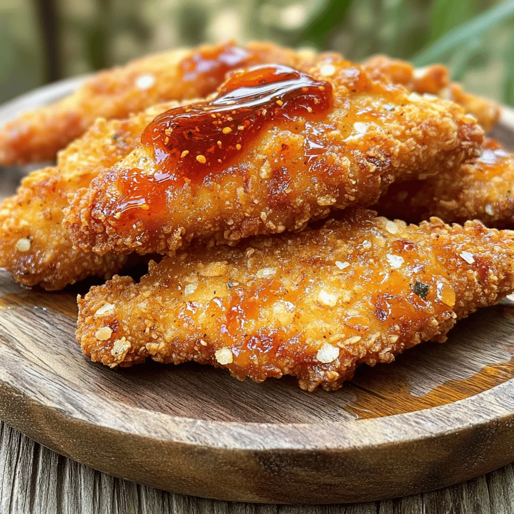 - 1 pound chicken tenders - 1/4 cup honey - 2 tablespoons sriracha sauce - 1 tablespoon soy sauce - 1 teaspoon garlic powder - 1 teaspoon smoked paprika - 1/2 teaspoon salt - 1/2 teaspoon black pepper - 1 cup panko breadcrumbs - 1/2 cup all-purpose flour - 2 large eggs, beaten - Vegetable oil The main ingredients create a sweet and spicy flavor. The honey adds sweetness. Sriracha gives it heat. The seasonings enhance the taste. Panko breadcrumbs add crunch, while the flour helps the coating stick. - Fresh ginger, grated - Lime juice or zest - Sesame oil - Chopped green onions Adding fresh ginger gives a zesty kick. Lime juice or zest brightens the flavor. Sesame oil adds depth. Chopped green onions provide freshness and color. - Vegetable oil - Canola oil - Peanut oil I recommend vegetable oil for frying. It has a high smoke point. Canola oil is also great for frying. Peanut oil adds a nutty flavor. Choose an oil that works best for your taste and needs. For the full recipe, be sure to check out the detailed steps provided. To start, I mix the marinade in a medium bowl. I whisk together 1/4 cup honey, 2 tablespoons sriracha, 1 tablespoon soy sauce, and spices. These spices include 1 teaspoon garlic powder, 1 teaspoon smoked paprika, 1/2 teaspoon salt, and 1/2 teaspoon black pepper. This mix creates a sweet and spicy flavor. I add the chicken tenders to the bowl, making sure they are well coated. Then, I cover the bowl with plastic wrap and place it in the fridge. The chicken needs at least 30 minutes to soak up the flavors. If you can wait, two hours gives a deeper taste. Next, I set up my breading station. I grab three shallow dishes for this step. In the first dish, I add 1/2 cup all-purpose flour. The second dish gets 2 beaten eggs. In the last dish, I pour in 1 cup of panko breadcrumbs. This setup helps me coat the chicken easily. I keep everything close to make the process smooth. Now it’s time to fry the chicken. I heat vegetable oil in a large skillet. I pour in enough oil to cover about 1/2 inch of the pan. I heat the oil to around 350°F. I test it by dropping in a few breadcrumbs; they should sizzle. Once the oil is hot, I carefully add the coated chicken tenders. I make sure not to crowd the pan. Each tender needs space to cook evenly. I fry them for about 4-5 minutes on each side. They should turn golden brown and reach an internal temperature of 165°F. - Cooking Tips for Perfectly Fried Chicken: - Use a thermometer to check the oil's heat. - Don’t overcrowd the pan; fry in batches if needed. - Drain cooked tenders on paper towels to keep them crispy. After frying, I place the chicken on a plate with paper towels to absorb excess oil. This ensures a crunchy bite. For a flavor boost, I drizzle more honey and sriracha on top before serving. You can also serve the sauce on the side for dipping. For the full recipe, check out the details above. To get that perfect crunch, use panko breadcrumbs. They are light and airy, giving your tenders a great texture. Make sure to press the panko onto the chicken firmly. This helps it stick better during frying. If you want even more crunch, double-bread the chicken. After the first coat, dip it back in the egg and then into the panko again. This extra layer makes a big difference! The sauce is the star of this dish. To make it even better, try adding a splash of lime juice. This gives a fresh twist. You can also mix in some ginger for warmth or sesame oil for depth. For a sweeter sauce, add more honey. If you like it spicy, increase the sriracha. Taste the sauce as you mix it to find your perfect balance. When serving, think about color and texture. Lay the chicken tenders on a platter with fresh lettuce for a nice contrast. Sprinkle sesame seeds or chopped green onions on top for a pop of color. Pair them with crunchy veggies or creamy coleslaw. You can also serve extra sauce on the side for dipping. This makes your meal fun and interactive. For the full recipe, check out the details provided. {{image_4}} You can switch up the sauce for a new twist. Try using chipotle sauce for a smoky flavor. If you want more heat, go for a spicy garlic sauce. You can also mix honey with gochujang for a Korean flair. Each option gives a unique taste to the chicken tenders. If you want a lighter option, try baking the chicken tenders. After marinating, set them on a baking sheet lined with parchment. Spray them lightly with cooking spray for crispiness. Bake at 400°F for about 20-25 minutes. You’ll get crispy tenders without frying! For a gluten-free version, swap the all-purpose flour and panko for gluten-free alternatives. Use almond flour or coconut flour instead of regular flour. For breadcrumbs, try crushed gluten-free crackers or cornflakes. This way, everyone can enjoy the great taste of honey sriracha chicken tenders. For the full recipe, check out the Honey Sriracha Chicken Tenders section! You can store leftover honey sriracha chicken tenders in the fridge. Place them in an airtight container. They will stay fresh for about 3 to 4 days. Make sure the tenders cool down before sealing them. This helps keep them crispy for your next meal. If you want to save some for later, freezing works well. Lay the cooked chicken tenders on a baking sheet in a single layer. Freeze them for about 1 hour until solid. Then, transfer them to a freezer-safe bag. They can last for up to 3 months. Just remember to label the bag with the date. When it's time to eat your leftovers, I recommend reheating them in an oven. Preheat the oven to 400°F. Place the chicken tenders on a baking sheet lined with parchment paper. Bake for about 10 minutes or until they’re heated through and crispy again. Avoid using a microwave, as it can make the coating soggy. Enjoy the crunch! If you need the full recipe, check out the complete guide. You can serve these tasty chicken tenders with many sides. I love pairing them with fresh coleslaw or crispy fries. A side of steamed rice also works well to soak up the sauce. For a lighter option, try a mixed green salad with a tangy dressing. You can even serve them on a bed of lettuce for a fun twist. Dipping sauces like ranch or blue cheese add a nice touch too. Yes, you can prepare these chicken tenders ahead of time. Marinate the chicken and bread it a few hours before frying. Keep them in the fridge until you're ready to cook. You can also cook them in advance, store them in the fridge, and reheat when needed. Just remember that freshly fried tenders taste best! To check if the chicken is done, use a meat thermometer. The internal temperature should reach 165°F. If you don’t have a thermometer, cut one tender in half to check. The meat should be white and juicy, with no pink inside. If you see any pink, cook them a bit longer. For exact cooking details, refer to the Full Recipe. In this post, we explored how to make tasty Honey Sriracha Chicken Tenders. We covered the best ingredients, easy steps for cooking, and tips for great flavor. You learned how to achieve a crispy coating and even tried different sauce options. Don’t forget, storing leftovers properly keeps them fresh. I hope you feel inspired to make this dish your own. Enjoy cooking and sharing it with family and friends!