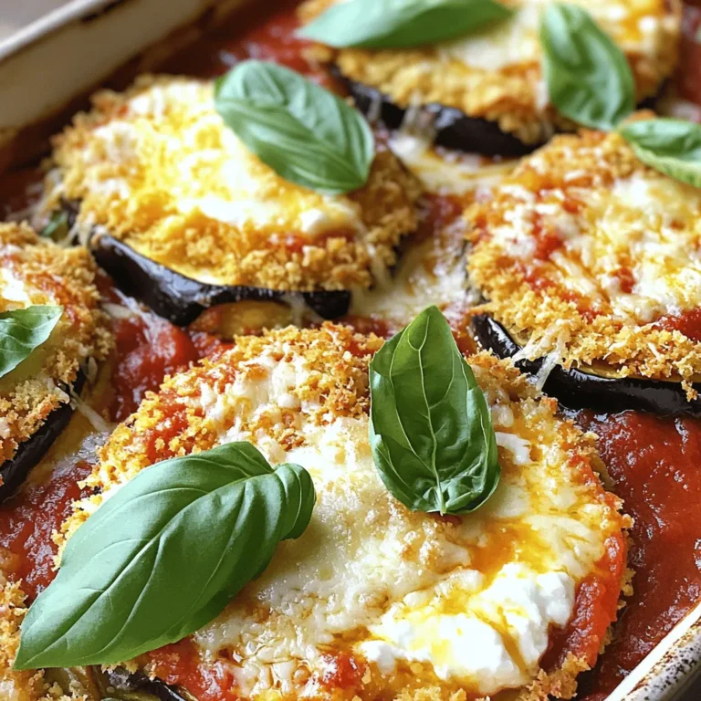 - 2 large eggplants - 2 cups marinara sauce - 2 cups ricotta cheese Eggplant is the star of this dish. I like to choose large, firm ones. They should have smooth skin and feel heavy for their size. Marinara sauce adds a rich, tangy flavor. You can use store-bought or homemade sauce. Ricotta cheese gives the casserole a creamy texture. - 2 cups shredded mozzarella cheese - 1 cup grated Parmesan cheese - Fresh basil leaves for garnish Mozzarella cheese melts beautifully, making it perfect for this dish. I prefer the shredded kind for even melting. Parmesan adds a salty kick. It’s great for topping the casserole. Fresh basil leaves brighten the dish with color and flavor. - 1 cup all-purpose flour - 3 large eggs - 1 cup breadcrumbs - 1 teaspoon dried oregano - 1 teaspoon garlic powder - 1 teaspoon salt - ½ teaspoon black pepper The breading gives the eggplant a nice crunch. I like to use seasoned breadcrumbs for extra flavor. Salting the eggplant before breading helps draw out moisture and bitterness. Dried oregano and garlic powder add depth. This mix makes every bite tasty. For the full recipe, you can check [Full Recipe]. - Preheat the oven to 375°F (190°C). - Salt the eggplant and draw out moisture. This step is key. Salt helps remove bitterness and excess water from the eggplant. Slice the eggplant into ½-inch rounds. Sprinkle salt on both sides and let it rest in a colander for about 30 minutes. Rinse the slices with cold water and pat them dry with paper towels. - Set up bowls for flour, eggs, and breadcrumbs. - In a shallow bowl, add 1 cup of all-purpose flour. In a second bowl, beat 3 large eggs until smooth. In a third bowl, combine 1 cup of breadcrumbs with 1 teaspoon of dried oregano, 1 teaspoon of garlic powder, 1 teaspoon of salt, and ½ teaspoon of black pepper. Mix well to ensure even seasoning. - Coat eggplant slices in flour, egg, and breadcrumbs. Take one eggplant slice and coat it in flour. Shake off any extra flour. Then dip it into the beaten eggs, letting the excess drip off. Finally, roll it in the seasoned breadcrumbs, pressing gently for an even coat. - Fry the breaded eggplant until golden brown. In a large skillet, heat a drizzle of olive oil over medium heat. Fry the slices, about 3-4 minutes on each side, until golden brown. Remove the fried slices and place them on paper towels to absorb extra oil. - Spread marinara sauce, layer eggplant, ricotta, and cheeses. In a 9x13-inch casserole dish, spread a thin layer of marinara sauce on the bottom. Place half of the fried eggplant slices in a single layer over the sauce. - Repeat the layering process. Spread half of the ricotta cheese over the eggplant, then add one-third of the shredded mozzarella and half of the grated Parmesan cheese. Add the remaining eggplant slices on top. Cover with the rest of the marinara sauce. Spread the remaining ricotta and finish with the rest of the mozzarella and Parmesan cheese. - Cover and bake in preheated oven. Tightly cover the dish with aluminum foil and bake for 25 minutes. - Remove foil and bake until cheese is bubbly. After 25 minutes, take off the foil. Bake for an additional 20 minutes, or until the cheese is golden and bubbly. - Allow to cool and garnish with basil. Once baked, let the casserole cool for about 10 minutes. Cut into squares and garnish each slice with fresh basil leaves for added flavor and color. For the complete recipe, check out the details above. Salting eggplant is key to a great dish. Start by slicing the eggplant into ½-inch rounds. Generously sprinkle salt over both sides. Let them rest in a colander for about 30 minutes. The salt draws out moisture and bitterness. After 30 minutes, rinse the slices under cold water. Pat them dry with paper towels to remove excess moisture. This step makes your eggplant tender and flavorful. For frying, use a large skillet and heat a good amount of olive oil over medium heat. Fry the coated eggplant slices in batches. Cook each side for about 3-4 minutes until golden brown. This method gives a crispy texture that everyone loves. Don’t overcrowd the pan; it can steam instead of fry. Choosing the right cheese can elevate your dish. I love using ricotta, mozzarella, and Parmesan for their creamy and rich flavors. Ricotta adds a nice texture. Mozzarella melts beautifully and gives that gooey goodness. Parmesan adds a sharpness that balances the dish. For those with dietary needs, easy swaps exist. Use vegan cheese alternatives for a dairy-free option. Also, try using low-fat cheese to cut calories without losing taste. Presentation matters when serving your casserole. Slice the casserole into squares and place each piece on a plate. Drizzle with extra marinara sauce for color. A sprinkle of grated Parmesan and fresh basil leaves adds charm and flavor. For a complete meal, consider pairing the casserole with a fresh side salad or garlic bread. A crisp salad adds lightness, while garlic bread complements the rich flavors. Enjoy every bite of your comforting Eggplant Parmesan Casserole! For the full recipe, check the full recipe section. {{image_4}} For those who need gluten-free meals, switch to gluten-free breadcrumbs. These work just as well for breading the eggplant. Look for options made from rice, corn, or nuts. For vegan diets, use cashew or almond cheese instead of ricotta and mozzarella. Nutritional yeast can add a cheesy flavor without dairy. These options keep the dish tasty for everyone. You can change the sauce to suit your taste. Try pesto or a spicy arrabbiata instead of marinara. Both add unique flavors to the dish. You can also add more vegetables. Spinach, mushrooms, or bell peppers can boost nutrition and taste. If you want more protein, try adding cooked lentils or ground meat. These swaps keep the dish exciting and fresh. Herbs and spices can elevate the dish. Add fresh basil, thyme, or rosemary for a fragrant touch. Sprinkle in crushed red pepper for some heat. You can also mix in different cheeses. Goat cheese or fontina can bring a new depth of flavor. Top the casserole with toasted pine nuts or breadcrumbs for added crunch. Each enhancement makes this dish more flavorful and inviting. For the full recipe, please refer to the earlier section. To keep your Eggplant Parmesan Casserole fresh, store it in the fridge. First, let the casserole cool down to room temperature. Place it in an airtight container. You can also cover it tightly with plastic wrap or aluminum foil. Leftovers last about three to four days in the fridge. If you notice any odd smells or changes in color, it’s best to toss it out. Freezing the casserole is a great way to save it for later. Start by letting it cool completely. Cut it into squares for easy portions. Wrap each piece tightly in plastic wrap, then place them in a freezer bag. This method helps to prevent freezer burn. The casserole can be frozen for about three months. When you’re ready to eat it, move it to the fridge for a night to thaw. Reheating your casserole can be easy and rewarding. The best way is to use the oven. Preheat it to 350°F (175°C). Place the casserole in an oven-safe dish and cover it with foil. This method keeps the cheese from burning and the eggplant moist. Bake for about 20 to 30 minutes or until it’s hot throughout. You can also reheat it in the microwave. Just heat it for a few minutes, but keep an eye on it so it doesn’t get too dry. After reheating, serve it with a drizzle of marinara sauce and a sprinkle of fresh basil for added flavor. For the full recipe, visit the original source. Salting the eggplant helps to remove moisture and bitterness. After you sprinkle salt on the slices, let them sit in a colander for about 30 minutes. You will see beads of moisture on the surface. Rinse them under cold water to remove the salt. Pat them dry with paper towels. Properly salted eggplant should taste less bitter and have a firmer texture once cooked. Yes, you can prep this dish in advance. You can slice and salt the eggplant a day before. Bread and fry the eggplant slices, then store them in the fridge. You can also assemble the casserole a day ahead. Just cover it well and keep it in the fridge. When you are ready to cook, bake it straight from the fridge. It may need a few extra minutes in the oven. This casserole pairs well with many side dishes. You can serve a simple green salad with a light vinaigrette. Garlic bread is another great option. Roasted vegetables add color and flavor. You can also serve it with pasta for a hearty meal. A glass of red wine complements the flavors nicely. Absolutely! To make the casserole gluten-free, use gluten-free breadcrumbs. You can find these in most grocery stores. You can also make your own by grinding gluten-free bread. Ensure that the marinara sauce you use is also gluten-free. This way, you can enjoy the dish without worry. Bake the casserole at 375°F (190°C). Cover it with foil for the first 25 minutes. This helps to cook the layers evenly. After that, remove the foil and bake for an additional 20 minutes. This will make the cheese bubbly and golden brown on top. If you skip frying, the eggplant may be soggy. Frying removes moisture and adds crispiness. The flavor will also be less rich. The texture will not be as satisfying. Frying gives those layers a nice crunch that enhances the dish. If you're short on time, you can bake the eggplant slices instead, but frying is best. Eggplant Parmesan Casserole combines layers of rich flavors and textures. We explored the essential ingredients, from eggplants to cheese and spices. I shared step-by-step instructions for prepping and baking this tasty dish. You learned tips for perfecting the eggplant and variations for dietary needs. Storing and reheating tips help keep leftovers fresh. This dish is rewarding, quick to make, and perfect for any meal. Enjoy your cooking and savor the delicious results!