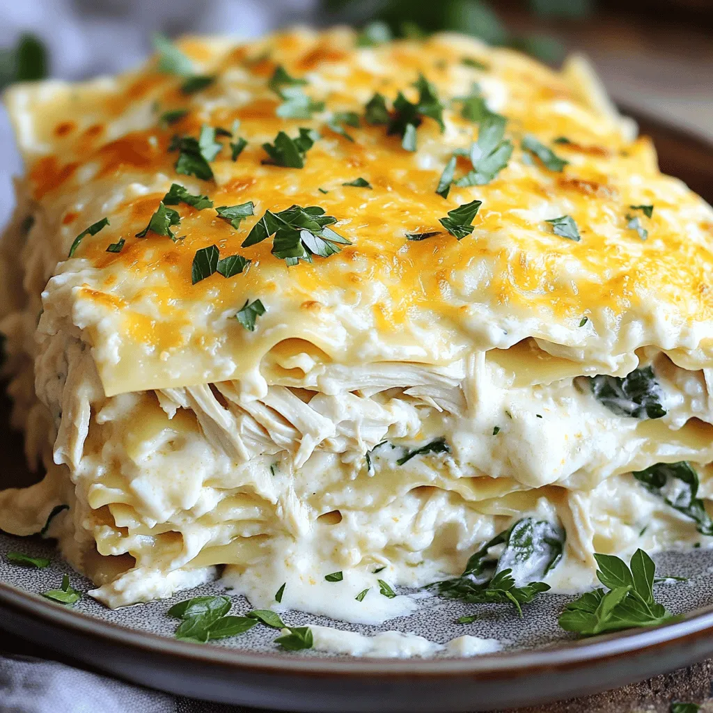 - 9 lasagna noodles - 2 cups cooked rotisserie chicken, shredded - 2 cups ricotta cheese - 2 cups mozzarella cheese, shredded - 1 cup Parmesan cheese, grated - 3 cups Alfredo sauce (store-bought or homemade) - 1 cup fresh spinach, chopped - 1 teaspoon garlic powder - 1 teaspoon Italian seasoning - Salt and pepper to taste - Fresh parsley, chopped (for garnish) When you gather your ingredients, think about the flavors. The rotisserie chicken adds a nice depth. The mix of cheeses creates a creamy texture. Fresh spinach adds color and nutrients. You can use store-bought Alfredo sauce or make your own for a personal touch. - Calories per serving: About 400 - Macronutrient breakdown: - Protein: 25g - Carbohydrates: 30g - Fat: 20g This dish packs a good amount of protein from the chicken and cheese. It will fill you up and keep your energy high. You can adjust portions or ingredients based on your dietary needs. Enjoy the flavors while feeling satisfied. This Chicken Alfredo Lasagna is truly a treat. If you want to try the full recipe, check out the detailed steps. Happy cooking! 1. Preheat the oven to 375°F (190°C). This helps cook the lasagna evenly. 2. In a large pot, bring water to a boil. Add the lasagna noodles. Cook them until they are al dente. This means they should be firm when bitten. Once cooked, drain the noodles and set them aside. 1. In a big bowl, mix the shredded rotisserie chicken, ricotta cheese, chopped spinach, garlic powder, Italian seasoning, salt, and pepper. Stir until everything is well combined. 2. Pour 1 cup of Alfredo sauce into a 9x13 inch baking dish. Spread it out to cover the bottom. This stops the noodles from sticking. 3. Lay 3 lasagna noodles over the sauce in a single layer. 4. Spread half of the chicken and cheese mixture over the noodles evenly. 5. Sprinkle 1 cup of mozzarella cheese and 1/3 cup of Parmesan cheese on top. 6. Drizzle 1 cup of Alfredo sauce over this layer. 7. Repeat the layering. Place another 3 noodles, add the remaining chicken mixture, another cup of mozzarella, and 1/3 cup of Parmesan. Follow this with 1 cup of Alfredo sauce on top. 8. Finish with the last 3 noodles. Spread the remaining Alfredo sauce over these noodles. Top with the rest of the mozzarella and Parmesan cheese. 1. Cover the baking dish tightly with aluminum foil. This keeps the moisture in while baking. 2. Place it in the preheated oven and bake for 25 minutes. 3. After 25 minutes, remove the foil carefully. Bake for another 15-20 minutes. Look for the cheese to be bubbly and golden brown. 4. Let the lasagna rest for about 10 minutes before slicing. This helps the layers set for easier serving. For a detailed guide, check out the Full Recipe. To make a great lasagna, start with the right ingredient temperature. Use cold ingredients straight from the fridge. This keeps everything fresh and helps your dish cook evenly. After baking, let the lasagna rest for 10 minutes before slicing. This resting time helps the layers set. If you skip this, you’ll end up with a messy slice. Avoid soggy noodles by cooking them al dente. This means they should be firm but not hard. If you overcook them, they’ll break apart in the lasagna. Adjust the sauce's consistency if it's too thick or thin. If your Alfredo sauce is thick, add a splash of milk to loosen it. For thin sauce, simmer it on low heat to thicken up. Pair your lasagna with a light side salad. A simple mix of greens, cucumber, and a splash of lemon works well. To plate your lasagna, use a large knife to cut neat squares. Serve each piece on a plate and drizzle some extra Alfredo sauce on top. Finish with a sprinkle of fresh parsley for color. This not only looks nice but adds a fresh taste. For the full recipe, check out the "Creamy Chicken Alfredo Lasagna " recipe. {{image_4}} You can make Chicken Alfredo Lasagna fit different diets with some easy swaps. For a gluten-free option, use gluten-free lasagna noodles. These noodles cook similarly to regular ones but offer a great taste. If you're going vegan, substitute the cheeses with plant-based versions. Many brands offer creamy alternatives that melt well. Want to add more taste? Toss in some vegetables! Mushrooms and zucchini add a nice texture and flavor. You can sauté them before mixing into the chicken and cheese mix. For more zest, try adding herbs or spices. A pinch of red pepper flakes or fresh basil can elevate the dish. You have choices when it comes to sauce. For a richer taste, try making your own Alfredo sauce. It’s simple and fresh! If you're in a hurry, store-bought sauce works too. Also, consider using a different creamy sauce like a béchamel. It gives a new twist to the classic recipe. After you enjoy your Chicken Alfredo Lasagna, store leftovers properly. Let the dish cool down first. Then, cover it tightly with plastic wrap or use an airtight container. This keeps the flavors fresh. Store it in the fridge for up to three days. You can freeze your lasagna before or after baking. If you freeze it before baking, wrap it well in foil. This helps prevent freezer burn. To freeze it after baking, let it cool completely. Then, slice it into portions and wrap each slice tightly. When you're ready to eat, thaw it in the fridge overnight before reheating. Stored Chicken Alfredo Lasagna lasts about three days in the fridge. If frozen, it stays good for about three months. Always check for signs of spoilage. Look for off smells or changes in texture. If anything seems off, it's best to throw it away. Can I use store-bought rotisserie chicken? Yes, using store-bought rotisserie chicken is a great idea. It saves time and adds flavor. Just shred it before mixing into the lasagna. This step makes the recipe much easier. Can I prepare this dish ahead of time? Absolutely! You can make Chicken Alfredo Lasagna ahead of time. Just layer it, cover, and store it in the fridge. When you're ready, bake it straight from the fridge. This makes it perfect for busy days. What if I don’t have Alfredo sauce on hand? If you lack Alfredo sauce, you can make a quick version. Combine cream cheese, heavy cream, and Parmesan cheese. Heat until smooth. This gives a creamy taste similar to store-bought Alfredo. How do I adjust baking time for smaller portions? For smaller portions, reduce the baking time. Check the lasagna after 20 minutes. If the cheese is bubbly and golden, it’s ready. Always keep an eye on it to avoid overcooking. Best side dishes to serve with Chicken Alfredo Lasagna Serve a light side salad with mixed greens. Garlic bread pairs well too. You can also add steamed veggies like broccoli or green beans for color and crunch. Can it be made in a slow cooker? Yes, you can make this in a slow cooker. Layer the ingredients in the pot. Cook on low for about 4-6 hours. This method results in a creamy, delicious lasagna that everyone will love. Find the detailed "Creamy Chicken Alfredo Lasagna " recipe here. This recipe brings joy to your table. You will need to gather a few ingredients before you start cooking. Here’s what you need: - 9 lasagna noodles - 2 cups cooked rotisserie chicken, shredded - 2 cups ricotta cheese - 2 cups mozzarella cheese, shredded - 1 cup Parmesan cheese, grated - 3 cups Alfredo sauce (store-bought or homemade) - 1 cup fresh spinach, chopped - 1 teaspoon garlic powder - 1 teaspoon Italian seasoning - Salt and pepper to taste - Fresh parsley, chopped (for garnish) With these ingredients, you can create a creamy and rich dish that everyone will love. The mix of cheeses and chicken makes each bite a delight. Plus, using rotisserie chicken saves you time. You don’t have to cook it from scratch! Make sure to prep your kitchen before you start. You’ll want to have everything ready to go. This will help you layer the lasagna smoothly. Enjoy the process and the great smells that fill your kitchen! This blog post covers everything you need for a delicious Chicken Alfredo Lasagna. We explored the ingredients, cooking steps, and tips for the best results. Additionally, I shared ways to modify the recipe for different diets and how to store your leftovers. In summary, making this lasagna can be easy and fun. With the right steps, you'll impress friends and family. Enjoy your tasty creation and remember, cooking is all about experimenting!
