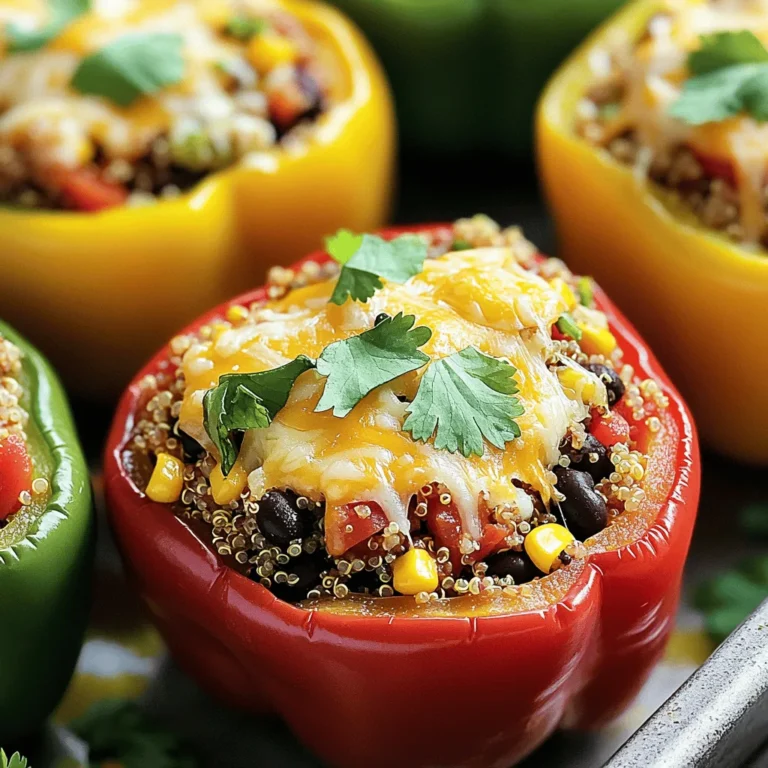 - 4 large bell peppers (red, yellow, or green) - 1 cup cooked quinoa - 1 can (15 oz) black beans, rinsed and drained - 1 cup corn (frozen or canned) - 1 cup diced tomatoes - 1 teaspoon ground cumin - 1 teaspoon chili powder - 1 cup shredded cheese (cheddar or mozzarella) - Fresh cilantro for garnish When making easy stuffed peppers, you want to focus on fresh, tasty ingredients. Start with four large bell peppers. You can pick any color you love. Red, yellow, or green all work well. These peppers will be the star of your dish! Next, grab one cup of cooked quinoa. Quinoa adds protein and texture. It's light and fluffy, which makes it perfect for stuffing. Then, get one can of black beans. Rinse and drain them well. These beans add a rich flavor and a creamy texture to your filling. Don't forget about one cup of corn! You can use frozen or canned corn. It adds a sweet crunch and bright color to your dish. For seasonings, you will need one cup of diced tomatoes. You can use fresh or canned, just be sure to drain them if needed. Add one teaspoon of ground cumin and one teaspoon of chili powder for warmth and depth. Finally, top your peppers with one cup of shredded cheese. Cheddar and mozzarella both melt well and bring that gooey goodness. To finish, sprinkle some fresh cilantro on top for a fresh touch. This mix of flavors makes your stuffed peppers a tasty and healthy delight. For the complete recipe, check out the [Full Recipe]. - Preheat your oven to 375°F (190°C). - Take your bell peppers and slice off their tops. Remove the seeds and membranes inside. - In a large bowl, combine cooked quinoa, black beans, corn, and diced tomatoes. - Add ground cumin, chili powder, garlic powder, salt, and pepper to the mix. Stir well to blend all the ingredients. - Stuff each pepper with the quinoa mixture, packing it tightly. - Place the stuffed peppers upright in a baking dish. If they wobble, trim the bottoms for balance. - Sprinkle shredded cheese on top of each pepper for extra flavor. - Cover the baking dish with foil to keep the peppers moist. Bake for 30 minutes. - After 30 minutes, take off the foil and bake until the cheese melts and looks golden, about 10-15 minutes. For the full recipe, check out the details above. Enjoy your delicious creation! To make your stuffed peppers shine, choose vibrant bell peppers. Red, yellow, and green peppers add color to your plate. This makes the dish more tempting. When filling, pack the mixture tightly. This helps the peppers hold their shape and flavor. Every oven is different. You may need to adjust the cooking time. Start with 30 minutes covered with foil. After that, check for doneness. The peppers should be tender when pierced with a fork. If they need more time, bake them longer. Serve your stuffed peppers with a side of mixed greens. A wedge of lime adds a nice touch. It brings out the flavors in the dish. For a fresh finish, sprinkle more cilantro on top before serving. You can find the full recipe for these tasty delights in the section above. {{image_4}} You can make stuffed peppers even more colorful and healthy. - Add diced zucchini or spinach for extra nutrients. - Swap quinoa for rice or other grains like farro or barley. These changes keep the dish light and tasty. Plus, they help you sneak in more veggies. Want to make your stuffed peppers heartier? Consider adding protein. - Incorporate ground turkey or shredded chicken for a filling meal. - Mix in diced ham or sausage for a savory twist. These additions will make your dish more satisfying and boost the flavor. Looking to spice things up? Flavor is key in stuffed peppers. - Add salsa or hot sauce to the filling for a spicy kick. - Experiment with different types of cheese for unique tastes. Using a mix of cheeses can change the whole profile of your dish. Get creative and enjoy the process! Store your leftover stuffed peppers in an airtight container. They last up to 3 days in the fridge. When you want to enjoy them again, reheat them in the oven or microwave. This keeps them tasty and warm. You can freeze unbaked stuffed peppers for future meals. This makes dinner quick and easy later on. Just thaw them overnight in the fridge. Bake them directly from frozen, but adjust the cooking time as needed. This way, you always have a healthy meal ready to go! For the full recipe, you can check the earlier sections. You need to bake stuffed peppers for 30 minutes covered. After that, remove the cover and bake for an additional 10-15 minutes. This helps the cheese melt and the peppers soften nicely. Yes, you can prepare stuffed peppers ahead of time. Store them in the fridge for up to three days. You can also freeze them for longer storage. Just thaw them before baking. Stuffed peppers go well with a side salad or roasted vegetables. You can add some rice or quinoa on the side for extra texture. This makes a balanced meal. Yes, stuffed peppers are a healthy choice. They are packed with proteins from beans and quinoa. You can easily customize the filling for any diet, making them a versatile dish. Easy stuffed peppers combine tasty ingredients and simple steps. You can use colorful bell peppers, quinoa, black beans, and spices for a delightful meal. Remember to pack the filling tightly for the best outcome. You can adjust cooking times based on your oven. Feel free to customize with added veggies or proteins to mix things up. Lastly, store leftovers properly for future meals. Enjoy making this healthy and fun dish, and share it with friends or family. Your cooking can bring smiles!