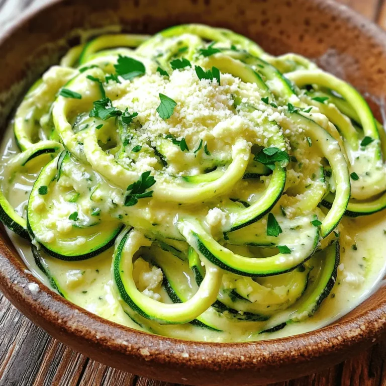 Overview of Zucchini Noodles Zucchini noodles, or zoodles, are a fun way to enjoy pasta. They offer a low-carb alternative to traditional pasta. You can spiralize them quickly with a tool called a spiralizer. If you don’t have one, a simple vegetable peeler works too. Zucchini adds a light, fresh flavor to your dishes. Key Ingredients for the Alfredo Sauce To make the creamy Alfredo sauce, gather these key items: - 4 medium zucchinis, spiralized into noodle shapes - 1 cup cauliflower florets, steamed until tender - 1 cup unsweetened almond milk - 2 tablespoons nutritional yeast (for a cheesy flavor) - 2 cloves garlic, finely minced - 1 tablespoon extra virgin olive oil - Salt and freshly cracked black pepper to taste - 1 tablespoon fresh lemon juice (to brighten the sauce) These ingredients blend well for a rich, savory flavor. The nutritional yeast is a game-changer, giving that cheesy taste without dairy. Optional Garnishes For a lovely finish, consider these garnishes: - Fresh parsley, finely chopped (for garnish) - Grated Parmesan cheese or a vegan alternative (for serving) These toppings add color and flavor, making your dish look and taste amazing. If you enjoy a bit of zest, add a wedge of lemon on the side. This combination makes your Zucchini Noodle Alfredo a true delight. For the full recipe, check out the detailed instructions. Spiralizing Zucchini Begin by spiralizing your zucchinis. You want long, noodle-like shapes. If you lack a spiralizer, a vegetable peeler works too. Just make long ribbons instead. Set your noodles aside in a colander. Draining Excess Moisture Let the zucchini noodles sit for a bit. This helps drain extra water. Too much moisture can make your dish soggy. After about 10 minutes, gently press the noodles to remove more liquid. Sautéing Garlic In a medium saucepan, heat some olive oil over medium heat. Add the minced garlic. Sauté it for 1-2 minutes. Stir it often until it turns fragrant and slightly golden. Keep an eye on it to avoid burning. Blending the Ingredients In a high-powered blender, add steamed cauliflower, almond milk, nutritional yeast, sautéed garlic, fresh lemon juice, and a pinch of salt and pepper. Blend this mix until it’s smooth and creamy. Taste it, and adjust seasoning if needed. Cooking Zucchini Noodles Heat a large skillet on medium heat. Add your drained zucchini noodles. Sauté them for about 2-3 minutes. You want them slightly soft but still firm. Mixing with Alfredo Sauce Pour the creamy Alfredo sauce over the zucchini noodles. Toss everything gently so the noodles are well coated. Cook for another 1-2 minutes to heat through. Now, you can enjoy your creamy Zucchini Noodle Alfredo! For the full recipe, check out the provided link. Choosing the Right Zucchini Pick firm zucchinis with smooth skin. Smaller zucchinis are often sweeter and less watery. Look for ones that feel heavy for their size. This means they are fresh and full of flavor. Achieving Creaminess in the Sauce To get a rich sauce, steam the cauliflower until it’s really soft. This helps it blend well. Use unsweetened almond milk for a creamy texture. Nutritional yeast adds a cheesy taste without dairy. Blend everything until smooth for the best results. Cooking Time for Zucchini Noodles Cook zucchini noodles for just 2-3 minutes. This keeps them firm and not mushy. Toss them gently in the skillet until they are slightly softened. Avoiding Watery Noodles Drain the zucchini noodles in a colander after spiralizing. Let them sit for a bit to remove excess moisture. You can also sprinkle a little salt on them to draw out water. This keeps your dish from being watery and helps the sauce stick better. For the full recipe, check out the Creamy Zucchini Noodle Alfredo 🥒. {{image_4}} To make a vegan version of Zucchini Noodle Alfredo, you can swap out some ingredients. Use nutritional yeast to add a cheesy flavor without dairy. This recipe uses unsweetened almond milk, which keeps it creamy without milk. You can also add a vegan Parmesan cheese if you want a rich taste. This dish stays delicious while being plant-based. Zucchini noodles are naturally gluten-free. This makes them a great base for your Alfredo sauce. You can ensure your sauce is gluten-free by checking your almond milk and any other ingredients. Always choose brands that are marked gluten-free. This way, you can enjoy your meal worry-free. You can easily add protein to your Zucchini Noodle Alfredo. Chicken, shrimp, or tofu work well. Cook your protein separately and mix it into the dish at the end. This makes your meal filling and tasty. If you want a vegetarian option, chickpeas or lentils are great choices. Don’t hesitate to add more veggies to your Alfredo. Spinach, bell peppers, or cherry tomatoes brighten the dish. Sauté these vegetables along with your zucchini noodles. This adds color, flavor, and nutrients. You can easily make this dish more balanced and exciting. For the full recipe, check out the instructions above to create your own Zucchini Noodle Alfredo. After you enjoy your Zucchini Noodle Alfredo, store leftovers properly to keep them fresh. - Refrigeration Tips: Place your leftover Alfredo in an airtight container. This helps keep out air and moisture. Store it in the fridge for up to 3 days. The zucchini may lose some crunch, but it will still taste good. - Freezing Instructions: If you want to store it longer, freeze your Alfredo. Use freezer-safe containers or bags. Make sure to leave some space for expansion. It can stay frozen for up to 2 months. Thaw in the fridge overnight before reheating. When it's time to eat your leftovers, follow these tips for the best results. - Best Practices for Reheating: Use a skillet over medium heat. Add a splash of almond milk or water to help it warm up evenly. Stir it often to avoid sticking. This way, the sauce stays creamy, and the noodles heat through without getting mushy. - Maintaining Texture and Flavor: To keep the taste fresh, don’t overheat the dish. Only warm it just until it's hot. This helps preserve the flavor of the garlic and lemon juice. Enjoy your creamy Zucchini Noodle Alfredo just as you did the first time! How to make Zucchini Noodle Alfredo healthier? To make Zucchini Noodle Alfredo healthier, swap heavy cream for almond milk. You can also use less oil and add more veggies. Try adding spinach or broccoli to boost nutrients. Nutritional yeast gives a cheesy flavor without the calories. Can I prepare the sauce ahead of time? Yes, you can prepare the sauce ahead of time. Blend the sauce and store it in the fridge for up to three days. When you are ready to eat, just reheat it gently. This makes weeknight dinners easier and faster. What are the benefits of using zucchini instead of traditional pasta? Using zucchini instead of traditional pasta is great for many reasons. It is low in carbs and calories, making it a smart choice for health. Zucchini is high in vitamins and minerals, too. It also adds a nice crunch and fresh taste to your meal. Plus, making zucchini noodles is fun and colorful! For the full recipe, check out the Creamy Zucchini Noodle Alfredo 🥒. Zucchini Noodle Alfredo is a tasty dish packed with flavor and nutrition. We covered key ingredients, from zucchini noodles to a creamy sauce, and shared easy steps for making and mixing them together. You learned helpful tips to achieve the best texture and flavor. Plus, you explored fun variations for different diets. Storing and reheating your leftovers is also simple. Get ready to enjoy your delicious meal and share it with others!
