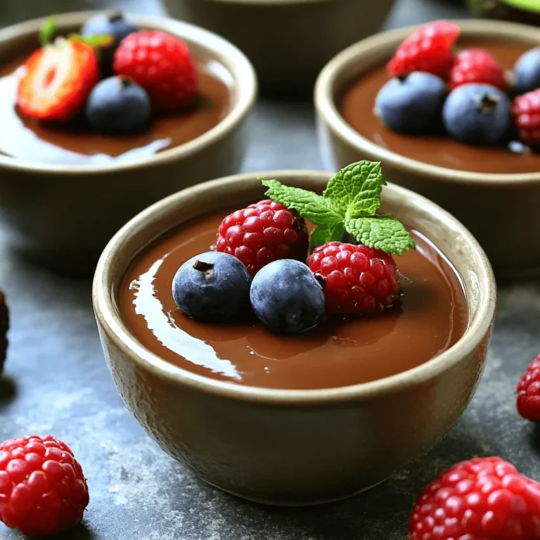 To make vegan avocado chocolate pudding, you'll need just a few simple ingredients. Here’s the list: - Ripe avocados - Unsweetened cocoa powder - Maple syrup - Almond milk - Pure vanilla extract - Sea salt - Optional garnishes (fresh berries and mint leaves) Using ripe avocados is key. They create a creamy base that pairs well with cocoa. The unsweetened cocoa powder gives rich chocolate flavor without added sugar. Maple syrup adds natural sweetness, but you can adjust it to your taste. Almond milk keeps it dairy-free and adds smoothness. A splash of pure vanilla extract rounds out the flavors, while a pinch of sea salt enhances the taste. You can also get creative with garnishes. Fresh berries add a pop of color and taste. Mint leaves give a refreshing touch. For the full recipe, check the provided link. This pudding is not only easy to prepare but also a delicious treat that everyone will enjoy! To start, you need ripe avocados. To pit and peel them, cut the avocado in half. Twist each half gently to separate them. Use a spoon to scoop out the pit. Then, scoop the green flesh into a bowl. Next, measure the dry and wet ingredients. For this recipe, you need: - 2 ripe avocados, pitted and peeled - 1/2 cup unsweetened cocoa powder - 1/2 cup maple syrup - 1/4 cup almond milk - 1 teaspoon pure vanilla extract - A pinch of sea salt Make sure to adjust the maple syrup based on how sweet you like your pudding. Now, it’s time to blend! Place the avocados and dry ingredients in a blender. Add the wet ingredients too. Blend on medium-high speed. Stop to scrape the sides down for an even mix. Blend until smooth and creamy. To get that perfect texture, if the pudding seems too thick, add a bit more almond milk. This will help it reach that silky, rich consistency. Chilling is key for this pudding. It helps set the texture. After blending, transfer the pudding into bowls. To stop it from browning, cover each bowl with plastic wrap. Press it right against the pudding. This helps keep it fresh. Refrigerate the pudding for at least 30 minutes. When you're ready to serve, stir it if needed. The chilled pudding is so much better in taste and texture! For the full recipe, check out the ingredients and steps provided earlier. To make your vegan avocado chocolate pudding just right, taste it as you go. After blending, scoop a small amount and see if it meets your sweet tooth's needs. If it's too bitter from the cocoa, add a bit more maple syrup, blend again, and taste. If you want to try alternatives to maple syrup, you can use agave nectar or date syrup. Both work well and add a unique twist. Honey is another option, but keep in mind that it’s not vegan. A blender works best for this pudding. It creates a smooth texture quickly. If you use a food processor, you may need to scrape down the sides more often. Either way, blend until you reach a creamy consistency. Sometimes the pudding can be too thick. If this happens, add a splash more almond milk. Blend again until smooth. If it’s too runny, add a little more avocado or cocoa powder to thicken it up. You can serve the pudding in many fun ways. Try pouring it into small glasses for a fancy look. Top with fresh berries and mint leaves for color and flavor. Pair it with dairy-free whipped cream for a rich dessert. You can also serve it with a side of fruit salad or graham crackers for added texture. This vegan pudding is a treat that impresses with its rich and creamy taste! For the full recipe, check out the details above. {{image_4}} You can easily change the taste of the pudding. Try adding mint for a fresh twist. A dash of espresso can add depth too. You could even mix in spices like cinnamon or cayenne for a kick. Personalizing the recipe makes it fun! You can add nut butters for richness. Almond or peanut butter will enhance the creaminess. A drop of almond extract or coconut extract can also add a great flavor boost. If you want a nut-free version, simply swap almond milk with oat or soy milk. This keeps the pudding creamy without nuts. For gluten-free diets, this recipe is already safe since it contains no gluten. If you need low-sugar or keto options, use a sugar substitute. Stevia or erythritol can work well, but taste as you go. Adjusting the sweetness helps match your diet. These easy swaps let you enjoy this treat without worry. To keep your vegan avocado chocolate pudding fresh, store it in an airtight container. This helps maintain its smooth texture and rich flavor. Cover the pudding tightly with plastic wrap. Press the wrap directly onto the surface. This reduces air exposure and helps prevent browning. I recommend using glass containers. They are easy to clean and do not absorb odors. You can also use plastic containers if you prefer. Make sure they seal well to keep your pudding safe. In the fridge, your pudding will last about 3 to 5 days. After that, it may start to spoil. Look for changes in color or smell. If it turns brown or smells off, it’s time to throw it away. Yes, you can freeze vegan avocado chocolate pudding! It freezes well for up to 2 months. Just place it in a freezer-safe container. Leave some space at the top for expansion. When you’re ready to enjoy it again, thaw it in the fridge overnight. The texture may change a bit after freezing. If it seems grainy, just blend it again until smooth. To pick ripe avocados, look for a few key signs: - Color: Dark green or nearly black skin indicates ripeness. - Feel: Gently squeeze. It should yield slightly but not feel mushy. - Shape: A round shape is often ripe. If it’s too long, it might not be ready. Choosing the right avocado is key for this pudding. If you pick unripe avocados, the pudding won't be as creamy or tasty. Yes, you can substitute some ingredients. Here are a few options: - Cocoa powder: You can use carob powder for a different flavor. - Maple syrup: Agave syrup or honey works well too. - Almond milk: Any plant-based milk like soy or oat milk is fine. Keep in mind that each swap can change the taste. Always taste as you go. Avocados are super nutritious. They are packed with healthy fats, vitamins, and minerals. Here are some benefits: - Healthy fats: They contain monounsaturated fats, which help the heart. - Vitamins: They provide vitamins E, K, and C, which are good for skin and health. - Fiber: They are high in fiber, which aids digestion. Cocoa also offers benefits. It contains antioxidants and can boost mood. This pudding is a delicious way to enjoy these health perks. Yes, this pudding meets many dietary needs: - Dairy-free: It contains no dairy, making it safe for those with lactose issues. - Vegan: All ingredients are plant-based, fitting a vegan diet. - Gluten-free: No gluten ingredients are in this pudding, so it's safe for gluten-free diets. If you have any other dietary needs, feel free to ask about alternatives. Absolutely! This pudding is perfect for making in advance. Here’s how: - Make it ahead: You can prepare it a day or two before you need it. - Storage: Store it in airtight containers to keep it fresh. - Prevent browning: Cover the surface with plastic wrap to avoid oxidation. Making it ahead saves time and lets the flavors meld. Just remember to chill it before serving! For the full recipe, check out the details above. This post covered how to make a yummy vegan avocado chocolate pudding. You learned about the key ingredients, from ripe avocados to sweet maple syrup. I shared steps to blend and chill for the best texture. Remember to personalize it with your favorite flavors or dietary needs. Feel free to experiment with storage tips to keep it fresh. Enjoy this treat that is good for you and easy to make!