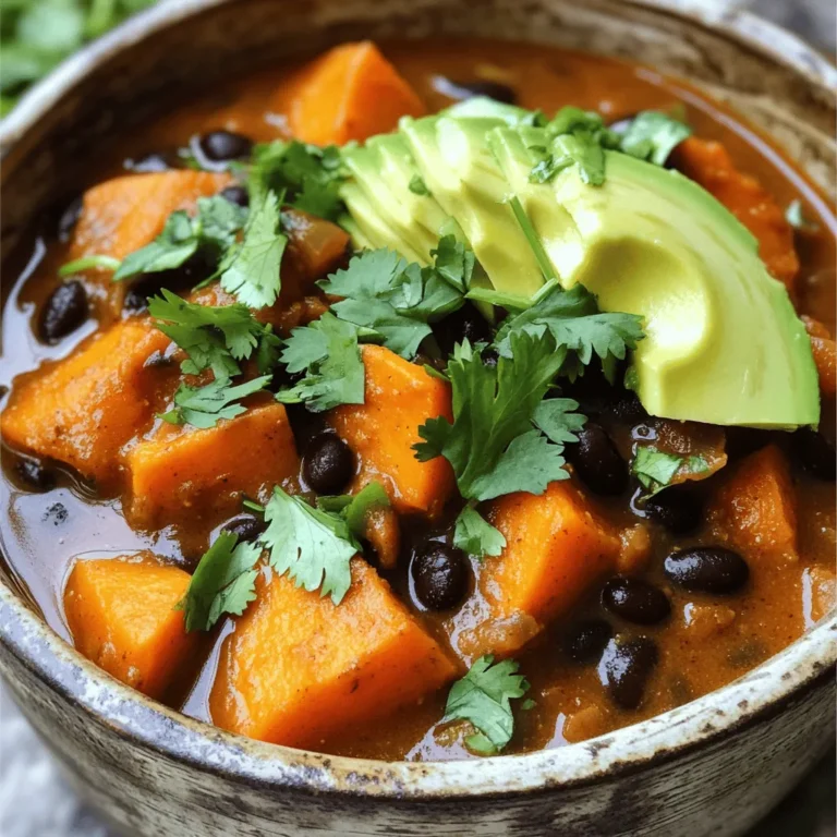 For this savory sweet potato and black bean chili, you will need the following ingredients: - 2 medium sweet potatoes, peeled and diced into bite-sized cubes - 1 can (15 oz) black beans, thoroughly drained and rinsed - 1 can (14 oz) fire-roasted diced tomatoes - 1 medium onion, diced finely - 3 cloves of garlic, minced - 1 red bell pepper, diced into small pieces - 2 cups low-sodium vegetable broth - 2 tablespoons extra virgin olive oil - 2 teaspoons ground cumin - 1 teaspoon smoked paprika - 1 teaspoon chili powder - Salt and freshly ground black pepper, to taste - Fresh cilantro, finely chopped (for garnish) - Ripe avocado slices (for serving, optional but recommended) These ingredients work together to create a hearty and tasty meal. The sweet potatoes add a nice sweetness, while the black beans bring protein and fiber. The spices give the chili warmth and depth. You can find the full recipe to guide you through the cooking process. Enjoy making this dish! 1. Start by heating 2 tablespoons of extra virgin olive oil in a large pot over medium heat. 2. Add 1 finely diced onion and 1 diced red bell pepper. Sauté them until they become soft and smell great, which should take about 5 minutes. 3. Next, toss in 3 minced garlic cloves. Stir this mix for about 1 minute. Be careful not to let the garlic burn. 4. Now, add 2 medium sweet potatoes that you have peeled and diced into small cubes. Stir them well with the onions and peppers. 5. Cook for about 5 minutes. This softens the sweet potatoes a little. 6. Sprinkle in 2 teaspoons of ground cumin, 1 teaspoon of smoked paprika, and 1 teaspoon of chili powder. Add salt and black pepper to taste. Mix everything well to coat the sweet potatoes with these spices. 7. Carefully pour in 2 cups of low-sodium vegetable broth and 1 can of fire-roasted diced tomatoes. Bring this mix to a boil. 8. Once boiling, reduce the heat and let it simmer for about 20 minutes. Cook until the sweet potatoes are tender when pierced with a fork. 9. Finally, mix in 1 can (15 oz) of black beans that you have drained and rinsed. Let the chili simmer for an additional 5 minutes. Taste the chili and adjust the seasoning if needed. 10. Serve your chili hot, garnished with fresh cilantro and slices of ripe avocado if you like. Enjoy this hearty dish! For the full recipe, check out the details above. To make your Sweet Potato and Black Bean Chili shine, spices are key. - Choosing the right spices: Use ground cumin for warmth, smoked paprika for depth, and chili powder for heat. These spices create layers of flavor. Feel free to mix in your favorites. You can even try adding cayenne for extra kick. - Adjusting heat levels: Start with a small amount of chili powder. You can always add more if you want more heat. Taste your chili as it cooks. This way, you can find the right balance for your taste buds. The pot you use matters when making chili. - Best pots for chili: A heavy-bottomed pot is best. It helps distribute heat evenly and prevents burning. A Dutch oven is a great choice for this dish. - Importance of simmering: Letting your chili simmer is vital. This process melds the flavors together and makes the sweet potatoes tender. Aim for at least 20 minutes of simmering. The longer you let it simmer, the better it will taste. Garnishes can take your chili to the next level. - Garnishes to complement the dish: Fresh cilantro adds brightness. Avocado slices give a creamy texture. You can also try a dollop of sour cream or Greek yogurt for extra richness. - Pairing options with side dishes: Serve your chili with cornbread or tortilla chips. A simple side salad can also be a nice touch. These pairings add variety to your meal and enhance the overall experience. For the complete dish details, check the Full Recipe. {{image_4}} You can easily adjust this chili to fit your needs. To make it vegan, ensure that your vegetable broth is plant-based. This recipe is already vegan-friendly since it doesn’t use any animal products. If you're looking for gluten-free options, most ingredients are naturally gluten-free. Just check your broth label. If you want to switch up the beans, black beans are great, but you can also use pinto or kidney beans. Each type offers a different taste and texture. Experiment to find your favorite! Spices can change the taste of your chili. If you want a milder flavor, reduce the chili powder. For something bolder, add cayenne pepper or chipotle powder. You can also mix in fresh herbs like oregano for extra depth. Adding more vegetables can change the texture. Try corn for sweetness or zucchini for a soft crunch. Each new ingredient adds a fun twist to the dish! Feel free to swap out the sweet potatoes. You can use regular potatoes or even butternut squash for a different flavor. Each option brings its own taste and texture to the dish. For a creamier chili, consider adding coconut milk. This will make the chili richer and enhance the overall flavor. Just stir it in during the last few minutes of cooking for the best result. For the full recipe, check out the [Full Recipe]. To keep your chili fresh, use airtight containers. Glass or plastic containers work well. Make sure they are clean and dry. Store your chili in the fridge. It can last up to five days. If you want to keep it longer, freezing is a good option. To freeze your chili properly, let it cool first. This helps avoid ice crystals. Then, pour the chili into freezer-safe bags or containers. Remove as much air as you can. Label the bags with the date. Your chili can last up to three months in the freezer. When you are ready to enjoy your chili, you have two good options for reheating. The microwave is quick and easy. Just heat it in short bursts, stirring often. The stovetop method is another choice. Pour the chili into a pot and warm it over low heat. Stir it occasionally to avoid sticking. This method helps keep the flavors rich. For the best taste, choose the stovetop. Either way, enjoy the flavors of your sweet potato and black bean chili again! Sweet Potato and Black Bean Chili can stay fresh in your fridge for about 4 to 5 days. Make sure to store it in an airtight container. This helps keep it tasty and safe to eat. If you want it to last longer, consider freezing it. Yes, you can make this chili in a slow cooker! Start by sautéing the onion, garlic, and bell pepper. Then, add all the ingredients to the slow cooker. Cook on low for 6 to 8 hours or high for 3 to 4 hours. The result will be a rich and flavorful chili. You can serve this chili with many tasty sides. Here are some ideas: - Warm cornbread - Rice or quinoa - Tortilla chips - A fresh salad - Avocado slices on top These sides will enhance the chili's flavors and make your meal even better. Absolutely! Sweet Potato and Black Bean Chili is great for meal prep. You can make a big batch and divide it into portions. Store them in the fridge or freezer. This way, you have a healthy meal ready to go any day of the week. Just heat it up when you are ready to eat! This blog shared a tasty recipe for Sweet Potato and Black Bean Chili. We discussed ingredients, cooking steps, and tips to enhance flavor. Variations allow you to customize this dish to fit your needs. Proper storage and reheating tips help keep your chili fresh. Enjoy experimenting with this hearty meal. It's versatile, easy to make, and packed with flavor. Enjoy every bowlful and share it with friends!