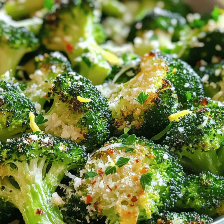 To make lemon garlic roasted broccoli, you need: - 2 large heads of broccoli, cut into bite-sized florets - 3 tablespoons high-quality olive oil - 5 cloves of fresh garlic, finely minced - 1 medium lemon, zested and juiced (reserve juice for dressing) - 1 teaspoon red pepper flakes (optional for a spicy kick) - Sea salt and freshly ground black pepper, to taste - 2 tablespoons finely grated Parmesan cheese (optional for a cheesy finish) - Fresh parsley, finely chopped, for garnish You can customize your broccoli with these add-ins: - A squeeze of fresh lemon juice for extra tang - Toasted pine nuts for crunch - Sliced almonds for a nutty flavor - A sprinkle of nutritional yeast for added depth - Chopped sun-dried tomatoes for a burst of sweetness To prepare this dish, you will need: - A large mixing bowl for tossing the ingredients - A baking sheet lined with parchment paper for easy cleanup - A sharp knife for cutting the broccoli - A zester or grater for the lemon zest - A measuring spoon for accuracy - An oven mitt for safety when handling hot dishes Using these ingredients and tools, you will create a dish that bursts with flavor and joy. I love how easy it is to make, and it pairs well with many meals! For the full recipe, check out the detailed cooking instructions. First, preheat your oven to 425°F (220°C). This step is key for roasting. While the oven heats, wash and cut two large heads of broccoli into bite-sized florets. This makes them easy to eat and ensures even cooking. In a large mixing bowl, add the broccoli florets. Pour in three tablespoons of high-quality olive oil. Next, add five cloves of minced garlic, the zest of one medium lemon, and the juice of that lemon. If you want some heat, sprinkle in one teaspoon of red pepper flakes. Season with sea salt and black pepper to taste. Toss everything well. You want each floret to be coated with the mix so every bite bursts with flavor. Line a baking sheet with parchment paper for easy cleanup. Spread the broccoli evenly on the sheet in a single layer. This helps them roast well. Place the sheet in your preheated oven and roast for 20-25 minutes. Stir the broccoli halfway through to ensure even cooking. The florets should be bright green, tender, and have crispy edges. If you want a cheesy finish, sprinkle two tablespoons of grated Parmesan cheese over the hot broccoli right when it comes out of the oven. Don't forget to garnish with fresh parsley for a pop of color. Enjoy this lemon garlic roasted broccoli as a perfect side dish or a healthy snack! For the full recipe, check the details above. For the best lemon garlic roasted broccoli, start with high heat. Preheat your oven to 425°F (220°C). This high temperature helps the broccoli get crispy. Spread the florets in a single layer on the baking sheet. Avoid overcrowding; this lets hot air circulate. Stir halfway through roasting. This ensures even cooking. You’ll want bright green, tender, and slightly charred edges. To boost the flavor, use fresh ingredients. Fresh garlic and lemon zest make a big difference. If you like spice, add red pepper flakes. This gives a nice kick. A sprinkle of Parmesan cheese adds creaminess. Garnish with chopped parsley for freshness. Each layer of flavor enhances the overall dish. One common mistake is under-seasoning. Be generous with salt and pepper. Another mistake is not tossing the broccoli enough. Make sure each floret is coated well. Lastly, don’t skip the preheating step. A hot oven is key for great roasting. Follow these tips for perfect lemon garlic roasted broccoli. For the full recipe, check the link above. {{image_4}} I love adding cheese to my roasted broccoli. Parmesan brings a nice salty touch. You can use other cheeses too. Feta adds a tangy kick. Cheddar offers a rich, creamy flavor. If you want a vegan option, try nutritional yeast. It gives a cheesy taste without dairy. Spices can change the flavor of your dish. Add cayenne pepper for extra heat. Cumin gives a warm, earthy taste. You can also try smoked paprika for a hint of smokiness. For a fresh twist, add herbs like thyme or oregano. Lemon zest adds brightness, making the dish pop. Want to boost nutrition? Add nuts like almonds or walnuts for crunch. Chickpeas add protein and fiber. Toss in cherry tomatoes for sweetness and color. For more greens, try spinach or kale. They pair well with broccoli and add vitamins. Mixing in these extras makes your dish even better! After cooking, let the broccoli cool down to room temperature. This helps keep it fresh. Store it in an airtight container. Use a glass or plastic container with a tight lid. This helps prevent moisture loss and keeps the flavors intact. You can keep it in the fridge for up to three days. If you want to keep it longer, freezing is your best option. When you want to eat the leftovers, there are easy ways to reheat them. The oven is great for keeping that crispy texture. Preheat your oven to 350°F (175°C) and spread the broccoli on a baking sheet. Heat for about 10 minutes. You can also use a microwave. Place the broccoli in a microwave-safe dish and cover it with a lid or microwave-safe wrap. Heat for about 1 to 2 minutes, checking every 30 seconds. To freeze lemon garlic roasted broccoli, wrap the cooled florets tightly in plastic wrap. Then, place them in a freezer-safe bag. Remove as much air as possible to avoid freezer burn. You can freeze it for up to three months. When you're ready to eat, thaw it in the fridge overnight. Reheat it in the oven for the best texture. For detailed steps, check the Full Recipe. To make lemon garlic roasted broccoli vegan, simply skip the Parmesan cheese. This dish already shines with the flavors of garlic and lemon. You can add nutritional yeast for a cheesy flavor without dairy. It provides a nice touch of umami. Lemon garlic roasted broccoli pairs well with many dishes. Try serving it alongside grilled chicken or fish for a healthy meal. It also goes great with quinoa or rice for a vegetarian option. You can even toss it into pasta for a quick dinner idea. Yes, you can use frozen broccoli! However, frozen broccoli has more water. This can change the texture when roasted. To fix this, thaw the broccoli first and pat it dry. Then follow the same steps in the recipe for tasty results. You can find the full recipe for lemon garlic roasted broccoli in the main article. It includes detailed steps and tips to help you create this delicious dish at home. In this post, we explored how to make lemon garlic roasted broccoli. We covered ingredients, tips, and methods for perfect results. You learned about optional add-ins and equipment needed for the best roasting. Remember to store leftovers properly and feel free to try variations. You can change spices or add cheese for new flavors. Enjoy your cooking!