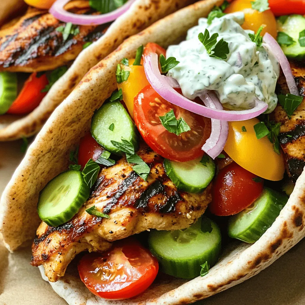 - 1 lb boneless chicken thighs - 3 tablespoons extra virgin olive oil - Spices: dried oregano, garlic powder, smoked paprika - Vegetables: ripe tomatoes, cucumbers, red onion, fresh parsley - Pitas or flatbreads and tzatziki sauce For a great chicken gyro, start with the right meat. Chicken thighs give the best flavor and juiciness. I always use boneless thighs for easy cooking. The olive oil adds moisture and enhances the taste. Spices make the chicken sing. Dried oregano adds that classic Mediterranean flavor. Garlic powder gives a nice kick, while smoked paprika brings warmth. These three spices work together in harmony. Next, fresh veggies brighten up the dish. Ripe tomatoes add sweetness, while cucumbers give crunch. The red onion adds zest, and parsley finishes it off with freshness. Don't forget the pitas or flatbreads! They hold all the delicious fillings together. Tzatziki sauce is a must. It adds creaminess and cools down the spices perfectly. - Feta cheese - Kalamata olives If you want to take your gyros to the next level, consider add-ins. Feta cheese brings a tangy, creamy texture that many love. Kalamata olives add a rich, salty bite that pairs well with chicken. Feel free to mix and match these add-ins to suit your taste! You can find the Full Recipe for more details. Start by whisking together the marinade ingredients. In a large bowl, combine: - 3 tablespoons extra virgin olive oil - 2 teaspoons dried oregano - 1 teaspoon garlic powder - 1 teaspoon smoked paprika - Salt and freshly ground black pepper, to taste Mix everything well to create a flavorful marinade. Next, take 1 lb of boneless chicken thighs and add them to the bowl. Make sure the chicken is fully coated in the marinade. Cover the bowl and let it sit in the fridge for at least 30 minutes. For even more flavor, let it marinate for up to 2 hours. Now, it’s time to cook the chicken. Preheat your grill pan or skillet over medium-high heat. Once hot, carefully add the marinated chicken thighs. Cook each side for 6 to 7 minutes. Check for doneness by ensuring the internal temperature reaches 165°F (75°C). You want beautiful grill marks on the chicken too. After cooking, remove the chicken from the pan and let it rest on a cutting board for a few minutes. This resting time helps keep the chicken juicy. Then, slice the chicken into thin strips for easy loading into your pitas. To assemble your gyros, first warm the pitas or flatbreads. Place them on the grill or in the skillet for about 1 to 2 minutes on each side. This makes them warm and pliable. Now, lay out a warm pita. Place a generous portion of the grilled chicken strips in the center. Top the chicken with a spoonful of creamy tzatziki sauce, diced tomatoes, sliced cucumbers, and a few rings of red onion. Finally, sprinkle fresh chopped parsley on top. Carefully wrap the pita around the filling, keeping all the delicious contents tucked inside. For the full recipe, be sure to check out the complete details! To get perfect grill marks on your chicken, use a hot grill pan. Make sure it is preheated well. Place the chicken on the grill and resist the urge to move it. This helps form those nice lines. Cook for about 6-7 minutes per side. Check the chicken's internal temperature to ensure it reaches 165°F (75°C). For juicier chicken, marinate it for at least 30 minutes. A longer marinade brings more flavor and moisture. You can refrigerate the chicken for up to 2 hours for a bolder taste. Use a mix of olive oil, garlic powder, and spices to create a tasty marinade. When serving your gyros, presentation matters. Use a colorful platter to catch the eye. Place the gyros neatly and add a bowl of tzatziki sauce on the side. A sprinkle of fresh parsley and lemon wedges adds a nice touch. Pair your gyros with Greek salad or crispy fries. The fresh taste of the salad balances the warm, savory chicken. Fries add a fun crunch, making the meal even better. To store leftover gyros, wrap them tightly in foil or plastic wrap. Keep them in the fridge for up to three days. This keeps the chicken fresh and flavorful. When you're ready to eat, reheat the chicken gently. Use a skillet over low heat to warm it up. This keeps it juicy and prevents drying out. If you have extra pitas, warm them in the skillet for a minute on each side. Enjoy your tasty meal again! {{image_4}} You can switch up the protein in your gyros for variety. If you like pork, use pork tenderloin. Season it the same way as the chicken. Grill it until cooked through. Beef is another great choice. Try flank steak or sirloin. Just remember to slice it thinly against the grain. For lamb, use leg or shoulder. The strong flavors of lamb match well with the spices. Each option brings a new taste to your gyros. If you want a meat-free meal, there are tasty substitutes. Grilled vegetables work great. Try zucchini, bell peppers, and eggplant. Marinate them like the chicken for extra flavor. Another option is chickpeas. Roast them with spices until crispy. They add a nice crunch. You can also use falafel for a fun twist. This way, you still enjoy the delicious gyros without meat. While tzatziki sauce is classic, there are other tasty sauces to explore. You can use hummus for a creamy texture. It pairs well with the veggies in your gyros. Another great option is tahini sauce. This nutty sauce adds a unique flavor. For a spicy kick, try harissa or sriracha. Each sauce brings its own twist to your meal. Don't hesitate to mix and match to discover your favorite combination! Chicken thighs offer great nutrition. They hold protein, which helps build muscles. They also contain iron, which supports blood health. Chicken thighs are juicy and flavorful, making them perfect for gyros. Fresh vegetables bring many health benefits. Tomatoes are rich in vitamins C and K. They also contain antioxidants that help fight illness. Cucumbers are hydrating and low in calories. They add crunch and freshness to your gyros. Red onions have compounds that may help reduce heart disease risk. Fresh parsley also packs vitamins and adds color. Each serving of Easy Chicken Gyros has about 400 calories. This count includes chicken, pitas, and veggies. The calorie breakdown is as follows: - Chicken thighs: 230 calories - Whole wheat pita: 170 calories - Tzatziki sauce: 50 calories - Vegetables: 30 calories Keep in mind, these values may change based on your choices for sauces and toppings. For low-carb options, skip the pita. Instead, serve chicken over a salad with the veggies. This keeps the flavors without the carbs. You can also use lettuce wraps for a fun twist. If you need gluten-free options, choose gluten-free pitas or flatbreads. Many stores offer these choices. Check the labels to ensure they fit your needs. Enjoy your gyros without worry! I suggest marinating the chicken for at least 30 minutes. This step allows the flavors to sink in. For stronger taste, you can marinate it for up to 2 hours. The longer you marinate, the tastier it gets. Just keep it in the fridge while it soaks up those flavors. Yes, you can prepare parts of this recipe ahead of time. Marinate the chicken earlier in the day or even the night before. Store the marinated chicken in the fridge until you're ready to cook. You can also slice the veggies and make the tzatziki sauce ahead of time. Just keep everything in airtight containers. If you don't have tzatziki, you can try hummus or a yogurt dressing. For a quick homemade tzatziki, mix 1 cup of plain yogurt with 1 small cucumber, grated. Add garlic, lemon juice, and salt to taste. This will give you a fresh and creamy sauce. One serving of Easy Chicken Gyros has about 400-500 calories. This can change based on how much sauce and veggies you add. The chicken thighs and pitas give it a hearty base, while fresh veggies add nutrition. For a full breakdown, check the Full Recipe. In this article, we covered the essentials for making easy chicken gyros. You learned about key ingredients, steps for cooking, and tips for serving. I shared variations for proteins and sauces to suit your taste. The recipe offers healthy benefits and options for modified diets. Now, you have everything to create delicious gyros at home. Try out the recipe and share it with friends. Enjoy your cooking journey!