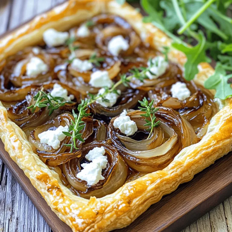 To make the Caramelized Onion and Goat Cheese Tart, gather these key items: - 1 sheet of puff pastry, thawed - 3 medium onions, thinly sliced - 2 tablespoons olive oil - 2 tablespoons balsamic vinegar - 1 teaspoon brown sugar - 4 ounces goat cheese, crumbled - 1 teaspoon fresh thyme leaves - Salt and freshly ground black pepper to taste - 1 egg, beaten (for egg wash) These ingredients bring the dish to life. The sweetness of the caramelized onions pairs perfectly with the tangy goat cheese. You can enhance your tart with these toppings: - A handful of fresh arugula or mixed greens (for serving, optional) Adding greens gives a fresh touch. It balances the richness of the tart. For this recipe, I suggest having these tools ready: - Tart pan - Large skillet - Rolling pin - Pastry brush - Knife and cutting board These tools help you work efficiently. They ensure a smooth cooking process and beautiful presentation. You can find the full recipe in the above section. Enjoy cooking this delightful dish! Start by preheating your oven to 400°F (200°C). On a clean surface, lightly flour it and roll out the thawed puff pastry. Aim for a shape that fits your tart pan. Use a fork to prick the base gently. This helps prevent bubbling during baking. Once pricked, place the pastry in the fridge to keep it chilled while you prepare the filling. In a large skillet, pour in the olive oil and set the heat to medium. Add the thinly sliced onions. Stir them often to avoid burning. This step is key for that sweet caramelized flavor. Cook for about 15-20 minutes until the onions soften and turn a golden brown. When the onions look great, add the balsamic vinegar and brown sugar. Turn up the heat a bit and cook for another 5 minutes. The mixture will thicken and the vinegar will be absorbed. Don’t forget to season it with salt and freshly ground black pepper. This enhances the flavor. When done, take the skillet off the heat. Retrieve the puff pastry from the fridge. Place it in the preheated oven and bake for about 10 minutes. The edges should puff up, but the center should remain soft. After 10 minutes, take the tart shell out of the oven. Spread the caramelized onion mixture over the pastry evenly. Then, sprinkle the crumbled goat cheese on top. Add the fresh thyme leaves for a burst of flavor. To get a golden crust, brush the outer edges of the pastry with the beaten egg using a pastry brush. Now, put the assembled tart back in the oven and bake for another 15-20 minutes. Watch it closely as the pastry puffs and turns golden brown. Once it reaches perfection, let the tart cool slightly before slicing. It tastes great warm or at room temperature. If you want, garnish each slice with fresh arugula or mixed greens. Enjoy this delightful dish! For the full recipe, refer to the earlier section. To get those sweet, golden onions, slice them thinly. Heat your skillet over medium heat and add olive oil. Toss in the onions and stir often. This helps them cook evenly. Be patient; it takes about 15-20 minutes. If they stick, add a splash of water. When they are soft and brown, add balsamic vinegar and brown sugar. Cook for another 5 minutes to deepen the flavor. Using cold puff pastry is key. When you roll it out, keep it chilled. Pricking the base with a fork helps prevent bubbles. Bake the pastry until the edges puff up but the center is still soft. This ensures a flaky crust when you add your filling. Remember, don’t overbake it at this stage; you want it to rise beautifully. This tart shines when served warm. Slice it and add fresh arugula or mixed greens on top. The greens give a nice crunch and balance the rich flavors. Pair it with a light salad or a glass of white wine. If you want to impress your guests, drizzle a bit more balsamic reduction over the top before serving. Enjoy every bite of this delicious creation! For the complete details, check the Full Recipe. {{image_4}} You can switch up the cheese to change the tart's flavor. Try feta or blue cheese for a stronger taste. Cream cheese gives a smooth, creamy texture. Each cheese brings its own charm. Goat cheese offers tang, while mozzarella adds a mild, stretchy quality. Mix and match to find your perfect blend. Adding veggies can make your tart even tastier. Consider using spinach for a pop of color and nutrients. Bell peppers add sweetness and a crunch. Mushrooms bring an earthy flavor that pairs well with onions. Just make sure to sauté them first to release their moisture. This keeps your tart from getting soggy. Want to make your tart heartier? Add proteins! Cooked chicken or bacon can bring a savory depth. You can also use crumbled sausage for a spicy kick. Tofu is a great option for a vegetarian twist. Just ensure any proteins are cooked before adding them to the tart. This way, they blend well with the caramelized onions and cheese. Feel free to experiment. Each variation offers a unique taste. Find your favorite way to enjoy this delicious caramelized onion and goat cheese tart. For the full recipe, check out the section above. To keep your caramelized onion and goat cheese tart fresh, store it properly. Let it cool completely before wrapping. Use plastic wrap or foil to cover it tightly. Place the wrapped tart in the fridge. It will stay good for up to three days. If you have extra slices, store them in an airtight container. This helps keep the flavors intact. When you're ready to enjoy leftovers, reheating is key. Preheat your oven to 350°F (175°C). Place the tart on a baking sheet. This helps it heat evenly. Bake for about 10-15 minutes. Check frequently to avoid burning. The goal is to warm it through without drying it out. You can also microwave individual slices. Heat for 30 seconds, then check if it's warm. If not, add 10 more seconds. If you want to store the tart for longer, freezing is a great option. First, cool the tart completely. Wrap it tightly in plastic wrap, then in foil. This prevents freezer burn. Label it with the date. Your tart can last up to three months in the freezer. To thaw, place it in the fridge overnight. Reheat as mentioned above. Enjoy the flavors just like fresh! You can find the Full Recipe [here]. Yes, you can use homemade pastry. If you want a richer flavor, make a butter-based pastry. Roll it out to a thin layer. Keep it chilled before baking. This helps achieve a flaky texture. Homemade pastry allows for creative twists too. You can add herbs or spices to the dough for extra flavor. Just ensure it fits your tart pan well. This tart is already vegetarian-friendly with its main ingredients. To enhance its appeal, use vegetable broth instead of chicken broth, if called for in variations. You can also add more veggies like spinach or mushrooms. This adds color and nutrition. Ensure that the cheese you use is suitable for vegetarians. Most goat cheese is vegetarian, but check the label just in case. For the perfect pairing, consider fresh salads. A simple arugula salad with a light vinaigrette works well. Roasted vegetables also complement the tart nicely. Try serving with a side of garlic bread for a hearty meal. A crisp white wine can enhance the flavors too. These side dishes balance the richness of the tart and bring freshness to the table. This blog post covered the key ingredients, steps, tips, and variations for a delicious tart. You learned how to work with puff pastry and caramelize onions. We also discussed storage methods and addressed common questions. In summary, making this tart is fun and rewarding. Experiment with different toppings or cheese for a twist. Enjoy your cooking journey and delight in sharing this dish with family and friends.
