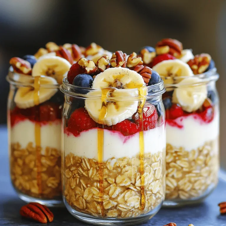 To create the perfect Maple Pecan Overnight Oats, gather these simple ingredients: - 1 cup rolled oats - 2 cups almond milk (or any milk of your choice) - 1/4 cup pure maple syrup - 1/2 cup Greek yogurt (or your favorite dairy-free alternative) - 1/2 teaspoon vanilla extract - 1/2 teaspoon ground cinnamon - 1/4 teaspoon sea salt - 1/2 cup pecans, roughly chopped - Fresh fruit (such as sliced bananas or a mix of berries) for topping Each ingredient plays a role in flavor and texture. The rolled oats provide a hearty base. Almond milk offers creaminess, while maple syrup gives that sweet, rich taste. Greek yogurt adds protein and smoothness, balancing the oats perfectly. Vanilla and cinnamon enhance the flavor, making each bite delightful. The sea salt brings out the sweetness, and pecans add crunch. Fresh fruit on top makes it colorful and adds freshness. For the full recipe, check out the details on how to prepare this delicious dish. First, grab a large mixing bowl. In this bowl, combine 1 cup of rolled oats, 2 cups of almond milk, and 1/4 cup of pure maple syrup. Add 1/2 cup of Greek yogurt, 1/2 teaspoon of vanilla extract, 1/2 teaspoon of ground cinnamon, and 1/4 teaspoon of sea salt. Use a whisk or spoon to stir everything together. Keep mixing until the mixture looks creamy and well blended. This step is key for great texture. Next, take 1/2 cup of roughly chopped pecans. Gently fold them into the oat mixture. Make sure to distribute the pecans evenly throughout. This adds a nice crunch and nutty flavor that makes each bite special. Now it’s time to store your mixture. Spoon the oats into mason jars or any airtight containers you have. Seal each container tightly. This helps keep your oats fresh. Place the jars in the refrigerator. Let them chill for at least 6 hours, but overnight is best. This soaking time allows the oats to absorb all the flavors. When you’re ready to eat, just stir, add some fresh fruit, and enjoy! For the full recipe, check here. The best soaking time for your oats is overnight. This gives the oats time to soak up the flavors. If you wait six hours, that works too, but overnight is best. The oats will become soft and creamy. You want each bite to be full of flavor. Top your oats with fresh fruit. Sliced bananas and a mix of berries are my favorites. You can also sprinkle extra chopped pecans on top for a nice crunch. For a pretty display, layer your oats in clear jars. A light dusting of cinnamon and a drizzle of maple syrup makes it look inviting. If you like your oats sweeter, add more maple syrup. Start with a little and taste as you go. This way, you can get the sweetness just right for your palate. Remember, everyone enjoys different levels of sweetness! {{image_4}} If you want to make your Maple Pecan Overnight Oats dairy-free, it's easy! You can swap out Greek yogurt for a dairy-free yogurt. Look for almond, coconut, or oat yogurt. For milk, use almond milk, coconut milk, or any other plant-based milk. These swaps keep the oats creamy and tasty. Want to spice things up? You can add a sprinkle of nutmeg or ginger to your oats. Just a pinch of these spices can make a big difference. They add warmth and depth to the flavor. You can also try cinnamon, which is already in the recipe. Each spice gives the oats a new twist. If you or someone you know has nut allergies, no worries! You can easily replace pecans. Try sunflower seeds or pumpkin seeds instead. These seeds will give you a nice crunch without any nuts. You can also add seeds to boost nutrition. Just make sure to adjust the amount to keep the taste balanced. For the full recipe, check out the Full Recipe section. Store your Maple Pecan Overnight Oats in airtight containers. This keeps the oats fresh and tasty. You can use mason jars or any container with a tight seal. Make sure to fill the jars to minimize air inside. Less air means less chance of spoilage. When you store the oats in the fridge, they stay fresh for up to five days. This makes them great for meal prep. You can make a batch on Sunday and enjoy them all week. Just remember to check for any off smells or changes in texture before eating. If you have leftovers, you can freeze the oats. Scoop portions into freezer-safe containers. Leave some space at the top because the oats will expand. You can freeze them for up to three months. When you're ready to eat, thaw them overnight in the fridge. Then, stir and enjoy! Yes, you can make Maple Pecan Overnight Oats ahead of time. I suggest making them the night before. This allows the oats to soak and soften. You can store the jars in the fridge for 3 to 5 days. Just keep them sealed well. This way, you have a quick breakfast ready to go! If you need a substitute for maple syrup, consider using honey or agave syrup. Both options will add sweetness. You could also use brown sugar mixed with water. Each alternative brings a slight change in flavor but keeps it sweet. Yes, overnight oats are healthy! They are packed with fiber from the oats. This keeps you full longer. Greek yogurt adds protein, great for muscle health. Pecans provide healthy fats and nutrients. Plus, if you add fresh fruit, you boost the vitamins even more! To enjoy your oats warm, you can reheat them in the microwave. Just take off the lid, and heat for 30 seconds at a time. Stir in between to check the warmth. You can also enjoy them cold straight from the fridge. Both ways are tasty! This blog post showed you how to make maple pecan overnight oats. You learned the perfect ingredients, mixing steps, and tips for a tasty breakfast. Remember to soak the oats overnight for the best flavor. You can customize this recipe with different fruits and spices. Enjoy experimenting with dairy-free or nut-free options. With the right storage, your oats stay fresh for days. Now it’s time to try this easy and healthy recipe on your own!