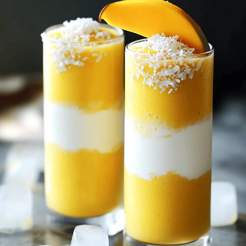 - 1 ripe mango, peeled and diced - 1 cup coconut milk - 1/2 banana, sliced and frozen - 1 tablespoon honey or maple syrup - 1/2 teaspoon vanilla extract - 1/4 cup Greek yogurt - 1/4 cup unsweetened shredded coconut - Ice cubes for colder texture Mango coconut smoothies are a delightful treat. The main ingredients are simple: one ripe mango, coconut milk, and half a frozen banana. These give the smoothie its rich, creamy texture. The mango adds a sweet, tropical flavor, while the coconut milk brings in a smooth richness. I love using a frozen banana because it makes the smoothie thick and cold. For added sweetness, I often include one tablespoon of honey or maple syrup. You can adjust this based on your taste. A half teaspoon of vanilla extract adds depth, making the flavors pop. I also add a quarter cup of Greek yogurt for extra creaminess and a protein boost. If you want to take it up a notch, try adding some optional ingredients. Unsweetened shredded coconut gives a nice texture and flavor. Ice cubes can make your smoothie colder and thicker. This full recipe is easy to follow and gives you a refreshing drink perfect for any time of day. To start, grab a high-power blender. Add the diced mango, coconut milk, and frozen banana slices. Next, include the honey and vanilla extract. Blend these ingredients together until they form a smooth base. This mix brings together the sweet taste of mango with creamy coconut. Now, it’s time to make your smoothie richer. Add the Greek yogurt into the blender. This ingredient adds protein and makes the smoothie extra creamy. Toss in the unsweetened shredded coconut as well. Blend again until everything is well mixed. You want a silky texture that feels good to drink. Check how thick your smoothie is. If you want it thinner, pour in more coconut milk gradually. Blend again until you reach the perfect consistency. If you prefer a colder drink, add some ice cubes. Blend once more to make it icy and refreshing. Taste your smoothie and adjust sweetness with more honey if needed. For the full recipe, refer to the earlier section. To make your mango coconut smoothie sweeter, try adding more honey or maple syrup. Start with a tablespoon, blend, and taste. If you want more flavor, add a pinch of cinnamon or a squeeze of lime juice. These small tweaks can make a big difference! When serving your smoothie, use tall glasses to show off the vibrant color. Top each glass with a sprinkle of shredded coconut. You can also add a fresh mango slice on the rim for a fun touch. This makes your drink look as good as it tastes! For the best results, use a high-power blender. A good blender will create a smooth and creamy texture. If you want to make smoothies often, consider getting a blender with a setting for frozen fruits. This will help you whip up delicious blends in no time! {{image_4}} You can make your Mango Coconut Smoothie even more fun! Try adding other fruits. Pineapple gives a nice sweetness and tang. It pairs well with mango. You can also toss in some frozen berries for a pop of color and flavor. Bananas add creaminess and a nice texture. Feel free to mix and match your favorite fruits for a unique twist! If you're avoiding dairy, there are great substitutes. Instead of Greek yogurt, use coconut yogurt for a creamy texture. Almond or oat milk are excellent choices instead of coconut milk. They keep your smoothie light and refreshing. You can also try cashew milk for a rich and creamy taste. These swaps make your smoothie just as tasty and creamy! Want to add more protein? It’s easy! You can mix in protein powder that fits your diet. Look for plant-based options if you prefer. Chia or hemp seeds are great choices too. They add protein and healthy fats without changing the taste much. Just a tablespoon or two will give your smoothie a healthy boost. You’ll feel full and satisfied longer! For the full recipe, check out the main section above and enjoy your delicious blend! After making your mango coconut smoothie, you might have some left over. To keep it fresh, pour it into an airtight container. Seal it tightly and place it in the fridge. This way, it stays cool and tasty for up to two days. Remember, the longer it sits, the more it may separate. Just give it a good shake or stir before enjoying it again. If you want to save your smoothie for later, freezing is a great option. Pour the smoothie into ice cube trays or freezer-safe bags. This method makes it easy to thaw just the right amount later. When you're ready to drink it, simply take out the frozen cubes or bag, place it in the fridge overnight, or let it thaw on the counter for a few hours. You can also blend it again for a smooth texture. The shelf life of the smoothie depends on its ingredients. Fresh mangoes can last about five days in the fridge. Coconut milk usually lasts about a week once opened. Greek yogurt will stay fresh for one to three weeks, depending on the date on the container. The smoothie itself, if stored well, can last up to two days in the fridge and about three months in the freezer. Always check for any changes in smell or color before consuming. A Mango Coconut Smoothie is packed with nutrients. The ripe mango is rich in vitamins A and C. It helps boost your immune system and skin health. Coconut milk adds healthy fats that support heart health. Greek yogurt brings protein to the mix, which aids muscle repair. This smoothie also has fiber from the mango and banana, promoting a healthy digestive system. Together, these ingredients create a refreshing drink that is both tasty and good for you. Yes, you can use frozen mango. Frozen mango is often picked at peak ripeness. This means it holds the same nutrients as fresh mango. Using frozen mango also makes your smoothie colder and thicker. It blends easily and gives a creamy texture, perfect for hot days. Plus, it saves time since you don’t need to peel and chop fresh fruit. To make this Mango Coconut Smoothie vegan, swap the Greek yogurt for a plant-based yogurt. There are many delicious options like coconut yogurt or almond yogurt. Instead of honey, use maple syrup or agave nectar for sweetness. These small changes keep the flavors bright and fresh while making the smoothie vegan-friendly. Enjoy this delightful drink without any animal products! For the full recipe, check out the details above! This blog post showed you how to make a delicious mango coconut smoothie. We covered the main ingredients, optional extras, and step-by-step instructions. You learned tips for flavor, serving, and equipment. There are also variations and storage tips to keep your smoothie fresh. This recipe is simple and fun. You can adjust it to your taste and needs. Enjoy experimenting, and savor each refreshing sip!