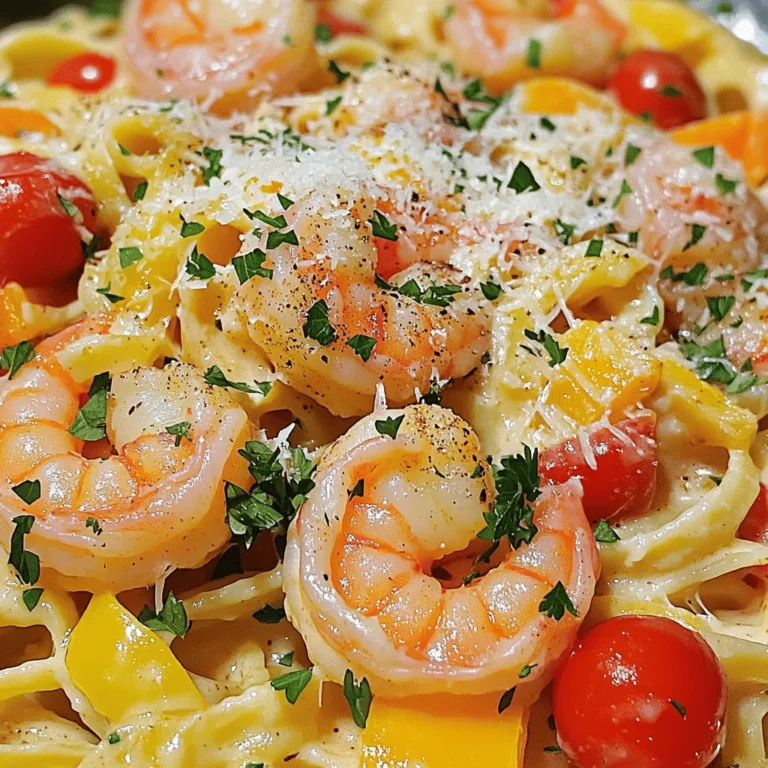 - 8 oz linguine or fettuccine - 1 lb shrimp, peeled and deveined - 2 tablespoons Cajun seasoning - 2 tablespoons olive oil - 4 cloves garlic, finely minced - 1 bell pepper, sliced (any color for vibrancy) The heart of this dish is the pasta and shrimp. You can choose linguine or fettuccine. Both work well and hold the sauce nicely. The shrimp should be fresh, peeled, and deveined. Cajun seasoning brings the kick. You want a good mix of spices to create bold flavors. Olive oil adds richness while garlic and bell pepper give depth to the dish. - 1 cup cherry tomatoes, halved - 1 cup heavy cream - 1/2 cup freshly grated Parmesan cheese - Salt and freshly ground black pepper to taste - Fresh parsley, finely chopped (for garnish) Cherry tomatoes add a sweet burst. Heavy cream makes the sauce smooth and rich. Parmesan cheese gives a nice cheesy flavor. You can adjust salt and pepper to your taste. Fresh parsley not only looks good but also adds freshness. - You can swap linguine for penne or spaghetti if you prefer. - For a dairy-free option, use coconut milk or almond milk instead of cream. These substitutions keep the dish tasty. Just remember, the key is to maintain balance in flavors. To cook the pasta, start by boiling water in a large pot. Add a good amount of salt to the water. This step adds flavor to the pasta. Once the water boils, add the linguine or fettuccine. Cook it according to package instructions, usually about 8 to 10 minutes. You want it to be al dente, which means it should be firm but not hard. To check, taste a piece before draining. When it's done, drain it in a colander. Reserve a little pasta water for the sauce later. This water adds flavor and helps the sauce stick. Next, season the shrimp. Place the peeled and deveined shrimp in a bowl. Sprinkle the Cajun seasoning over them. Toss gently until all the shrimp are coated evenly. The seasoning gives the shrimp a nice kick. Now, let’s sauté the garlic and bell pepper. Heat olive oil in a large skillet over medium heat. Once hot, add minced garlic and sliced bell pepper. Stir them for about 2 to 3 minutes. You want the bell pepper to soften and the garlic to become fragrant. Now, it's time to make the creamy sauce. Add the seasoned shrimp to the skillet with the garlic and bell pepper. Cook the shrimp for about 3 to 4 minutes. Flip them halfway through so they cook evenly. They should turn pink and opaque when done. Then, stir in halved cherry tomatoes. Let them cook for about 2 minutes until they soften. After that, reduce the heat to low. Pour in the heavy cream and let it simmer gently for 1 to 2 minutes. You don’t want it to boil. Gradually mix in the grated Parmesan cheese. Keep stirring until the cheese melts and the sauce is creamy. If the sauce is too thick, add a splash of the reserved pasta water until it reaches your desired consistency. For the full recipe, check the section above. To make your Cajun shrimp pasta shine, balance your spices well. Cajun seasoning brings heat, but too much can overwhelm. Start with two tablespoons. Taste and adjust if needed. Keep the spices vibrant but not overpowering. To enhance the creaminess of the sauce, use heavy cream. This gives a rich texture. If you want a lighter option, try half-and-half. Mix in freshly grated Parmesan cheese for depth. It melts beautifully, adding flavor and creaminess. Presentation matters. Serve your pasta in wide, shallow bowls. This makes the dish look more inviting. Add extra Parmesan on top along with a sprig of fresh parsley. It adds color and freshness. Pair your dish with garlic bread or a simple salad. A crisp green salad complements the rich pasta well. If you enjoy wine, a chilled white pairs nicely with the flavors. Meal prep helps save time. Cook the pasta and shrimp ahead. Store them separately in airtight containers. When ready to eat, just heat and combine. For quick-cook variations, use pre-cooked shrimp. This cuts down cooking time. You can also use frozen pasta, which cooks faster. This way, you can enjoy your Cajun shrimp pasta in no time! Check out the Full Recipe for detailed steps! {{image_4}} To make this dish creamier, add more heavy cream. You can start with one cup and adjust to your taste. If you want a richer flavor, use half-and-half or whole milk. Taste the sauce as you go. Adding extra Parmesan cheese will also boost the creaminess and flavor. Try mixing in some seasonings like smoked paprika for depth. Want more heat in your pasta? Add red pepper flakes or cayenne pepper to the Cajun seasoning. Start with just a pinch, then taste as you go. You can also mix in some diced jalapeños while cooking the shrimp. This gives your dish a fresh, spicy kick. Don’t forget to balance the heat with creamy elements like the sauce. Add extra veggies to boost nutrition. Spinach, zucchini, or mushrooms work well. Sauté them with the garlic and bell pepper for even cooking. You can also toss in some sweet corn or peas near the end. This makes the dish colorful and adds more flavor. Using seasonal vegetables can make this dish even more vibrant. For the full recipe and more details, check the [Full Recipe]. To keep your Cajun shrimp pasta fresh, let it cool first. Place the pasta in an airtight container. Store it in the fridge for up to three days. Make sure to seal the container well. This helps prevent moisture loss and keeps flavors intact. If you have more than one serving, divide it into smaller portions. This way, you can grab just what you need. Reheating pasta can be tricky. You want to keep it creamy and not dry. I recommend using the stovetop. Add a splash of water or broth to the pan. Heat over low to medium heat. Stir often until heated through. This helps maintain the texture. If you're in a hurry, you can use the microwave. Place it in a microwave-safe bowl, cover it, and heat in short bursts. Stir in between to avoid hot spots. Freezing Cajun shrimp pasta is easy. First, let the dish cool completely. Then, pack it in a freezer-safe container. Leave some space at the top to allow for expansion. You can freeze it for up to three months. To reheat, thaw it in the fridge overnight. Then, follow the reheating tips to warm it up. This way, you can enjoy this delicious dish later. For the full recipe, check out the earlier section! Cajun shrimp pasta lasts about 3 to 4 days in the fridge. To track freshness, use these tips: - Store the pasta in an airtight container. - Label the container with the date you made it. - Check for any off smells or changes in texture before eating. Yes, you can use frozen shrimp. Just be sure to thaw it first. To adapt the recipe with frozen seafood: - Place shrimp in a bowl of cold water for quick thawing. - Change the water every 10 minutes until it’s defrosted. - After thawing, pat the shrimp dry before seasoning. You can use lighter or dairy-free alternatives for heavy cream. Here are a few options: - Use coconut milk for a rich flavor. - Substitute with almond milk mixed with a little flour for thickness. - Greek yogurt can add creaminess with fewer calories. Cajun shrimp pasta brings bold flavors to your table. We explored key ingredients like shrimp, pasta, and spices. I shared step-by-step cooking methods for perfect results. Tips on flavor balancing and serving made it even better. Remember to store leftovers correctly to enjoy later. Try different variations, like veggie-loaded or spicy options, to keep it fresh. Cooking this dish can be fun and rewarding! Keep experimenting to make it just right for you.