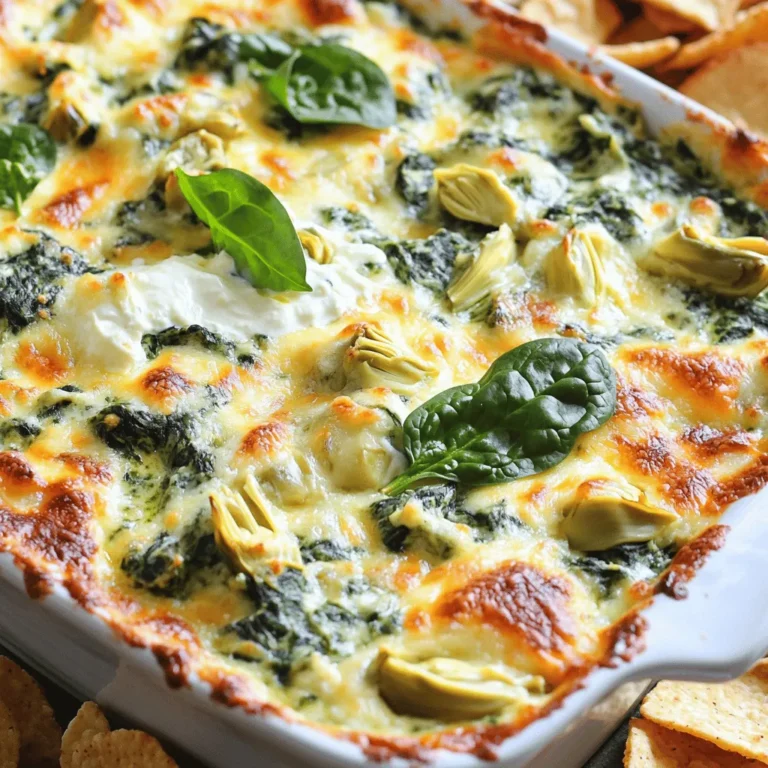 - 1 cup fresh spinach, finely chopped - 1 cup canned artichoke hearts, thoroughly drained and coarsely chopped - 1 cup cream cheese, brought to room temperature for easy mixing - 1 cup sour cream, preferably full-fat for creaminess - 1 cup shredded mozzarella cheese, plus extra for topping - 1/2 cup grated Parmesan cheese, with some reserved for garnish To make a tasty spinach artichoke dip, you need a few key ingredients. Spinach adds color and health. Artichoke hearts bring a soft and nutty taste. Cream cheese and sour cream create a rich base. The cheeses, mozzarella and Parmesan, give it a gooey texture and flavor. - 2 cloves garlic, minced to release the aroma - 1 teaspoon freshly squeezed lemon juice for a hint of brightness - 1/2 teaspoon red pepper flakes (optional, for a kick) - Salt and freshly cracked black pepper to taste - 1/2 teaspoon dried oregano to enhance the flavor Seasonings make the dip come alive. Minced garlic adds depth. Lemon juice brightens the taste. Red pepper flakes give it a little heat, but you can skip them if you prefer milder flavors. Salt and pepper balance the taste, while oregano adds a hint of earthiness. - Variations on Cheese - Fresh Herbs You can also play with cheese types. Goat cheese or cheddar can offer new flavors. Fresh herbs like basil or parsley will add freshness. Feel free to experiment to find your perfect version. This dip is all about what you enjoy! For the full recipe, check out the Creamy Spinach Artichoke Bliss Dip. - Prepping the Ingredients: Start by washing and finely chopping 1 cup of fresh spinach. Drain and coarsely chop 1 cup of canned artichoke hearts. Mince 2 cloves of garlic. This prep makes your dip tasty and fresh. - Mixing the Base: In a large bowl, mix 1 cup of softened cream cheese and 1 cup of sour cream. Use a spatula or mixer until the mixture is smooth. Then, add the chopped spinach, artichokes, minced garlic, 1 teaspoon of lemon juice, 1 cup of shredded mozzarella cheese, and 1/2 cup of grated Parmesan cheese. Season with 1/2 teaspoon of dried oregano, salt, and pepper. Stir well to combine everything evenly. - Transferring to Baking Dish: Once mixed, transfer the creamy dip into a baking dish. Smooth the top with your spatula, so it bakes evenly. - Baking Time and Temperature: Preheat your oven to 375°F (190°C). Place the baking dish in the oven and bake for 20-25 minutes. Look for bubbling and a golden brown top to know it’s ready. - Cooling Period: After baking, take the dish out of the oven. Let it cool for a few minutes to avoid burning your mouth. - Presentation Tips: Serve the dip warm. Top with a sprinkle of extra Parmesan cheese and a few fresh spinach leaves for color. Pair it with crispy pita chips or sliced veggies for a fun dipping experience. Enjoy your creamy spinach artichoke bliss dip! Achieving a Creamy Texture To get that perfect creamy texture, use room temperature cream cheese. When it’s soft, it mixes well. Blend it with sour cream until smooth. This base makes the dip rich and satisfying. Avoiding a Watery Dip A watery dip can ruin your dish. To avoid this, drain the artichokes well. If using fresh spinach, cook it first to remove excess moisture. This step keeps your dip thick and creamy. Adding Extra Spice If you like heat, add red pepper flakes. Start with a small amount and taste as you go. You can also try hot sauce for a different kick. Balancing Ingredients Balancing flavors is key. Mix salty and tangy ingredients like cheese and lemon juice. This combination enhances the overall taste. Adjust seasonings to fit your preference for a perfect flavor. Pairing Options Serve your dip with crunchy pita chips or fresh veggies. Both options are great for scooping and add a nice crunch. You can also use tortilla chips for a fun twist. Serving Temperature Tips Always serve the dip warm. It tastes best when it’s bubbling right out of the oven. If it cools, reheat it gently to keep it creamy. Enjoy this dish with friends or at your next party! {{image_4}} You can change the cheese for a new taste. Goat cheese adds a tangy twist. Cheddar brings a sharp flavor that many love. If you want a creamy dip but prefer plant-based options, try vegan cheese. Many brands offer great vegan alternatives that melt well. Want to add more flavor? Toss in other veggies. Bell peppers add crunch, while mushrooms give an earthy taste. You can also spice things up! Try adding red pepper for heat or fresh herbs like basil for a fresh kick. You can serve this dip baked or not baked. Baked versions are hot and bubbly. Non-baked dips are cool and creamy, perfect for warmer days. You can also use it as a dip or spread. Serve it with chips or spread it on bread. Explore these options to find your favorite way! Enjoy the full recipe for creamy spinach artichoke bliss dip and let your taste buds be your guide. After making this creamy spinach artichoke dip, you want to store it properly. - Refrigerator Storage: Place any leftover dip in an airtight container. It stays fresh in the fridge for up to three days. Make sure to cool it down before sealing. This helps keep the dip creamy and tasty. - Freezing Options: You can freeze the dip too! Use a freezer-safe container or bag. It can last for about two months in the freezer. Just remember to label it with the date. When you're ready to enjoy it again, let it thaw in the fridge overnight. Reheating your dip correctly is key to keeping its flavor and texture. - Best Methods to Reheat: The best way to reheat the dip is in the oven. Preheat your oven to 350°F (175°C). Transfer the dip to a baking dish and heat for about 15-20 minutes. You can also use the microwave. Heat it in short bursts of 30 seconds, stirring in between. - Maintaining Creaminess: To keep the dip creamy while reheating, add a splash of cream or milk. This will help bring back its smooth texture. Stir the dip well after reheating. Knowing how long your dip lasts is important for food safety. - How Long It Lasts in the Fridge: In the fridge, your dip lasts about three days when stored properly. If you see any signs that it's starting to spoil, such as a change in color or smell, it's best to toss it. - Signs of Spoilage: Watch for mold or an off smell. If the dip smells sour or looks slimy, it’s time to throw it away. Always trust your gut when it comes to food safety! What can I serve with Spinach Artichoke Dip? You can serve this dip with many tasty options: - Crispy toasted pita chips - Fresh vegetable sticks like carrots or celery - Crunchy tortilla chips - Soft bread slices or toasted baguette These choices make great dippers and add fun to your meal. Can I make this dip ahead of time? Yes, you can prepare the dip a day before. Just mix the ingredients and place them in a baking dish. Cover it tightly and store it in the fridge. When you’re ready to bake, just pop it in the oven. Is Spinach Artichoke Dip healthy? It can be healthy! Spinach and artichokes are packed with nutrients. However, watch out for the cream cheese and sour cream. Using low-fat or Greek yogurt can make it healthier. Why did my dip turn out too salty? Too much salt can come from the cheeses or artichoke hearts. Always taste as you mix. If it tastes salty, add a bit more spinach or cream cheese. This can help balance the flavor. How can I make my dip thicker? If your dip is too runny, add more cream cheese. You can also try adding a bit of grated cheese. This helps make the dip creamy and thick. What can I use instead of sour cream? You can use Greek yogurt for a healthy twist! It has a similar taste and texture. Cream cheese can also work well if you want a richer dip. How to make it gluten-free? Most ingredients are gluten-free. Just be sure to choose gluten-free dippers. You can use veggies or gluten-free chips to enjoy the dip worry-free. For the full recipe, check out the Creamy Spinach Artichoke Bliss Dip section. To wrap up, we explored the key ingredients and steps for making a delicious spinach artichoke dip. Fresh spinach, cream cheese, and a mix of cheeses create a rich base. I shared helpful tips to ensure a perfect creamy texture and flavor. Variations and storage advice let you customize your dip to your liking. With these insights, you'll impress your guests and elevate your snacking game. Dive in, experiment, and enjoy every bite!