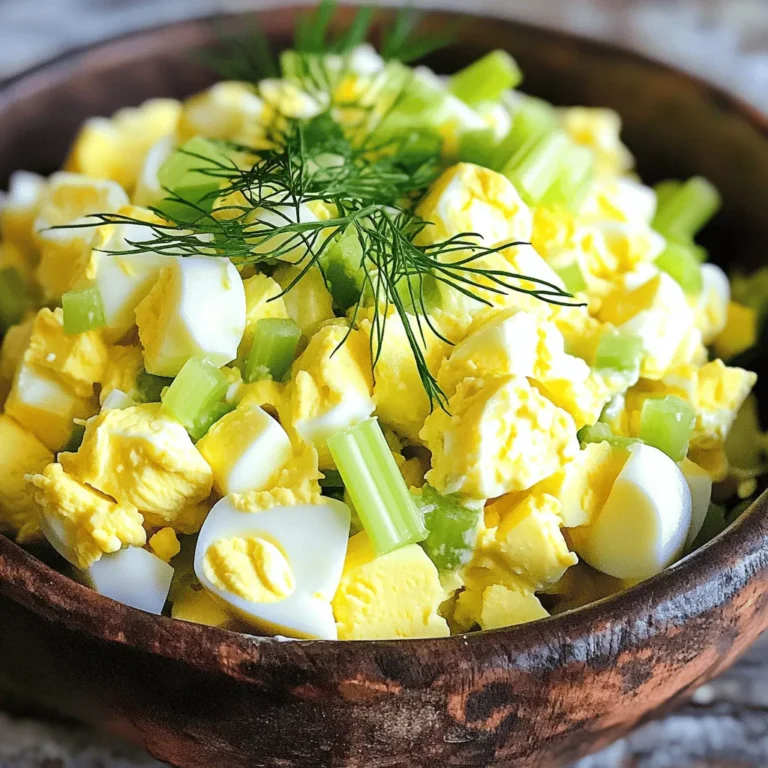 - 6 large eggs - 1/4 cup mayonnaise - 1 tablespoon Dijon mustard - 1 tablespoon fresh lemon juice - 2 tablespoons finely chopped celery - 2 tablespoons finely chopped green onion - 1/4 teaspoon garlic powder - Salt and black pepper to taste - Fresh dill sprigs In this classic egg salad recipe, the main ingredients bring a lot of flavor. The eggs are the star and provide protein and richness. Mayonnaise adds creaminess, while Dijon mustard gives a nice tang. Fresh lemon juice brightens the mix. Celery and green onion add crunch and freshness. Garlic powder enhances the flavor without being overpowering. You can adjust salt and pepper to your taste. If you want to get fancy, fresh dill sprigs make a beautiful garnish. They also add a lovely herbal note. This egg salad is easy to make and perfect for a light lunch or snack. For the full recipe, check out Eggcellent Delight Egg Salad. How to boil eggs perfectly: Start by placing six large eggs in a pot. Make sure they sit in a single layer. Cover the eggs with cold water, about an inch above them. Heat the pot on medium-high until the water boils. Cooling eggs in an ice bath: Once the water boils, take the pot off the heat. Cover it and let the eggs sit for 12 to 14 minutes. Drain the hot water and move the eggs to an ice bath. This stops the cooking and cools them quickly. Let them sit in the ice bath for about five minutes. Combining mayonnaise, mustard, and seasonings: In a large bowl, mix together 1/4 cup mayonnaise, 1 tablespoon Dijon mustard, 1 tablespoon fresh lemon juice, 1/4 teaspoon garlic powder, salt, and pepper. Stir until it becomes creamy and smooth. Folding in chopped eggs and veggies: Chop the cooled eggs into small pieces. Add the chopped eggs, 2 tablespoons of finely chopped celery, and 2 tablespoons of finely chopped green onion to the bowl. Use a spatula to gently fold everything together. This keeps the eggs chunky for better texture. Adjusting seasoning: Taste the egg salad and decide if you need more salt or pepper. If you like, add some fresh dill for extra flavor. Refrigeration time for flavor melding: Cover the bowl with plastic wrap and chill the egg salad in the fridge for at least 30 minutes. This helps all the flavors blend nicely. For the full recipe, check out the Eggcellent Delight Egg Salad. To get the best texture in your egg salad, avoid over-mixing. Mix just enough to combine the ingredients. This keeps your eggs chunky and adds a nice bite. When chopping the eggs, use a sharp knife. Cut the eggs into small, even pieces. A gentle hand keeps them from turning mushy. For a tasty twist, add spices like paprika or cayenne pepper. These spices brighten the flavor and add depth. Fresh herbs also make a big difference. Try using chives, parsley, or dill for a fresh taste. Just a handful finely chopped can elevate your salad. When serving, think outside the bowl. Use lettuce cups for a fresh touch. You can also spread the egg salad on whole grain toast. For that extra pop, garnish with fresh dill sprigs. This adds color and makes your dish look inviting. {{image_4}} You can make your egg salad lighter by swapping mayonnaise with Greek yogurt. This swap adds protein and tanginess. You can also add avocado to the mix. It brings a creamy texture and healthy fats to your dish. To spice things up, try adding paprika or curry powder. These spices can elevate the flavor profile of your egg salad. You might also want to include diced bell peppers or radishes. They add crunch and color, making your salad even more appealing. Egg salad is versatile! You can serve it as a sandwich. Use your favorite bread or even a wrap for a tasty twist. Another option is to serve it as a salad or a dip with crackers. This gives your dish a fun and casual vibe. Enjoy exploring these variations for your egg salad! For the full recipe, check out the Eggcellent Delight Egg Salad. To keep your egg salad fresh, use a glass or plastic container with a tight lid. This helps seal in moisture and flavor. Always store it in the refrigerator. Before sealing, let it cool if it has been warm. You should eat egg salad within 3 to 5 days. After this time, it may spoil. Look for changes in smell or color to check for spoilage. If it smells bad or has a strange color, throw it away. Egg salad does not freeze well. Freezing can change its texture. If you must freeze it, use a freezer-safe container. To thaw, place it in the fridge overnight. Stir well before serving, but expect some changes in texture. For the full recipe, see the Eggcellent Delight Egg Salad. The best way to boil eggs is simple. Place six large eggs in a pot. Cover them with cold water, about an inch over the eggs. Heat the pot on medium-high until the water boils. When it boils, take the pot off the heat. Cover it and let the eggs sit for 12 to 14 minutes. This method gives you perfect hard-boiled eggs every time. To cool the eggs, fill a bowl with ice and water. After the time is up, drain the hot water from the pot. Move the eggs into the ice bath for about five minutes. This stops the cooking and makes peeling easier. Once cool, gently tap each egg on a hard surface to crack the shell. Peel them under running water for best results. Yes, you can make egg salad ahead of time. It keeps well in the fridge. I recommend making it up to two days in advance. Just cover the bowl with plastic wrap. Let the flavors meld in the fridge for at least 30 minutes before serving. This waiting time enhances the taste. If you want to store it longer, keep it in an airtight container. This will help it stay fresh. Just remember to check for any signs of spoilage before eating. Classic egg salad pairs well with many foods. You can serve it on whole grain toast for a quick meal. It also works great in lettuce cups for a fresh twist. If you want a light meal, try it with a side of fresh veggies. For a more filling option, serve it with potato chips or crackers. You can even enjoy it with a simple green salad. The options are endless, so get creative with your pairings! In this post, I shared how to make classic egg salad. We covered main ingredients, step-by-step instructions, and useful tips. Keeping the texture right and adding fresh herbs can enhance flavor. You learned how to store it and some fun variations. Now, egg salad can be a simple dish, but it's also quite versatile. With a few tweaks, you can suit your taste and occasions. Enjoy your egg salad journey!
