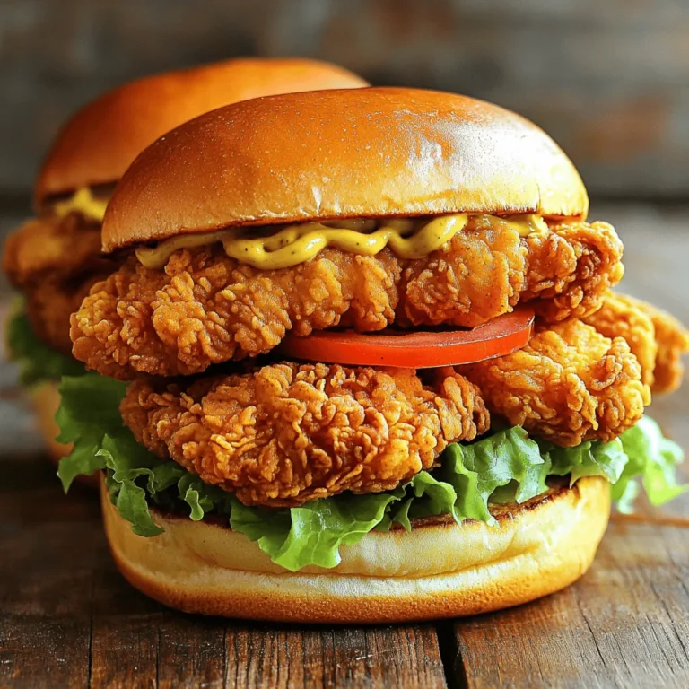 - 2 boneless, skinless chicken breasts - 1 cup buttermilk - 1 cup all-purpose flour - 4 brioche burger buns - 1 teaspoon paprika - 1 teaspoon garlic powder - 1 teaspoon onion powder - 1/2 teaspoon cayenne pepper - Salt and black pepper to taste - 1/2 cup mayonnaise - 2 tablespoons honey - 1 tablespoon Dijon mustard - 1 cup fresh lettuce leaves - 1 large tomato, sliced - Vegetable oil for frying I love the way these ingredients come together. The chicken, soaked in buttermilk, gets super tender and juicy. The flour mix with spices adds flavor and a perfect crunch. The brioche buns bring a sweet touch, making every bite delightful. Fresh lettuce and tomato add color and crunch. The sauce, made with mayo, honey, and Dijon, ties it all together for a burst of flavor. For the full experience, don’t forget the crunchy fries on the side! This crispy chicken sandwich will surely impress anyone who tries it. - Submerge chicken breasts in buttermilk. - Refrigerate for at least 1 hour. Marinating the chicken makes it juicy and tender. Buttermilk adds flavor. If you have time, let it sit overnight for the best taste. - Combine flour, spices, and seasoning in a bowl. - Mix until well blended. In a large bowl, mix flour, paprika, garlic powder, onion powder, cayenne pepper, salt, and black pepper. This blend gives the chicken a great flavor and crunch. Make sure it’s all mixed well so every bite is tasty. - Coat chicken in seasoned flour. - Heat oil and check temperature. - Fry chicken until golden and cooked through. After marinating, take out the chicken and let extra buttermilk drip off. Dredge each piece in the seasoned flour, pressing firmly. Heat vegetable oil in a skillet to 350°F (175°C). To test, drop a small piece of bread into the oil; it should sizzle right away. Carefully add the chicken and fry for 5-7 minutes on each side. The chicken should be golden brown and reach 165°F (75°C) inside. If needed, work in batches to keep the oil hot. Now, you have crispy chicken ready to make your sandwich shine! For the complete process, look at the Full Recipe above. Enjoy each step, and soon you’ll have a delicious crispy chicken sandwich to savor. Marination is key for flavor. Soak your chicken in buttermilk for at least one hour. This step makes the meat tender and juicy. For extra crunch, try double frying. Fry the chicken once, then let it rest. After a few minutes, fry it again until golden. This gives a crispy outer layer that you will love. Keeping the oil at the right temperature is crucial. Heat the oil to 350°F (175°C). Use a thermometer for accuracy. If you don’t have one, drop a piece of bread in the oil. It should sizzle right away. Avoid overcrowding the pan. Too much chicken lowers the oil temperature and affects crispiness. Fry in batches for the best results. Layering your sandwich makes a big difference. Start with the honey mustard mayo on the bottom bun. Add fresh lettuce leaves for crunch. Then, place a slice of tomato. Finally, put the crispy chicken on top. This way, each bite is full of flavor. Use a brioche bun for a soft, buttery finish. Enjoy every mouthful! {{image_4}} Want to spice up your crispy chicken sandwich? You can add more cayenne or hot sauce to the seasoning mix. This gives your chicken a bold kick. If you like heat, try using a spicy aioli or sriracha mayo instead of regular mayo. Both options will take your sandwich to the next level. Spicy flavors pair well with fresh lettuce and juicy tomatoes. Looking for a lighter option? You can use an air-fryer to cook your chicken. This method cuts down on oil and keeps the chicken crispy. Swap out regular buns for whole grain buns. They add fiber and taste great. You can also make homemade sauces. A yogurt-based sauce can replace mayonnaise for a fresher taste. If you want a meatless version, use plant-based chicken substitutes. Many brands offer tasty options that mimic the texture of chicken. You can also create veggie patties. Use black beans, chickpeas, or lentils as your base. Add spices and breadcrumbs for flavor and crunch. These options make your sandwich just as satisfying without meat. For the full recipe, check out the detailed guide at the end of this article. To keep your crispy chicken sandwich fresh, store it in the fridge. Place the leftovers in an airtight container. This helps to keep the chicken moist and tasty. Use a container that fits the sandwich well. If you have extra chicken, wrap it in plastic wrap or foil before putting it in a container. When you want to enjoy your sandwich again, reheat it carefully. The best way to keep it crispy is to use an oven. Preheat your oven to 375°F (190°C). Place the sandwich on a baking sheet and cover it loosely with foil. Heat for about 10-15 minutes. This method helps to avoid sogginess. If you want to heat just the chicken, place it directly on the oven rack for extra crispiness. You can freeze assembled sandwiches, but it’s best to freeze the chicken and sauce separately. Wrap the chicken in plastic wrap and place it in a freezer bag. For the sauce, use a small container. When you’re ready to eat them, thaw the chicken in the fridge overnight. Reheat it in the oven as mentioned above. You’ll enjoy a crispy sandwich that tastes fresh! To make a crispy chicken sandwich, follow these key steps: First, marinate your chicken breasts in buttermilk for at least one hour. This makes the chicken juicy and tender. Next, prepare a seasoned flour mixture with spices like paprika, garlic, and onion powder. Afterward, coat the marinated chicken in this mixture. Heat oil in a skillet to fry the chicken until golden brown. Finally, assemble your sandwich with fresh toppings and sauce. The oil should be at 350°F (175°C) for frying chicken. This temperature ensures that the chicken cooks evenly and gets crispy. To check if the oil is ready, drop a small piece of bread into it. If it sizzles right away, you're good to go. Yes, you can use various types of bread. Some great options include whole grain, sourdough, or even ciabatta. Each type of bread brings its own flavor and texture. Brioche is soft and buttery, while sourdough adds a tangy crunch. Choose what you like best! To keep your chicken crispy in the sandwich, avoid adding too many wet toppings. Use fresh lettuce and slice your tomato thinly. Also, wait a few minutes before assembling to let the chicken cool slightly. This way, steam won't make the bread soggy. You can find the Full Recipe for the crispy chicken sandwich at the end of this article. It has all the details you need for a perfect sandwich. You now have all the tools to create a delicious crispy chicken sandwich. We covered the key ingredients, from chicken to seasoning, and discussed cooking techniques. I shared tips for perfect crunch and offered variations to fit your taste. Whether you want a classic version or a healthier option, there’s something for everyone. Storing and reheating tips help keep your leftovers tasty. Now, it’s time to get cooking and enjoy your tasty creation!
