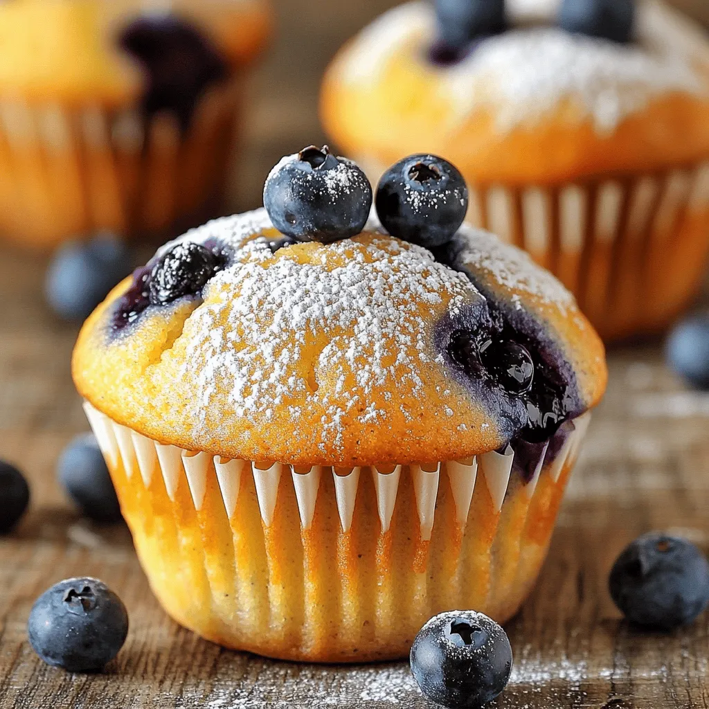To make healthy blueberry muffins, you need some simple, wholesome ingredients. Here’s what you will need: - 1 cup whole wheat flour - 1 cup almond flour - 1/3 cup honey or maple syrup - 1/2 cup unsweetened applesauce - 1/4 cup almond milk (or your preferred milk) - 2 large eggs - 1 teaspoon vanilla extract - 1 tablespoon baking powder - 1/2 teaspoon baking soda - 1/4 teaspoon salt - 1 cup fresh blueberries (or frozen if fresh are out of season) - Zest of 1 lemon (optional, for an added burst of flavor) These ingredients work together to create moist, flavorful muffins. Whole wheat flour and almond flour give a nice texture. Sweeteners like honey or maple syrup add natural sweetness. Applesauce keeps the muffins soft while cutting down on oil. Almond milk, eggs, and vanilla extract blend in rich flavors. Baking powder and baking soda help the muffins rise. Salt enhances all the flavors, while blueberries provide a juicy surprise in each bite. You can even add lemon zest for a fresh twist. Check the full recipe for more details. Start by preheating your oven to 350°F (175°C). This step is key for even baking. While the oven heats up, you can prepare your muffin tin. Line it with paper liners or grease it lightly. This will help the muffins come out easily after baking. In a medium bowl, mix your dry ingredients. Add 1 cup of whole wheat flour, 1 cup of almond flour, 1 tablespoon of baking powder, 1/2 teaspoon of baking soda, and 1/4 teaspoon of salt. Use a whisk to combine everything well. This helps to aerate the flour and makes your muffins light. In a larger bowl, combine your wet ingredients. Pour in 1/3 cup of honey or maple syrup, 1/2 cup of unsweetened applesauce, and 1/4 cup of almond milk. Crack in 2 large eggs and add 1 teaspoon of vanilla extract. If you want a zest of lemon, add it now. Whisk these ingredients until the mixture is smooth. Now, it’s time to mix! Gradually fold the dry ingredients into the wet mixture. Use a spatula and stir gently. Be careful not to overmix, or you will end up with dense muffins. Just combine until you see no more dry flour. Next, gently fold in 1 cup of fresh blueberries. Make sure not to squish them. Once combined, spoon the batter into your prepared muffin tin. Fill each cup about two-thirds full. This will give them room to rise. Place the tin in the oven and bake for 18-20 minutes. Check with a toothpick; it should come out clean with a few crumbs. When the muffins are done, take them out of the oven. Let them cool in the tin for about 5 minutes. After that, transfer them to a wire rack. Cooling them completely helps them keep a nice texture. Enjoy your healthy blueberry muffins! For the full recipe, refer back to the ingredients listed above. - Healthier alternative sweeteners: Instead of honey or maple syrup, you can use coconut sugar or agave syrup. These options have lower glycemic indexes. They add a nice flavor too. - Gluten-free options: If you need a gluten-free muffin, replace the whole wheat flour with a gluten-free blend. Look for a blend that includes xanthan gum for better texture. - Dairy-free alternatives: For a dairy-free muffin, use oat milk or coconut yogurt instead of almond milk. These options keep your muffins moist and tasty. For the best muffin texture, remember to mix the wet and dry ingredients separately first. This helps the muffins rise well. Avoid overmixing when you combine them. Stir just until you see no dry flour. This keeps your muffins soft and fluffy. To ensure even baking, fill each muffin cup the same. Aim for two-thirds full. Also, rotate the muffin tin halfway through baking. This helps them bake evenly, giving you a perfect golden color all around. {{image_4}} You can make these muffins even better with add-ins. Here are some tasty options: - Nuts and seeds: Chopped walnuts or almonds add crunch. Flaxseeds or chia seeds bring in healthy fats. - Other fruits: Try raspberries or chopped strawberries. They pair well with blueberries and add new flavors. - Chocolate chips or dried fruits: Add dark chocolate chips for sweetness. Dried cranberries or apricots can give a chewy texture. To make these muffins vegan, swap the eggs for flax eggs. Mix 1 tablespoon of flaxseed meal with 2.5 tablespoons of water. Let it sit for 5 minutes until thick. Use a plant-based milk for the almond milk. Maple syrup works great as a sweetener in place of honey. If you want mini muffins, use a mini muffin tin. Fill each cup halfway. Bake for 10-12 minutes, checking with a toothpick. You will get bite-sized treats that are perfect for snacks or breakfast. For the full recipe, check out the Berrylicious Blueberry Muffins! - Room Temperature: Store the muffins in an airtight container. They stay fresh for up to three days. Keep them in a cool, dry place. Avoid direct sunlight to prevent them from drying out. - Refrigeration: If you want to keep them longer, place them in the fridge. They can last up to a week. Wrap them in plastic wrap or aluminum foil to keep moisture in. - Freezing Options: Freezing is great for long-term storage. Place muffins in a freezer-safe bag or container. They can stay good for up to three months. When ready to eat, thaw them overnight in the fridge. To enjoy your muffins warm, you can reheat them easily. Here are some methods: - Microwave: Place a muffin on a microwave-safe plate. Heat for about 15-20 seconds. Check to see if it's warm enough, then serve. - Oven: Preheat your oven to 350°F (175°C). Wrap the muffins in foil and heat for about 10 minutes. This keeps them moist and delicious. - Toaster Oven: If you have a toaster oven, set it to 350°F (175°C) and heat for about 5-7 minutes. This method gives a nice crisp outside. These steps help you enjoy your berrylicious blueberry muffins at their best! To make blueberry muffins healthier, use whole wheat flour instead of all-purpose flour. You can also replace sugar with natural sweeteners like honey or maple syrup. Adding unsweetened applesauce cuts down on fat while keeping moisture. You can even swap some of the almond flour for oat flour or ground flaxseed for added fiber. Yes, you can use frozen blueberries. They work well in the recipe. Just remember to gently fold them in while frozen. This can help prevent them from breaking apart too much. You may want to add a minute or two to the baking time as frozen blueberries can cool the batter. If you lack almond flour, you can use all-purpose flour instead. Another good option is to use oat flour, which is easy to make by blending rolled oats. Just remember, each flour has different properties, so the texture may change slightly. To reduce sugar, cut the honey or maple syrup by one-third. You can add more applesauce for sweetness without extra sugar. Another option is to use mashed ripe bananas, which add natural sweetness and moisture to your muffins. The best way to check if muffins are cooked is to insert a toothpick into the center. If it comes out clean or with a few moist crumbs, they are done. If it comes out with wet batter, bake them a little longer. You learned how to make delicious blueberry muffins using simple ingredients. We covered the steps, from preheating the oven to storing them. You also found tips for texture, variations, and healthier options. Remember, these muffins can be tailored to suit your taste. Baking can be fun and creative. Enjoy your muffins warm or cold, knowing you made them yourself!